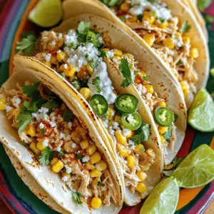 - 2 cups cooked chicken, shredded - 2 ears of corn, grilled and kernels cut off - 1/2 cup creamy mayonnaise - 1/2 cup cotija cheese, crumbled - 1 tablespoon freshly squeezed lime juice - 1 teaspoon chili powder - 1/2 teaspoon ground cumin - Salt and freshly cracked pepper to taste - 8 small corn tortillas - 1/4 cup fresh cilantro, chopped - 1 jalapeño, diced (optional) For these tacos, you will need fresh and simple ingredients. The chicken must be cooked and shredded. You can use leftover chicken or rotisserie chicken for ease. Grilled corn adds a sweet touch. If grilling corn seems too much, try canned corn, but fresh is best. The creamy mayonnaise makes a rich sauce. Mix in lime juice, chili powder, and cumin for a zesty kick. Cotija cheese adds saltiness and creaminess. Fresh cilantro gives a bright flavor. You can choose to add jalapeño if you like heat. It gives a nice crunch and spice. Small corn tortillas hold everything together. They are soft and perfect for wrapping. Gather all these ingredients to create a delightful meal. This dish is a feast for the eyes and the taste buds. Enjoy the fun of making these tacos with friends or family! In a medium bowl, mix together these four ingredients: - 1/2 cup creamy mayonnaise - 1 tablespoon freshly squeezed lime juice - 1 teaspoon chili powder - 1/2 teaspoon ground cumin Add a pinch of salt and pepper for taste. This sauce gives your tacos a zesty kick. After mixing, set the sauce aside for later. In a large skillet over medium heat, combine: - 2 cups cooked chicken, shredded - 2 ears of corn, grilled and kernels cut off Pour in half of the prepared sauce. Stir everything together for about 3 to 5 minutes. This will warm the chicken and corn while spreading the flavors. While your filling heats, warm your corn tortillas. You can do this in two ways: 1. Skillet: Place each tortilla in a skillet for about 30 seconds on each side. 2. Direct Flame: Hold them over a flame for a charred taste. This adds a fun twist. Grab your warmed tortillas. Spoon a generous portion of the chicken and corn mixture onto each one. Make sure to fill them well, so every bite is tasty. Now, drizzle the remaining sauce over the filling. Add these toppings: - 1/2 cup cotija cheese, crumbled - 1/4 cup fresh cilantro, chopped - 1 jalapeño, diced (optional) These toppings add flavor and color. Serve the tacos right away. Pair them with lime wedges for extra zest. This makes for a fun and fresh meal. You can impress your guests with colorful plates and garnishes too! To cook chicken for tacos, use tender shredded chicken. Start with boiled or roasted chicken. Boil it gently to keep it moist. Once cooked, shred it with two forks. This method helps the chicken soak up flavors. For corn, grilling gives it a smoky taste. Grill until the kernels are charred and juicy. Cut the kernels off the cob after grilling. This adds a nice crunch to your tacos. Spices make your tacos pop. Try adding more chili powder for heat. Cumin offers a warm flavor, so a little extra can help. For a twist, add a pinch of smoked paprika. It brings a depth that pairs well with corn. You can also adjust the lime juice to your taste. Fresh lime adds brightness. If you like it zesty, squeeze in more lime juice. Presentation matters. Arrange your tacos on a bright platter. Use colorful tortillas if you can find them. Drizzle extra sauce over the top for a glossy look. Garnish with a sprinkle of cilantro. This adds freshness and color. Serve with lime wedges on the side. It invites guests to add their own zing! {{image_4}} You can easily turn these tacos into a vegetarian delight. Instead of chicken, try using grilled mushrooms or diced zucchini. Both add great flavor and texture. For a creamy base, substitute the mayonnaise with a mix of avocado and lime juice. Top your tacos with extra cotija cheese and fresh veggies like red onion or bell peppers. This twist keeps the essence of the dish while making it plant-based. If you like heat, add more chili to your tacos. You can use fresh chilies like serrano or poblano for a vibrant kick. Alternatively, sprinkle in more chili powder or a dash of cayenne pepper into the chicken mixture. For those who crave extra spice, consider adding diced jalapeños right into the filling. This will amp up the flavor and heat in every bite. For a grain-free option, consider using lettuce wraps. Large leaves of romaine or butter lettuce work well here. They provide a crisp bite and help hold the filling. If you prefer tortillas, look for gluten-free options made from corn or almond flour. This way, you can still enjoy the full flavors of the dish while catering to dietary needs. To store your leftover filling and tortillas, follow these steps: - Filling: Place the chicken and corn mixture in an airtight container. This keeps it fresh for up to three days in the fridge. - Tortillas: Keep the tortillas in a zip-top bag. You can store them in the fridge for about a week. Make sure the filling cools before you seal the container. This helps prevent moisture, which can make the filling soggy. When it’s time to enjoy your leftovers, here’s how to reheat: - Filling: Heat the chicken and corn mixture in a skillet over medium heat. Stir it often until it’s warm. This should take about 5 minutes. - Tortillas: Warm the tortillas in a dry skillet. Cook each side for 30 seconds or until soft. You can also use a microwave; just cover them with a damp paper towel to keep them from drying out. Yes, you can freeze these tacos! Here’s how: - Filling: Place the cooled chicken and corn mixture in a freezer-safe bag. Remove as much air as possible before sealing. It can last up to three months in the freezer. - Tortillas: Freeze the tortillas in a separate bag. Layer them with parchment paper to keep them from sticking together. When you’re ready to eat, thaw the filling overnight in the fridge. Reheat as mentioned above. Enjoy your delicious tacos! Mexican street corn, or elote, has roots in Mexico. It is a popular street food. Vendors grill corn on the cob and top it with mayonnaise, cheese, and spices. The idea of combining this with chicken in tacos is modern and fun. It brings a twist to classic flavors. The dish now shines in many kitchens, blending tradition and creativity. Yes, using rotisserie chicken makes this dish quick and easy. You save time and still get great flavor. Just shred the chicken and mix it with the corn. This way, you can enjoy tasty tacos without much prep work. It’s a smart option for busy days. Popular toppings include crumbled cotija cheese, fresh cilantro, and lime wedges. You might also add diced jalapeños for a kick. Avocado or salsa are great choices too. Feel free to mix and match to suit your taste. The toppings can make your tacos even more exciting! To make these tacos gluten-free, use corn tortillas. Check the label to ensure they are certified gluten-free. You can also skip any sauces that contain gluten. This way, you can enjoy the full flavor without worry. Just be sure all your ingredients are gluten-free. Yes, you can prep parts of this dish ahead of time. Cook the chicken and corn mixture and store it in the fridge. You can also make the sauce in advance. Just warm everything up when you're ready to eat. This makes for quick assembly at mealtime, saving you stress! This article explores the delicious Mexican Street Corn Chicken Tacos. You learned about the key ingredients and step-by-step instructions for making them. I also shared tips to improve flavor and texture, along with enjoyable variations. Remember, these tacos are easy to customize and can be made ahead. Enjoy the process of creating and sharing this dish with others. Your taste buds will thank you for this tasty treat!