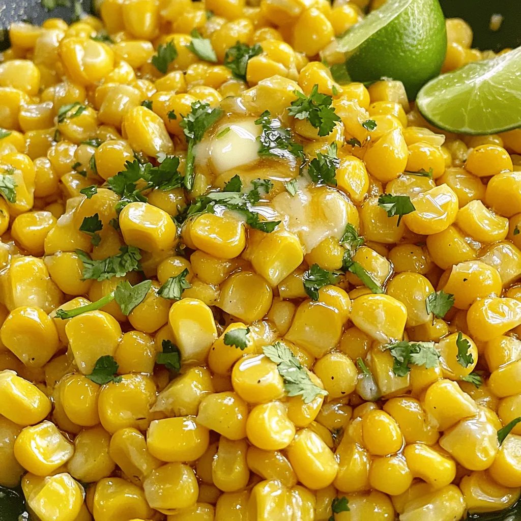 - 4 cups fresh corn kernels (approximately 6 ears of corn) - 4 tablespoons unsalted butter - 3 tablespoons honey (preferably wildflower or clover) - 1/2 teaspoon sea salt - 1/4 teaspoon freshly cracked black pepper - 1/4 teaspoon smoked paprika - 2 tablespoons fresh cilantro, chopped - Juice of 1 fresh lime To make Honey Butter Skillet Corn, start with fresh corn. Six ears will give you about four cups of kernels. If fresh corn is not available, frozen corn works too. Just thaw and drain it well. Next, you need unsalted butter. This adds a rich flavor to the dish. Honey is key for sweetness. I suggest wildflower or clover honey for the best taste. For seasoning, sea salt and freshly cracked black pepper bring balance. Smoked paprika adds a nice depth to the flavor. Fresh cilantro will brighten the dish. Finally, lime juice gives it a zesty twist. You can swap fresh corn for frozen corn if you want a quick option. Just make sure to thaw it first. For honey, try different types for unique flavors. You might choose orange blossom or tupelo honey. If you need a dairy-free option, substitute unsalted butter with plant-based butter. This keeps the dish creamy while making it suitable for various diets. Honey Butter Skillet Corn packs a punch in flavor and nutrients. It has about 180 calories per serving. Each serving provides healthy carbs from corn and fats from butter. Corn is high in fiber and vitamins, especially B vitamins. Honey adds natural sweetness and antioxidants. Using lime juice boosts vitamin C, which is great for your immune system. Overall, this dish is not only tasty but also nutritious! How to prepare fresh corn To prepare fresh corn, start by shucking the ears. Remove the husks and silk. Hold the cob upright and slice off the kernels. Collect them in a bowl. This gives you about 4 cups of corn. Thawing and draining frozen corn If you use frozen corn, take it out ahead of time. Place the corn in a bowl to thaw. Once thawed, drain any excess water. This keeps your dish from getting soggy. Melting butter in a skillet Grab a large skillet and set it on medium heat. Add 4 tablespoons of unsalted butter. Let it melt slowly. Swirl the pan to help it melt evenly. Once it foams and smells good, it’s ready. Sautéing corn kernels Add the corn to the melted butter. Sauté the kernels for about 5 to 7 minutes. Stir them often. You want them tender with a slight golden edge. This enhances the sweet flavor. Incorporating honey and spices Drizzle 3 tablespoons of honey over the corn. Stir well so the corn is coated. Then, add 1/2 teaspoon of sea salt, 1/4 teaspoon of black pepper, and 1/4 teaspoon of smoked paprika. Mix well and let it cook for another 2 to 3 minutes. This allows the spices to blend in. Adding lime juice and serving suggestions Take the skillet off the heat. Squeeze the juice of 1 fresh lime on top. Stir it in for a zesty kick. Taste it and adjust any seasonings as needed. Serve the corn in a nice dish and sprinkle chopped cilantro on top. You can also add lime wedges for extra flair. - Ensuring the right skillet temperature: Preheat your skillet on medium heat. This helps the butter melt without burning. If the butter foams and starts to brown, it’s too hot. - Avoiding overcooking the corn: Cook the corn for just 5-7 minutes. You want it tender but still crisp. Keep stirring to prevent sticking. - Options for adding more spice: If you like heat, add a pinch of cayenne pepper or some chili flakes. This adds a nice kick. - Using fresh vs. dried herbs: Fresh cilantro gives a bright taste. Dried herbs are fine, but fresh herbs are always best for flavor and aroma. - Serving suggestions for visual appeal: Use a rustic cast iron skillet for a cozy look. It keeps the dish warm and adds charm. - Garnishing ideas with lime and cilantro: Squeeze lime juice over the corn right before serving. Add extra cilantro on top for color and taste. This makes the dish pop! {{image_4}} You can easily change the taste of honey butter skillet corn. Adding cheese gives it a creamy touch. Try sharp cheddar or crumbly feta for a rich flavor. Mixing in other veggies like bell peppers or zucchini can also add color and crunch. These small changes can make your dish unique and fun. Want to make this dish vegan? Simply swap the butter for a plant-based option. Use coconut oil or vegan butter. For those who are gluten-free, this recipe is naturally safe. Just make sure the honey you choose is certified gluten-free. This way, everyone can enjoy this tasty treat. Seasonal herbs can brighten up your skillet corn. In spring, use fresh chives or dill for a fresh twist. In the fall, add warming spices like cinnamon or nutmeg for comfort. Adjust the sweetness to your taste, too. Some like it sweeter, while others prefer a savory touch. You can even add a dash of hot sauce for a kick! To keep your honey butter skillet corn fresh, place it in an airtight container. This helps lock in flavor and moisture. Store it in the fridge if you plan to eat it within the next few days. For longer storage, freezing is a great option. Just allow the corn to cool down, then transfer it to a freezer-safe bag or container. Make sure to remove as much air as possible to prevent freezer burn. When reheating skillet corn, aim to preserve its sweet and tender texture. The best way is to use a skillet over medium heat. Add a splash of water or broth to help revive the moisture. Stir frequently until it's heated through. You can also use the microwave. Place the corn in a bowl, cover it with a damp paper towel, and heat in short bursts, stirring in between. Honey butter skillet corn lasts about 3 to 5 days in the fridge. Always check for signs of spoilage, like an off smell or changes in color. If you see any mold or if it smells sour, it’s best to toss it. Proper storage helps ensure your delicious dish stays fresh longer. Yes, you can use frozen corn! Just make sure to thaw and drain it first. This saves time and still gives you great flavor. Frozen corn is sweet and tender too. I often use it when fresh corn is out of season. To add some heat, try adding cayenne pepper or chili powder. Start with a small amount, then taste. You can also add diced jalapeños for a fresh kick. If you love spice, go for a spicy honey instead of regular honey. Honey butter skillet corn goes well with grilled chicken or pork chops. It also pairs nicely with steak or fish. The sweet and savory flavors balance rich meats. I recommend serving it alongside barbecued ribs for a tasty meal. You can prepare the corn in advance. Just cook it, then cool it down. Store it in the fridge until ready to serve. When it's time to eat, reheat it in a skillet. Add honey and spices just before serving to freshen the flavors. Absolutely! This dish works great for meal prep. You can make a big batch and store it in portions. It keeps well in the fridge and reheats nicely. Just remember to leave out the lime juice until you serve it. This keeps the flavors bright and fresh. This blog shared all you need for making Honey Butter Skillet Corn. We covered key ingredients, cooking steps, and best practices for flavor and presentation. Consider using variations to fit your taste and dietary needs. Storing leftovers properly ensures you enjoy this dish later. With the right tips, you'll impress everyone at the table. Enjoy the journey of cooking and customizing this tasty dish!
