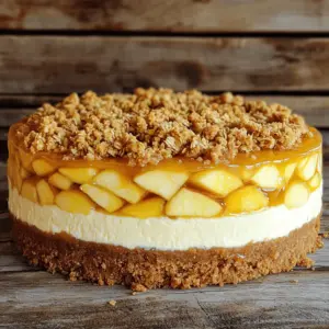 - 1 ½ cups graham cracker crumbs - ⅓ cup granulated sugar - ½ cup unsalted butter, melted - 24 oz cream cheese, softened to room temperature - 1 cup granulated sugar - 3 large eggs - 1 teaspoon vanilla extract - 1 teaspoon ground cinnamon - 3 cups apples, peeled, cored, and diced - ¼ cup packed brown sugar - 1 teaspoon ground cinnamon - 1 tablespoon lemon juice - 1 cup rolled oats - ½ cup all-purpose flour - ½ cup packed brown sugar - ½ teaspoon ground cinnamon - ½ cup unsalted butter, melted When I make this apple crisp cheesecake, I focus on fresh, simple ingredients. The crust gives a crunchy base, while the filling is creamy and rich. I use sweet apples like Honeycrisp for the filling. They add a nice balance to the cheesecake's sweetness. The crisp topping is key for that classic apple crisp flavor. It combines oats, brown sugar, and butter for a delightful crunch. You can find the full recipe for this dish [here](#). Each layer brings something special to the dessert. Enjoy gathering these ingredients! Set the oven to 325°F (160°C). This helps bake the cheesecake evenly. Combine the graham cracker crumbs, sugar, and melted butter in a bowl. Mix well until the crumbs are coated. Press this mixture firmly into the bottom of a 9-inch springform pan. Bake for 10 minutes and then set aside to cool. In a separate bowl, mix the diced apples with brown sugar, cinnamon, and lemon juice. Stir gently until the apples are coated. This helps the apples absorb the flavors. Let the mixture rest for a few minutes. In a large mixing bowl, beat the softened cream cheese until smooth. Gradually add sugar, mixing until fluffy. Add the eggs one at a time, mixing after each addition. Finally, stir in the vanilla extract and cinnamon. Pour half of the cheesecake filling into the cooled crust, smoothing it with a spatula. Layer the apple mixture evenly over this filling. Pour the rest of the cheesecake filling on top, ensuring it covers the apples. In another bowl, combine oats, flour, brown sugar, cinnamon, and melted butter. Mix until it looks like coarse crumbs. Sprinkle this topping evenly over the cheesecake layer. Place the cheesecake in the oven and bake for 55-60 minutes. It is done when the center is set but still jiggles slightly. After baking, turn off the oven and crack the door open. Let the cheesecake cool in the oven for 1 hour before transferring it to the fridge to chill for at least 4 hours, or overnight for the best flavor. You can find the complete recipe for Apple Crisp Cheesecake [Full Recipe]. To make a great Apple Crisp Cheesecake, follow these tips. - Use cream cheese at room temperature for a smooth mixture. - Mix just enough to combine; overmixing can cause cracks. - Check for doneness by looking for a slight jiggle in the center. - Overbaking can make the cheesecake dry and less tasty. - Drizzle caramel sauce on top for extra sweetness. - Serve with whipped cream for a rich touch. These simple steps can elevate your dessert. Enjoy the process and have fun! For the complete details, check the Full Recipe. {{image_4}} You can make a vegan version of this cheesecake. First, substitute cream cheese with tofu or cashew cream. This swap keeps the creamy texture. Next, use non-dairy butter for the crust and topping. This keeps the recipe plant-based without losing flavor. For a gluten-free cheesecake, replace graham cracker crumbs with gluten-free alternatives. You can use gluten-free oats or almond flour. Always check that all ingredients are certified gluten-free. This ensures everyone can enjoy this tasty dessert. To elevate the flavor, try adding spices like nutmeg or ginger. These spices add warmth and depth to the dish. You can also add nuts to the crisp topping for extra crunch. Chopped walnuts or pecans work well here, adding texture and flavor. For more details on making this delicious treat, check the [Full Recipe]. Store your cheesecake in an airtight container. It will stay fresh for up to 5 days. This helps keep the flavors rich and the texture smooth. If you slice it, cover the pieces well. This prevents them from drying out. You can freeze slices of your cheesecake. Use individual containers to keep them fresh. They will last up to 3 months in the freezer. Wrap each slice tightly in plastic wrap. Then place it in a container or a freezer bag to prevent freezer burn. When you're ready to enjoy your frozen cheesecake, thaw it in the refrigerator. Let it sit for several hours or overnight. This slow thawing helps keep the texture creamy. Avoid thawing at room temperature to maintain its quality. For more details on making this delicious treat, check the Full Recipe. Yes, it's recommended to make it a day ahead for best flavor and texture. Making it in advance lets the flavors blend well. You will enjoy a richer taste and creamier cheesecake. Sweet varieties like Honeycrisp, Fuji, or Granny Smith work well. These apples add a nice balance of sweetness and tartness. They hold their shape and provide great texture in the filling. Yes, a store-bought graham cracker crust can be used for convenience. This saves time if you're in a rush. Just make sure it fits a 9-inch springform pan for the best results. Allow it to cool at room temperature for about 1 hour. This step helps set the cheesecake properly. Cooling it gradually prevents cracks and maintains its texture. While not mandatory, chilling overnight enhances the flavor and texture. This extra time allows the cheesecake to firm up nicely. You will get a creamier slice that is even more enjoyable. Now you know how to make a delicious Apple Crisp Cheesecake. We covered each step, from the crispy crust to the creamy filling and the sweet apple topping. Remember to keep your cream cheese soft for the best mix. Experiment with flavors and toppings to make it your own. This dessert is perfect for gatherings or a cozy night in. Enjoy every bite of this tasty treat!