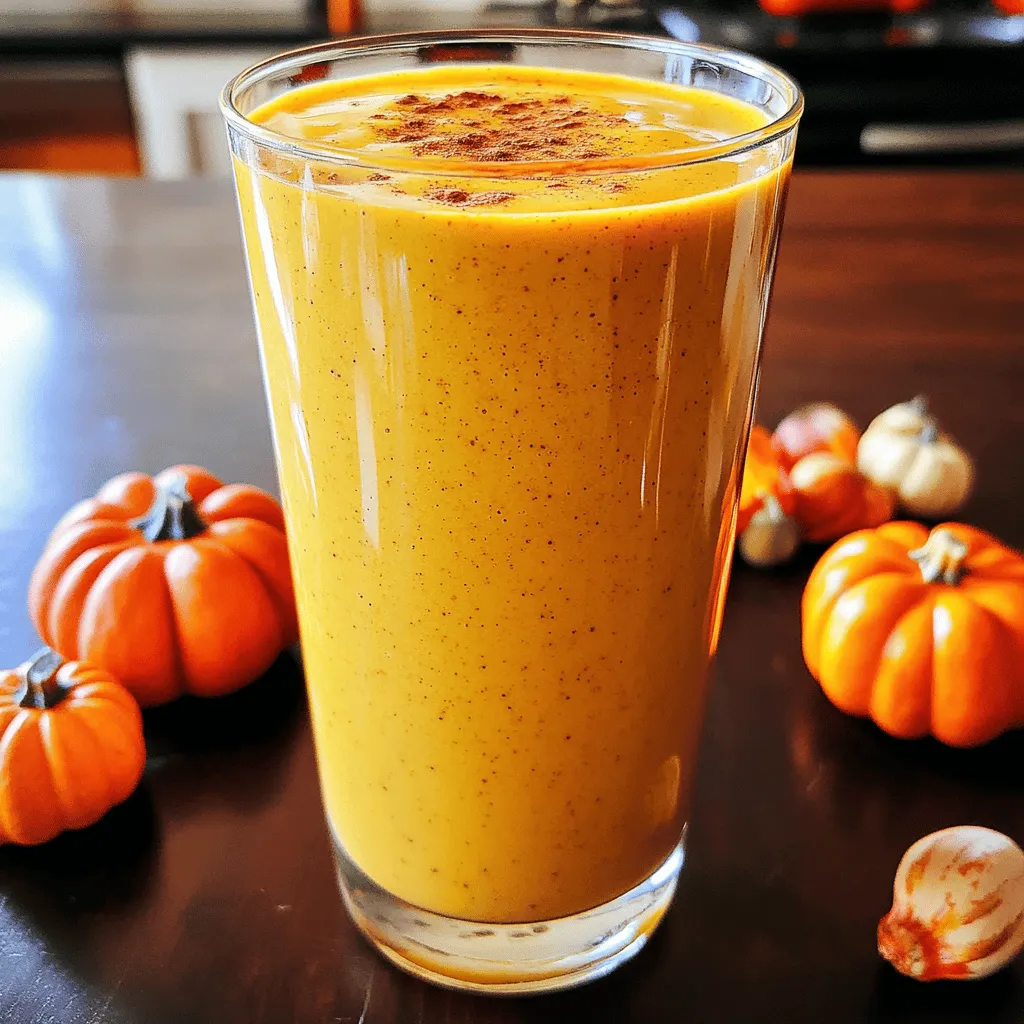 - 1 cup canned pumpkin puree - 1 frozen banana (peeled) - 1 scoop vanilla protein powder - 1 cup almond milk (or any milk of choice) - 2 tablespoons almond butter (or substitute with peanut butter) - 1 tablespoon maple syrup (optional, adjust based on desired sweetness) - 1 teaspoon ground cinnamon - 1/2 teaspoon ground nutmeg - 1/4 teaspoon grated fresh ginger (optional for added zing) - Ice cubes (optional, for a chilled and thicker texture) This recipe makes two servings. Each serving is about 1 cup. If you want more, just double the amounts. You can easily adjust to make one or more servings. - Canned pumpkin puree: High in fiber and vitamins A and C. Great for your eyes and skin. - Frozen banana: Adds natural sweetness and potassium. It helps with muscle function and heart health. - Vanilla protein powder: Boosts protein intake. It helps build and repair muscles. - Almond milk: Low in calories and dairy-free. It supports heart health and is easy to digest. - Almond butter: Full of healthy fats and protein. It keeps you full longer and supports brain health. - Maple syrup: Natural sweetener with some minerals. Use it to add flavor without refined sugars. - Ground cinnamon: Helps regulate blood sugar. It adds warmth and depth to the flavor. - Ground nutmeg: Provides antioxidants. A little spice goes a long way in taste. - Fresh ginger: Great for digestion. It adds a spicy kick if you choose to use it. - Ice cubes: Makes the smoothie cold and thick. It’s perfect for a hot day. With these ingredients, you not only create a tasty treat but also a drink that fuels your body with nutrients. Enjoy making your creamy pumpkin protein smoothie! 1. Start by grabbing your canned pumpkin puree. Use one cup for great flavor. 2. Take one frozen banana and peel it before adding it to your blender. 3. Add one scoop of vanilla protein powder to boost nutrition. 4. Pour in one cup of almond milk or your milk of choice. 5. Spoon in two tablespoons of almond butter. You can swap it for peanut butter if you prefer. 6. If you like sweetness, add one tablespoon of maple syrup. Adjust to taste. 7. Sprinkle in one teaspoon of ground cinnamon and half a teaspoon of nutmeg. 8. If you want a bit of zing, add a quarter teaspoon of grated fresh ginger. 9. Optionally, add some ice cubes for a chilled, thick texture. - Blend the mixture on high speed until it is smooth and creamy. - Stop the blender occasionally to scrape down the sides. This helps mix all the ingredients well. - If you want a thicker smoothie, toss in a handful of ice cubes. Blend again until smooth. - Taste your smoothie and adjust sweetness with more maple syrup if needed. - Pour the smoothie into your favorite glasses for a nice presentation. - Serve it right away for the best flavor and texture. - You can top it with a sprinkle of cinnamon or some chia seeds for extra flair. - Enjoy your creamy pumpkin protein smoothie as a snack or breakfast option! To make your smoothie super creamy, use frozen bananas. They add a nice thickness. Blend the bananas with the pumpkin puree first. This way, you mix well before adding the other ingredients. Almond butter also helps create that smooth texture. If you want it even thicker, add ice cubes at the end. Blend until everything is silky and smooth. Taste is key! If you like it sweeter, add more maple syrup. Start with a small amount, then blend and taste. For spice, feel free to adjust the cinnamon and nutmeg. You can also add fresh ginger for a zing. Remember, you can always add more, but it’s hard to take away! One common mistake is not blending long enough. If the smoothie has chunks, keep blending! Another mistake is using too much liquid. Start with one cup and add more if needed. Lastly, don’t forget to taste as you go. This helps you find the perfect balance for your creamy pumpkin protein smoothie. {{image_4}} If you want a dairy-free or vegan smoothie, use plant-based milk. Almond milk works great. Coconut milk adds a rich flavor. For yogurt, choose a coconut or almond-based option. This keeps it creamy without dairy. You can boost flavor in many ways. Add a tablespoon of cocoa powder for a chocolate twist. This makes it taste like dessert. For a spicier kick, mix in a pinch of cayenne pepper. You can also try adding vanilla extract for extra sweetness. Experiment with spices like allspice or cloves to find your favorite blend. If you prefer different protein sources, swap the vanilla protein powder for others. Pea or hemp protein are good choices. They add nutrients without changing the taste much. You can even use Greek yogurt for protein if you want a creamier texture. Choose what fits your diet best. If you have leftover smoothie, pour it into a sealed container. This keeps it fresh. Store it in the fridge for up to two days. However, the texture may change. The smoothie may separate. Just give it a good shake or stir before drinking. You can freeze your smoothie for later. Pour the smoothie into an ice cube tray or freezer-safe bag. This way, you can use it for quick snacks. When you’re ready to enjoy it, thaw it in the fridge overnight. You can also blend it with a little milk for a quick drink. To refresh your smoothie, try adding a splash of milk or water. This helps regain its creamy texture. Blend it again to mix everything well. If you need to reheat it, use low heat on the stove. Stir constantly to avoid lumps. Enjoy a creamy pumpkin smoothie any time you like! Yes, you can use fresh pumpkin. Start by cooking the pumpkin until soft. Then, blend it until smooth. Fresh pumpkin gives a nice flavor but takes more time to prepare. Absolutely! You can make this smoothie ahead of time. Just blend all the ingredients and store it in the fridge. It stays fresh for up to two days. Shake it well before drinking to mix everything again. To cut calories, try these tips: - Use unsweetened almond milk instead of regular milk. - Skip the maple syrup or use less. - Reduce the almond butter to one tablespoon. These small changes can help you enjoy a lighter smoothie without losing flavor. This blog post covered key details for making a delicious smoothie. We explored ingredients, serving sizes, and offered tips for great texture. You learned how to avoid common mistakes and find dairy-free options. Don’t forget about storage tips to keep your smoothie fresh. Always remember, small changes can enhance flavor and nutrition. Enjoy experimenting and make this smoothie your own! Your next favorite blend is just a recipe away.