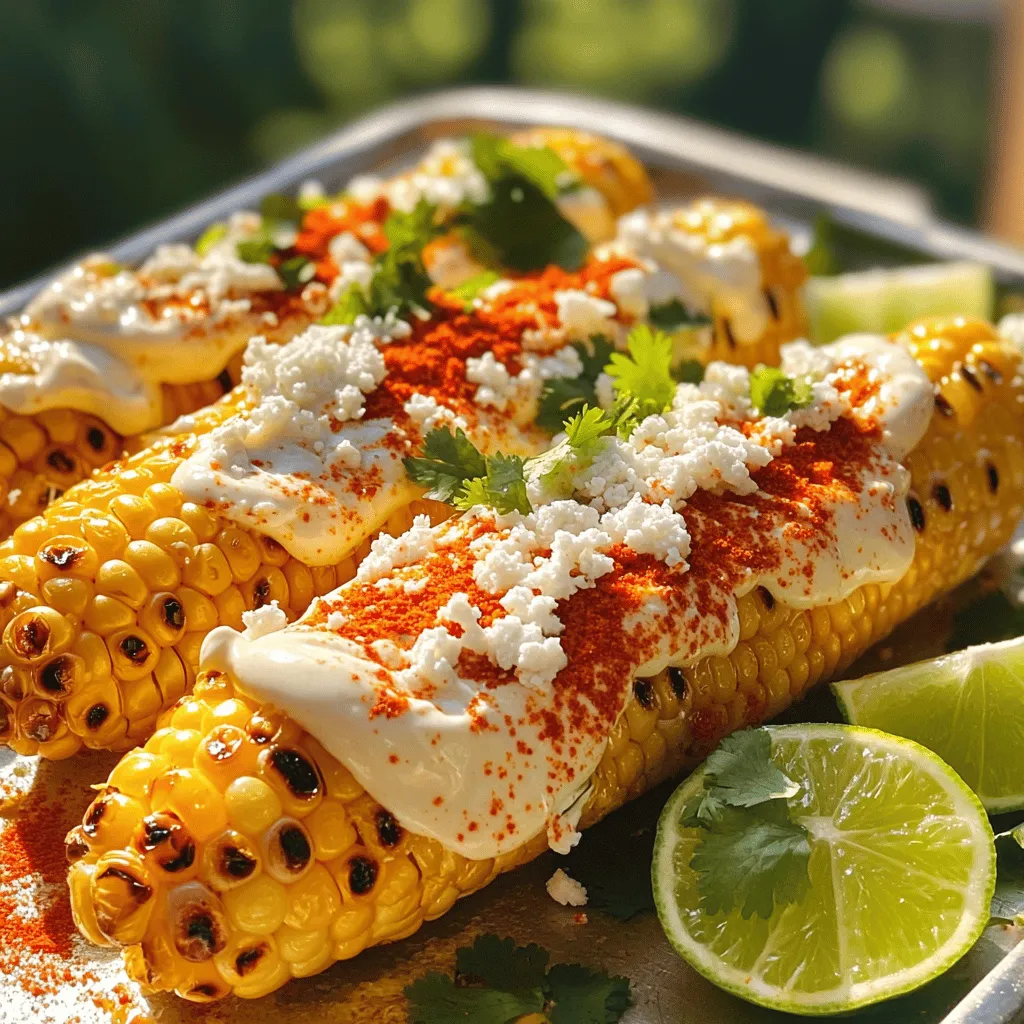 - Fresh corn (4 ears, husked) - Mayonnaise (1/2 cup) - Sour cream (1/2 cup) - Chili powder (1 teaspoon) - Cayenne pepper (1/4 teaspoon, optional) - Cotija cheese (1 cup, crumbled) - Fresh cilantro (1/4 cup, finely chopped) - Fresh lime juice (2 tablespoons) - Salt and pepper to taste - Lime wedges for serving To make Mexican street corn, gather these simple ingredients. Fresh corn is the star. Use four ears for the best taste. Mayonnaise and sour cream create a creamy base. Chili powder adds a warm kick. If you like heat, try cayenne pepper. Cotija cheese gives a salty punch. Fresh cilantro brings a burst of color and flavor. Lime juice adds zing. Don’t forget salt and pepper to enhance all the flavors. This recipe is easy and quick. You can prepare it in about 20 minutes. The flavors blend well, making it delightful. I love how each bite combines sweetness from the corn and creaminess from the toppings. You can find the full recipe online for more details on preparation. - Preheat the grill to medium-high (400°F/200°C). - Husk the corn and remove all silk strands. - Grill the corn for 10-12 minutes, turning occasionally. Grilling corn makes it sweet and smoky. I love how the heat brings out its natural flavor. Make sure to turn the corn every few minutes. This will help it cook evenly and get those nice char marks we all love. - Combine mayonnaise, sour cream, chili powder, cayenne (if using), lime juice, salt, and pepper. - Whisk until smooth and creamy. This creamy topping is key to making your corn taste amazing. The mix of mayo and sour cream gives it a rich texture. The lime juice adds a fresh zing. If you like heat, add cayenne pepper. It really kicks up the flavor! - Remove corn from grill and let cool slightly. - Roll the corn in the creamy mixture. - Sprinkle with Cotija cheese and cilantro before serving. Once the corn is grilled, let it cool a bit. This helps you avoid burns! Roll it in the creamy topping until it’s fully coated. Then, sprinkle Cotija cheese on top. It adds a salty crunch. Finish with fresh cilantro for a pop of color and taste. Enjoy this delicious dish with lime wedges on the side for an extra burst of flavor. For the full recipe, check out the details above! To make your Mexican street corn truly special, start with the corn. Choose fresh corn for optimal sweetness. The fresher the corn, the better the flavor. I always look for ears that are bright green and tightly packed. Next, use high-quality Cotija cheese. Cotija adds the best texture and taste. It crumbles well and gives that signature salty bite. If you can’t find Cotija, feta can work in a pinch. For the best results while grilling, keep the lid closed. This helps the corn cook evenly. I turn the corn every few minutes. Look for a nice char on the corn. This char adds a smoky flavor that enhances your dish. When serving, add extra lime wedges. They give a zesty kick that brightens up the corn. Pair the corn with spicy salsa or creamy avocado. These additions make a complete meal that’s hard to resist. For the full recipe, check the [Full Recipe]. Enjoy the fun of making this delicious dish! {{image_4}} You can change the cheese for a new taste. If you can’t find Cotija, try feta or queso blanco. Both cheeses have a nice saltiness. You can also add grated Parmesan for a unique flavor twist. This change keeps your elote fresh and exciting. Want some heat? Add diced jalapeños to the creamy mix. This adds a kick that many enjoy. You can also drizzle hot sauce on top for more spice. These spicy choices make the corn pop with flavor and keep it interesting. You can make this dish plant-based too! Use vegan mayo and sour cream instead of regular ones. This keeps the creamy texture while being friendly to all diets. Consider adding grilled vegetables like zucchini or bell peppers. They add color and taste, making your elote even better. Check out the Full Recipe for more details and tips on making the best Mexican street corn! After you enjoy your Mexican street corn, let the leftovers cool. This step is key to keeping the corn fresh. Once cooled, put it in an airtight container. You can store it in the fridge for up to three days. This way, you can savor the flavors again! When it's time to eat your leftovers, reheating them right is important. I recommend using the grill or the oven. This method helps keep the corn's texture nice and firm. Avoid microwaving, as it can make the corn soggy. You want to keep all that delicious flavor intact! If you want to save your corn for later, freezing is a great choice. Be sure to freeze the corn without any toppings. This keeps the taste and texture at their best. When you’re ready to enjoy it, just thaw and reheat it on the grill. You’ll have tasty elote ready to eat! Mexican street corn, or elote, is a tasty treat. It features grilled corn on the cob. The corn gets slathered with creamy toppings. You will love the mix of flavors and textures. The creamy sauce often has mayonnaise, sour cream, lime juice, and spices. You can find it at street stalls in Mexico. It’s a fun snack or side dish for any meal. Yes, you can make elote in the oven! Just broil the corn for a similar effect. First, husk the corn and place it on a baking sheet. Broil the corn for about 10-12 minutes. Turn it often to get that nice char. This method still gives a tasty result when the grill isn't handy. Yes! All the ingredients in the recipe are gluten-free. Fresh corn, mayonnaise, sour cream, and Cotija cheese are safe for those with gluten issues. Always check labels for any added ingredients. This way, you can enjoy this dish without worry. Absolutely! You can change up the toppings to fit your taste. Try adding fresh herbs like parsley or chives. You can also use different spices, like garlic powder or smoked paprika. Want it spicy? Add diced jalapeños or a drizzle of hot sauce. The choice is yours! Mexican street corn is a fun dish to make. We gathered fresh ingredients and grilled the corn for a smoky flavor. The creamy topping adds richness and zest. You can change things up with different cheeses and spices. Enjoy leftovers cold or reheated on the grill. This dish is easy and delightful for any meal. Dive into the flavors of Mexican street corn and share it with friends and family!