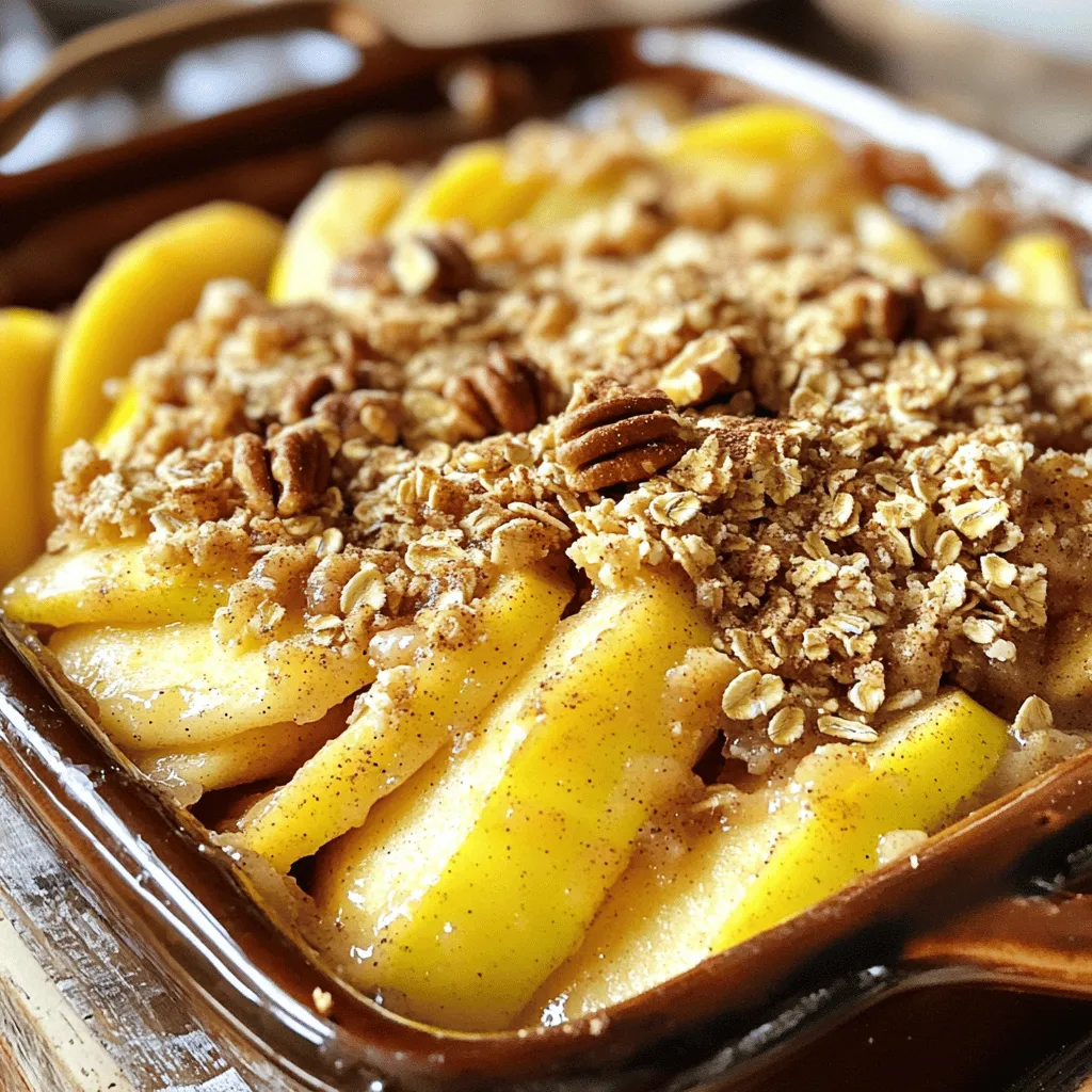 For the best apple crisp, you need: - 6 cups Granny Smith apples, peeled, cored, and thinly sliced - 1 tablespoon fresh lemon juice - 1 cup rolled oats - 1 cup packed brown sugar - 1/2 cup all-purpose flour - 1 teaspoon ground cinnamon - 1/2 teaspoon ground nutmeg - 1/4 teaspoon salt - 1/2 cup unsalted butter, melted These ingredients come together to create a warm, sweet treat. The tartness of the Granny Smith apples balances perfectly with the sweetness of the brown sugar. To add some crunch and texture, consider these optional ingredients: - 1/2 cup chopped pecans or walnuts Adding nuts gives your apple crisp a delightful crunch. It also enhances the flavor, making each bite more enjoyable. - Choosing Apples: Use tart apples like Granny Smith. They hold their shape well when baked. - Lemon Juice: This helps keep the apples fresh and brightens their flavor. - Butter: Use unsalted butter for better control over the saltiness. These simple tips can make a big difference in your apple crisp. Focus on quality ingredients for the best results. For the full recipe, check out the details above! Start by preheating your oven to 350°F (175°C). This makes sure your apple crisp bakes evenly. Next, take 6 cups of Granny Smith apples. Peel them, core them, and slice them thin. In a large bowl, mix the apple slices with 1 tablespoon of fresh lemon juice. This juice helps keep the apples fresh and bright. Toss the apples gently to coat them well. Then, pour the coated apples into a greased 9x13 inch baking dish. Spread the apples evenly for the best baking. Now, let’s make the topping. In another bowl, combine 1 cup of rolled oats, 1 cup of packed brown sugar, 1/2 cup of all-purpose flour, 1 teaspoon of ground cinnamon, 1/2 teaspoon of ground nutmeg, and 1/4 teaspoon of salt. Whisk these ingredients together until they blend well. This mixture will create a nice, crunchy topping. Next, pour in 1/2 cup of melted unsalted butter. Use a fork to mix everything until it gets crumbly. If you want extra crunch, fold in 1/2 cup of chopped pecans or walnuts. Evenly sprinkle the crisp topping over the apples in your baking dish. Make sure all the apples are well covered. Place the dish in the preheated oven. Bake for 35-40 minutes. The topping should turn golden brown, and the apples will be tender. You’ll know it’s done when your home smells amazing! After baking, let the apple crisp cool for about 10 minutes. This helps it set and makes it easier to serve. For the full recipe, check out the complete steps and tips. When picking apples, aim for Granny Smith. They balance sweet and tart well. Look for firm apples without bruises. The skin should be bright green. Fresh apples have a crisp bite. If you can, smell the apple. It should have a sweet scent. Always preheat your oven to 350°F (175°C). This step helps the crisp bake evenly. Use a 9x13 inch baking dish for best results. Spread apples evenly for perfect cooking. Mix your topping until crumbly. This ensures a nice crunch. Bake until golden brown and the apples are soft. This usually takes about 35-40 minutes. Serve your apple crisp in warm ramekins. This adds a lovely touch to your table. Top each serving with vanilla ice cream. The warm apple and cold ice cream taste amazing together. You can also use whipped cream if you prefer. A sprinkle of cinnamon on top makes it look fancy. Enjoy sharing this dish with friends and family! For the full recipe, check out Best Ever Apple Crisp. {{image_4}} You can make this apple crisp lighter. Use less sugar or swap it for honey. Instead of butter, try coconut oil or applesauce. These changes keep it tasty while cutting calories. You can also reduce the oats and add more nuts for healthy fats. To boost the flavor, add spices like ginger or cloves. These spices give a warm kick. You can also mix in dried fruits, like cranberries or raisins, for extra sweetness. For a unique twist, try adding a splash of vanilla or almond extract to the apples. You can change the fruit based on the season. In the fall, use pears with your apples. In summer, try peaches or berries for a refreshing twist. Each season brings different flavors to this dish. Use what’s fresh for the best taste. Check out the [Full Recipe] for the base and get creative! After you enjoy your best ever apple crisp, save any leftovers. Place them in an airtight container. This keeps the crisp fresh for about three days in the fridge. Make sure to let it cool before you seal it up. If you have a lot left, consider splitting it into smaller portions. This way, you can enjoy it later without losing flavor. When you're ready to eat your leftovers, reheating is simple. Preheat your oven to 350°F (175°C). Place the apple crisp in a baking dish. Cover it with foil to keep moisture in. Heat for about 15-20 minutes. If you prefer a softer topping, this method works great. If you want it crispy again, uncover the dish for the last 5 minutes. Enjoy warm with ice cream or whipped cream! You can freeze apple crisp if you want to save some for later. First, let it cool completely. Cut it into portions and wrap each piece tightly in plastic wrap. Then, place the wrapped pieces in a freezer bag or container. This helps prevent freezer burn. You can freeze it for up to three months. When you’re ready to enjoy it, thaw it overnight in the fridge, then reheat as mentioned above. You’ll still have that great taste! For the full recipe, check out the earlier section. I love using Granny Smith apples for apple crisp. They are tart and firm. Their tartness balances the sweet topping. Other good options are Honeycrisp and Braeburn. Both add a nice flavor and texture. Avoid soft apples like Red Delicious. They turn mushy when baked. Yes, you can prepare your apple crisp ahead of time. Just follow the recipe but stop before baking. Cover the dish and store it in the fridge. When you’re ready to bake, take it out and let it sit for 15 minutes. Then bake as usual. This makes it easy for busy days. Absolutely! To make a gluten-free apple crisp, swap all-purpose flour for gluten-free flour. You can also use oats labeled gluten-free. This will keep the texture and taste just right. It’s a simple change that makes a big difference. To cut down on sugar, you can use less brown sugar. Try using half a cup instead of a cup. You can also add a touch of cinnamon for sweetness. Another option is to use apples that are sweeter, like Fuji or Gala. This way, you can enjoy the crisp without too much sugar. For the full recipe, check out Best Ever Apple Crisp! In this blog post, we explored how to make the best apple crisp. We discussed key ingredients, simple steps, and helpful tips. I shared ways to enhance textures and flavors, plus ideas for healthier options. You'll now know how to store and reheat leftovers, ensuring your crisp stays tasty. Remember, making apple crisp is fun and easy. With these tips, you can impress anyone with your baking skills. Enjoy creating your perfect apple crisp!