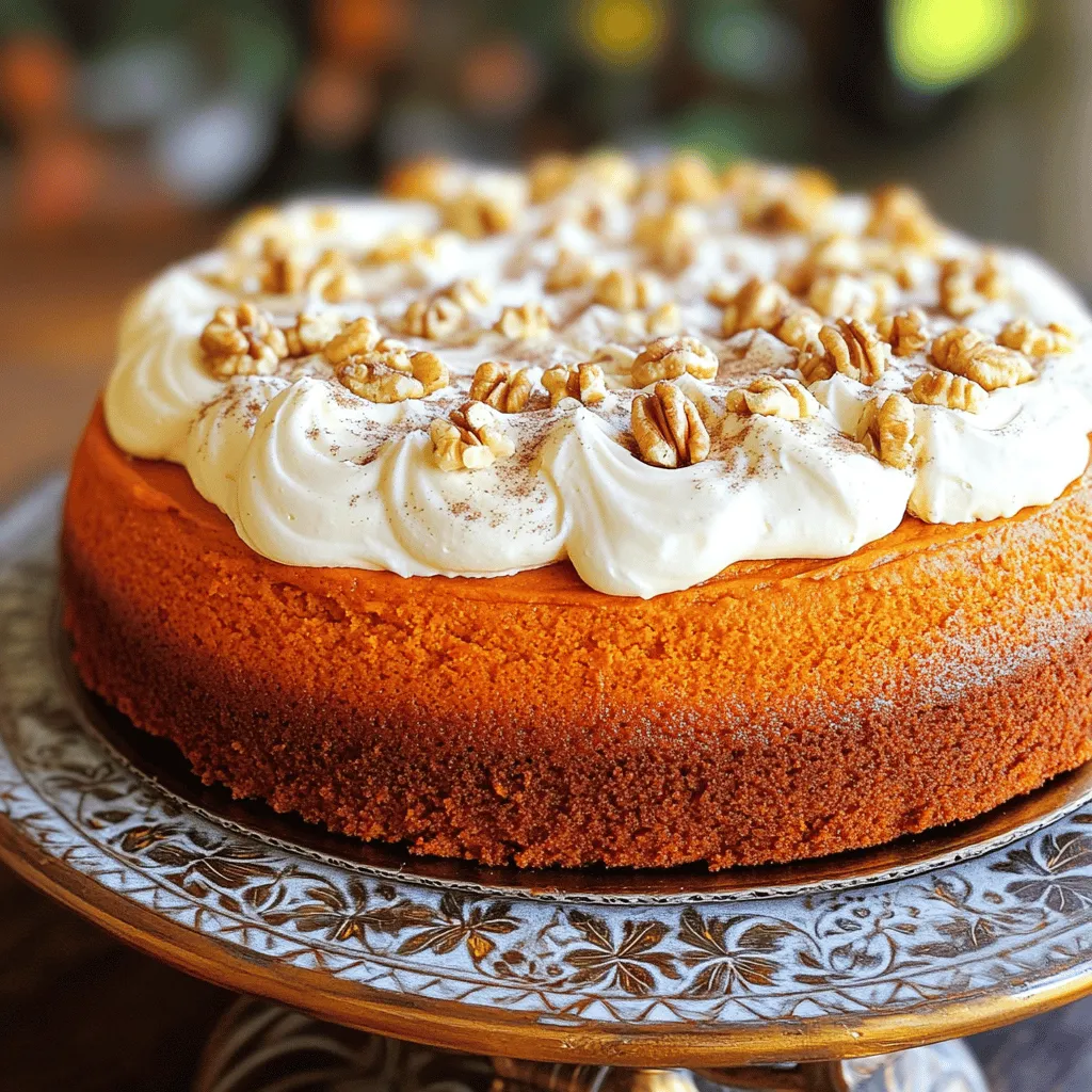 To make Mom's famous pumpkin cake, you need a specific set of ingredients. Each one plays a key role in getting the flavors and texture just right. - 2 cups all-purpose flour - 1 ½ teaspoons baking powder - 1 teaspoon baking soda - 1 teaspoon ground cinnamon - ½ teaspoon ground nutmeg - ½ teaspoon ground ginger - ½ teaspoon salt - 1 cup granulated sugar - ½ cup packed brown sugar - 1 cup vegetable oil - 4 large eggs - 2 cups pure pumpkin puree - 1 teaspoon vanilla extract - 1 cup chopped walnuts (optional) - Cream cheese frosting (for topping) Each ingredient adds something special. The all-purpose flour gives structure. Baking powder and baking soda help the cake rise. The spices—cinnamon, nutmeg, and ginger—bring warmth and a cozy fall flavor. Both sugars add sweetness, with brown sugar giving a slight hint of caramel. Vegetable oil keeps the cake moist, while eggs help bind everything together. Pumpkin puree is the star. It adds flavor and moisture. Vanilla extract rounds out the taste. If you like a bit of crunch, add chopped walnuts. For a rich finish, top the cake with cream cheese frosting. You can find the full recipe above to guide you through every step! Start by preheating your oven to 350°F (175°C). Next, prepare your 9x13 inch baking pan. Grease it well with butter or oil. Then, dust it with flour or line it with parchment paper. This helps the cake come out easily. In a medium bowl, add the flour, baking powder, baking soda, ground cinnamon, ground nutmeg, ground ginger, and salt. Whisk them together well. This step is key for even flavor and texture in your cake. Now, grab a large bowl. Combine the granulated sugar and brown sugar with the vegetable oil. Mix until it is smooth. Then, add the eggs one at a time. Make sure to mix each egg well before adding the next. Finally, stir in the pumpkin puree and vanilla extract until it’s all smooth. Take the bowl with your dry mix. Gradually add it to the wet mix. Fold them together gently using a spatula. Do not overmix! A few small lumps are fine. If you want, add the chopped walnuts now and fold them in evenly. Carefully pour the batter into your prepared pan. Use your spatula to spread it evenly. Place it in the oven and bake for 30-35 minutes. Check it with a toothpick. If it comes out clean, the cake is ready. After baking, let the cake cool in the pan for about 10 minutes. Then, transfer it to a wire rack to cool completely. Once cool, spread cream cheese frosting on top. Add extra chopped walnuts if you like. Enjoy your delicious cake! For the complete recipe, see the Full Recipe section. To avoid overmixing, gently fold the ingredients. Use a spatula to combine wet and dry mixes. Stop mixing when you see a few lumps. This keeps your cake light and fluffy. Overmixing makes the cake dense, which we don’t want. Each oven is unique, so check your cake early. Start at 30 minutes, then check for doneness. Insert a toothpick into the center of the cake. If it comes out clean, your cake is ready. If not, bake for a few more minutes. To make the frosting smooth, use softened cream cheese. Mix it with butter until creamy. Add vanilla and sugar gradually. Taste your frosting to adjust the sweetness. For a richer flavor, add a pinch of salt. Serve slices on a pretty platter for visual appeal. Lightly sprinkle cinnamon on the frosting for warmth. Add walnut halves for crunch. A dollop of whipped cream on the side makes it special. These touches make your cake memorable and festive. For the full recipe, check out Mom's Delicious Pumpkin Cake. {{image_4}} You can enjoy this pumpkin cake gluten-free! Swap the all-purpose flour with a gluten-free blend. Look for a mix that has xanthan gum. This will help keep the texture right. Follow the same recipe steps, and you’ll have a yummy gluten-free treat. To make a dairy-free version, use plant-based milk instead of regular milk. Almond milk or oat milk works well. For the cream cheese frosting, choose a dairy-free cream cheese. Many brands offer great alternatives that taste just as good. If you want to cut down on sugar, try using honey or maple syrup. You can replace granulated sugar with these natural sweeteners. Start with ¾ cup of honey or ½ cup of maple syrup. Adjust the wet ingredients by cutting back on the oil by ¼ cup. This will keep your cake moist and sweet without the extra sugar. For the full recipe, check out Mom's Delicious Pumpkin Cake. To keep your pumpkin cake fresh, store it in an airtight container. This helps lock in moisture and flavor. If you don’t have a container, wrap the cake tightly in plastic wrap. Place it in a cool, dry spot like the kitchen counter. It will stay fresh for up to three days. You can freeze the pumpkin cake if you want to keep it longer. First, let the cake cool completely. Then, cut it into slices or keep it whole. Wrap each slice or the whole cake in plastic wrap. After that, place it in a freezer-safe bag. The cake can last up to three months in the freezer. When you’re ready to enjoy it, just thaw it in the fridge overnight. To reheat your pumpkin cake, preheat the oven to 350°F (175°C). Place the cake on a baking sheet. Heat it for about 10-15 minutes. This warms it up without drying it out. If you have leftover cream cheese frosting, serve it on top when it’s warm. Enjoying a slice of warm pumpkin cake is pure bliss! Yes, you can use fresh pumpkin. Start by roasting a sugar pumpkin. Cut it in half, remove the seeds, and bake it at 350°F for about 45 minutes. Let it cool, then scoop out the flesh. Blend it until smooth. Use this puree in place of canned pumpkin. Fresh pumpkin can add a richer flavor to your cake. To boost flavor, try adding more spices. You can increase the cinnamon, nutmeg, and ginger. Consider using a mix of spices, like allspice or cloves, for extra warmth. Add vanilla extract for a sweet note. You can also fold in chocolate chips or dried fruit, like cranberries or raisins, for a tasty twist. If you want to replace oil, use applesauce or mashed banana. These options keep the cake moist while adding natural sweetness. You can also use melted butter for a richer taste. Substitute the same amount as the oil in the recipe. The pumpkin cake stays fresh in the fridge for about five days. Store it in an airtight container to keep it moist. If you have leftover frosting, keep it separate to avoid sogginess. Yes, kids can help with many steps. They can mix dry ingredients and pour the batter into the pan. Supervise when using the mixer and oven. It’s a fun way to teach kids about baking and enjoy time together. Plus, they will love the tasty results! This blog post shared easy steps to bake a delicious pumpkin cake. You learned about the key ingredients, from spices to optional add-ins. The instructions guide you through every stage of baking. Tips help you avoid common mistakes, ensuring a perfect result. Variations let you adapt the recipe for different diets, making it accessible. In the end, this pumpkin cake is fun to make and tastes great. I hope you enjoy baking it as much as I do. Happy baking!