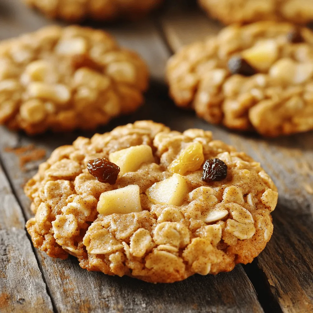 To make apple cinnamon oatmeal cookies, you need some key ingredients. Here is what you will need: - 1 cup rolled oats - 1 cup whole wheat flour - 1/2 teaspoon baking powder - 1/2 teaspoon baking soda - 1 teaspoon ground cinnamon - 1/4 teaspoon salt - 1/2 cup unsalted butter, softened - 1/2 cup brown sugar, packed - 1/4 cup granulated sugar - 1 large egg - 1 teaspoon pure vanilla extract - 1 medium apple, peeled and diced These ingredients come together to create a warm and tasty cookie. For a little extra crunch or chewiness, consider adding these ingredients: - 1/2 cup raisins - 1/2 cup chopped walnuts These options can enhance the flavor and texture of your cookies. You can easily swap ingredients to fit your needs. Here are some ideas: - Gluten-free: Use gluten-free flour instead of whole wheat flour. - Dairy-free: Replace butter with coconut oil or a dairy-free alternative. - Vegan: Use flaxseed meal mixed with water instead of the egg. These substitutions allow everyone to enjoy the cookies. Start by measuring out your ingredients. You will need: - 1 cup rolled oats - 1 cup whole wheat flour - 1/2 teaspoon baking powder - 1/2 teaspoon baking soda - 1 teaspoon ground cinnamon - 1/4 teaspoon salt - 1/2 cup unsalted butter, softened - 1/2 cup brown sugar, packed - 1/4 cup granulated sugar - 1 large egg, at room temperature - 1 teaspoon pure vanilla extract - 1 medium apple, peeled and diced - 1/2 cup raisins or chopped walnuts (optional) Make sure everything is ready. This helps you stay organized and focused. First, preheat your oven to 350°F (175°C). Line a baking sheet with parchment paper. This will keep your cookies from sticking. In a medium bowl, mix the rolled oats, flour, baking powder, baking soda, cinnamon, and salt. Whisk them together until they blend well. In a large bowl, cream the softened butter, brown sugar, and granulated sugar. Use an electric mixer for 2-3 minutes. You want it light and fluffy. Next, add the egg and vanilla extract. Beat the mixture until smooth. Now, take your dry mixture and add it to the wet ingredients. Use a spatula or wooden spoon. Mix until just combined. Don’t overmix, or your cookies may not be soft. Finally, gently fold in the diced apple and any raisins or walnuts. This adds great flavor and texture. Use a tablespoon or cookie scoop to drop rounded balls of dough onto your prepared baking sheet. Space them about 2 inches apart. Bake the cookies in the preheated oven for 12-15 minutes. They should be golden brown at the edges. The centers should feel set when touched. After baking, let the cookies cool on the sheet for 5 minutes. Then, transfer them to a wire rack to cool completely. Enjoy your warm, homemade cookies! To make soft and chewy cookies, do not overmix the dough. Mix until just combined. This keeps your cookies from getting tough. Also, use room-temperature butter. It helps create a fluffy texture when creaming with sugar. Baking time is key. Aim for golden edges and set centers. Store your cookies in an airtight container. This keeps them soft for days. If you want to keep them longer, freeze them. Wrap each cookie in plastic wrap, then place them in a freezer bag. They'll stay fresh for up to three months. Serve your cookies in a rustic basket. Line it with a clean kitchen towel for a cozy look. Pair them with apple cider or cold milk. This adds warmth and charm to your treat. Enjoy sharing these cookies with friends and family! {{image_4}} To make gluten-free apple cinnamon oatmeal cookies, use gluten-free rolled oats and flour. Look for certified gluten-free versions to avoid cross-contamination. You can also swap the whole wheat flour for almond flour or coconut flour. These changes keep the cookies soft and tasty. For a vegan version, replace the butter with coconut oil or vegan butter. Use a flax egg instead of a regular egg. To make a flax egg, mix one tablespoon of ground flaxseed with three tablespoons of water. Let it sit for five minutes until it thickens. This will give your cookies great texture and flavor. You can add fun ingredients to spice up your cookies. Consider using: - Dried cranberries for a tart kick - Chopped pecans for extra crunch - Chocolate chips for sweetness - Pumpkin spice for a fall twist Mix and match these add-ins to create your perfect cookie! Each variation adds a unique flavor, so don’t be afraid to experiment. To keep your Apple Cinnamon Oatmeal Cookies fresh, store them in an airtight container. This helps prevent air from making them dry. You can keep them at room temperature for about a week. If you want to keep them longer, consider freezing. Freezing cookies is easy! First, let them cool completely. Then, place them in a single layer on a baking sheet. Freeze until firm, about an hour. After that, transfer them to a freezer-safe bag. Be sure to label the bag with the date. They will last up to three months in the freezer. To reheat your cookies, preheat your oven to 350°F (175°C). Place the cookies on a baking sheet. Heat for about 5-7 minutes. This will help bring back their soft texture. You can also microwave them for 10-15 seconds for a quick warm-up. Enjoy your cookies just like fresh! You can tell when the cookies are done by looking at their edges. The edges should be golden brown, while the center looks set and puffy. If you gently touch the center, it should feel firm, not soft. The baking time is usually 12 to 15 minutes. Keep an eye on them, as ovens can vary. Yes, you can use quick oats. Quick oats will make the cookies softer and may change the texture slightly. Rolled oats provide a chewier bite. If you prefer a softer cookie, feel free to swap them out. You can use coconut oil, applesauce, or a plant-based butter for a dairy-free version. Each substitute will change the flavor and texture a bit, but they all work well. Just make sure the substitute is softened to match the butter's consistency in the recipe. You now know how to make delicious apple cinnamon oatmeal cookies. We covered all the key ingredients, from the basics to tasty optional ones. I shared steps to prep, mix, and bake your cookies just right. You learned tips for storage and serving, plus ways to adapt the recipe for gluten-free and vegan diets. Enjoy experimenting with different flavors and variations. With these skills, you can create tasty treats everyone will love. Happy baking!