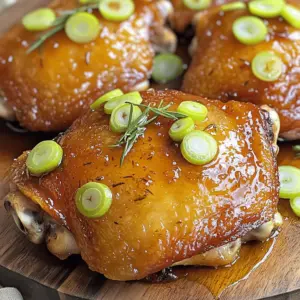 - 4 chicken thighs, skin-on and bone-in - 1 cup apple cider - 2 tablespoons honey - 2 tablespoons apple cider vinegar - 1 tablespoon Dijon mustard - 3 cloves garlic, minced - 1 teaspoon fresh thyme leaves - Salt and pepper to taste - 1 tablespoon olive oil - Sliced green onions for garnish When making apple cider glazed chicken thighs, the right ingredients matter. You need chicken thighs for their juicy flavor. I prefer skin-on, bone-in thighs. They stay moist during cooking. Apple cider shines in this recipe. It adds sweetness and depth. Honey boosts the sweetness and creates a nice glaze. For added zing, apple cider vinegar brings a tangy twist. Dijon mustard adds a touch of heat and depth. Garlic gives the dish a savory kick. Thyme is my go-to herb. It adds a fresh note to the dish. Don’t forget salt and pepper; they enhance all the flavors. Olive oil helps the chicken brown nicely. Lastly, green onions are perfect for garnish. They add color and a mild onion flavor. With these ingredients, you’ll create a delicious meal everyone will love. Start by drying the chicken thighs. Pat them down with paper towels. This helps the skin get crispy. Next, season both sides with salt and pepper. Be generous! Even coverage ensures great flavor. Now, let’s make the glaze. In a medium bowl, combine the apple cider, apple cider vinegar, honey, and Dijon mustard. Add minced garlic and fresh thyme leaves. Don’t forget a pinch of salt and pepper! Whisk it all together. Make sure the honey mixes well. Heat olive oil in a large skillet over medium-high heat. Once it’s hot, place the chicken thighs in skin-side down. Sear them for about 4-5 minutes until golden brown. Flip the thighs and sear the other side for 3 minutes. Next, pour the apple cider glaze over the chicken. Stir gently to coat the thighs well. Lower the heat to medium and let it simmer. Cover the skillet with a lid. Cook for 25-30 minutes. Check that the inside reaches 165°F (75°C). Baste with the glaze halfway through to enhance the flavor. Once done, remove the chicken from the skillet. Let it rest for a few minutes. Turn up the heat and let the glaze bubble for 5 minutes. Stir occasionally to thicken it. This adds a nice finish to your dish! To get crispy skin, start by drying the chicken. Use paper towels to pat the chicken thighs dry. Moisture prevents crispiness. Next, heat the skillet well before adding the chicken. The hot oil helps sear the skin, making it golden brown. Sear skin-side down for 4-5 minutes. Flip and sear the other side for about 3 minutes. You can boost flavor with extra seasonings. Consider adding smoked paprika, cayenne pepper, or onion powder. These spices add depth to the glaze. If you want a different sweetness, try maple syrup or brown sugar. These alternatives offer unique tastes and pair well with apple cider. For sides, roasted vegetables are perfect. Try carrots, Brussels sprouts, or potatoes. They add color and nutrition. Another great option is creamy mashed potatoes. For presentation, serve the chicken on a rustic wooden board. Drizzle the glaze over the chicken and sprinkle with sliced green onions. This adds freshness and a pop of color. {{image_4}} You can cook apple cider glazed chicken thighs in different ways. - Oven-baking option: Preheat your oven to 400°F (200°C). After you sear the chicken, transfer it to a baking dish. Pour the glaze over the chicken and cover it with foil. Bake for about 30 minutes. Remove the foil for the last 10 minutes to help the skin crisp up. - Grilling suggestions: Marinade the chicken thighs in the glaze for a few hours. Heat your grill to medium. Grill the thighs skin-side down for about 6-7 minutes, then flip. Brush with glaze as you cook until they reach 165°F (75°C). You can easily customize your dish with different ingredients. - Using different proteins: Swap chicken thighs for chicken breasts or even pork chops. Adjust cooking times. Breasts cook faster, while pork may need more time on the stove. - Seasonal fruit alternatives: Try using pear cider or cranberry juice instead of apple cider. Both will give a unique flavor to your glaze. You can make simple changes for special diets. - Gluten-free modifications: Ensure that your Dijon mustard is gluten-free. Most brands are, but always check the label. - Low-sugar options: Reduce or skip the honey. You can use a sugar substitute or add more apple cider for sweetness without added sugar. These options let you enjoy this dish, no matter your taste or dietary needs! To store leftovers, place the chicken thighs in an airtight container. Make sure to cover them well to keep the glaze intact. You can also wrap them tightly in plastic wrap. These methods help keep the chicken moist. For reheating, preheat your oven to 350°F (175°C). Place the chicken in an oven-safe dish. Cover it with foil to prevent drying. Reheat for about 15 to 20 minutes. Check that it reaches 165°F (75°C) to ensure it is safe to eat. For freezing, first cool the chicken completely. Then, wrap each thigh in plastic wrap. After that, place them in a freezer bag. Remove as much air as possible before sealing. This helps prevent freezer burn. When you want to eat it, thaw the chicken in the fridge overnight. This method keeps the texture nice. Avoid thawing in the microwave, as it can cook unevenly. In the fridge, Apple Cider Glazed Chicken Thighs stay good for about 3 to 4 days. Always check for freshness before eating. Signs of spoilage include off smells, a slimy texture, or discoloration. If you notice any of these signs, throw the chicken away. Your health is important, so always play it safe! I recommend marinating the chicken thighs for at least 30 minutes. This time helps the flavors soak in better. If you have more time, try marinating for up to 2 hours. The longer the chicken sits, the tastier it becomes. Yes, you can use chicken breasts. However, they may dry out faster than thighs. Chicken thighs have more fat, which keeps them juicy. If you choose breasts, reduce the cooking time. Aim for an internal temperature of 165°F to ensure they are cooked through. I love serving this dish with roasted vegetables. Carrots, Brussels sprouts, or sweet potatoes are great choices. Creamy mashed potatoes also complement the glaze. For a fresh touch, add a simple salad. These sides balance the rich flavors of the chicken. This blog post covered all you need for making Apple Cider Glazed Chicken Thighs. We discussed key ingredients like chicken, apple cider, and honey. You learned how to prepare the chicken, create a tasty glaze, and cook it to perfection. I shared tips for crispy skin and suggested storage methods. Remember, you can tweak the recipe with different cooking methods or ingredients. Now, it’s your turn to try this dish. Enjoy your cooking adventure!