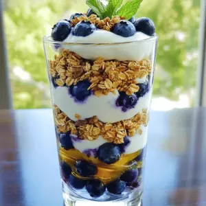 Here are the ingredients you need for a tasty Blueberry Greek Yogurt Parfait: - Greek yogurt (plain or vanilla) - Fresh blueberries (or mixed berries) - Granola (store-bought or homemade) - Honey (optional) - Vanilla extract (optional) - Fresh mint leaves for garnish This parfait is easy to make. Choose Greek yogurt for a creamy base. You can use plain yogurt for a tart taste or vanilla for sweetness. Fresh blueberries add a burst of flavor. You can mix in other berries for variety. Granola gives a crunchy texture. You can buy granola or make your own at home. Honey adds sweetness if you like it sweeter. Vanilla extract boosts the flavor if you choose to add it. Mint leaves are a nice touch for color and freshness. Gather these ingredients, and you are ready to create a delicious parfait! Start by taking 2 cups of Greek yogurt. You can use plain or vanilla yogurt. If you want more flavor, add 2 tablespoons of honey and 1 teaspoon of vanilla extract. Mix these together in a bowl. Stir until the yogurt is smooth and creamy. This mix is the base of your parfait. Grab a tall glass or a bowl. Add about 1/3 cup of your yogurt mix as the first layer. Spread it evenly across the bottom. Next, take about 1/4 cup of fresh blueberries. You can use just blueberries or a mix of your favorite berries. Spoon them on top of the yogurt layer. Finally, sprinkle 1/4 cup of granola over the berries. This adds a nice crunch. To make your parfait look great, repeat the layers. Start with another layer of yogurt. Then, add more blueberries and finish with more granola. Keep doing this until you fill your glass or bowl. Each layer should be even and neat. For the top layer, add a nice dollop of yogurt. Place some fresh blueberries on top for decoration. Finish it off with a sprinkle of granola. Add a few fresh mint leaves to make it look pretty. This gives your parfait a fresh touch. To make your parfait just right, start with the yogurt. You can mix in honey for sweetness. If you like flavor, add vanilla extract. This helps you control how sweet or tasty your yogurt is. Layering is key for a great look. Use a tall glass or bowl. Start with yogurt, then add berries, and finally sprinkle granola. Make each layer even. This way, every bite has a bit of everything. Serve your parfait right after making it. This keeps the granola crunchy. If you want to prep ahead, store the granola separately. Wait to add it until just before serving. This keeps the texture fresh and tasty. {{image_4}} You can change up the fruit in your parfait. Try strawberries, raspberries, or even peaches. If you prefer, use other yogurts like coconut or almond yogurt. These swaps keep your parfait fresh and fun. For granola, make your own with oats, nuts, and seeds. You can also find flavored granolas, like honey or cinnamon, for added taste. Using seasonal fruits adds special flavors. In summer, fresh peaches or cherries work great. Fall brings apples and pears, while winter offers citrus fruits like oranges. Each season gives you new ways to enjoy your parfait. Get creative with the fruits available near you. You can adapt this parfait for different diets. For a gluten-free option, choose certified gluten-free granola. If you want a dairy-free or vegan parfait, use plant-based yogurt and sweeten with maple syrup instead of honey. These simple changes make the parfait enjoyable for everyone! To keep your parfait fresh, store it in a sealed container. This helps avoid air exposure. If you made several servings, a glass jar works well. You can also use a bowl with plastic wrap. Keep your parfait in the fridge. It's best to store granola separately. This way, it stays crunchy. Mix the yogurt and berries, and store them together. Then, add granola right before eating. This keeps everything fresh and tasty. The shelf life of your parfait depends on its parts. Greek yogurt can last about one week in the fridge. Fresh blueberries are best within five to seven days. Granola can stay fresh for several weeks if sealed well. If you use honey and vanilla extract, they last longer. Honey can stay good for years, and vanilla extract can last for months. So, all parts can be stored safely for some time. What can I substitute for Greek yogurt? You can use regular yogurt, plant-based yogurt, or cottage cheese. Each option brings a unique flavor and texture. If you prefer a thicker consistency, go for a high-protein option. This way, you still enjoy a creamy parfait. Can I make this parfait in advance? Yes, you can prepare the yogurt and berry layers ahead of time. Just store these in the fridge. Keep the granola separate until serving to keep it crunchy. This makes it easy to grab and enjoy anytime. Is it healthy to eat for breakfast? Absolutely! This parfait is packed with protein, fiber, and vitamins. Greek yogurt provides protein, while blueberries offer antioxidants. Granola adds crunch and energy. Enjoying it in the morning fuels your day with good nutrition. This blueberry Greek yogurt parfait is easy and delicious. You learned how to layer yogurt, berries, and granola. The tips help you customize and store your parfait for the best taste. Remember, you can change the fruits and yogurts based on what you like. With options for all diets, everyone can enjoy this treat. So, get creative! Make your parfait and enjoy a healthy snack or breakfast anytime.