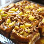 - 1 can (16 oz) refrigerated cinnamon rolls, cut into quarters - 2 cups apples, peeled and diced (Granny Smith or Honeycrisp are ideal) - 4 large eggs - 1 cup milk (whole or 2%) - 1 teaspoon vanilla extract - 1 teaspoon ground cinnamon - 1/4 teaspoon ground nutmeg - 1/4 cup packed brown sugar - 1/4 cup chopped pecans (optional) - 1/4 cup pure maple syrup For this dish, I love using refrigerated cinnamon rolls. They add a soft, sweet base. Cutting them into quarters helps them soak up all the yummy flavors. Next, I pick Granny Smith or Honeycrisp apples. They give the best mix of sweet and tart. Dicing them lets me spread the apple goodness throughout the bake. I use large eggs and whole milk for a rich custard. The eggs hold everything together, while the milk makes it creamy. To enhance the flavor, I add vanilla extract, ground cinnamon, and nutmeg. Brown sugar brings in a lovely sweetness. If you want, sprinkle in chopped pecans for a nice crunch. Finally, don't forget the maple syrup! Drizzling it on top makes each bite feel special. This recipe is simple and full of flavor. It's perfect for breakfast or brunch. 1. Preheating the oven: Start by preheating your oven to 350°F (175°C). This step is key for even cooking. 2. Greasing the baking dish: Generously grease a 9x13 inch baking dish with non-stick spray or butter. This helps prevent sticking and ensures easy serving. 1. Layering cinnamon rolls: Spread the quartered cinnamon rolls evenly across the bottom of the prepared baking dish. Make sure they are well spaced for even cooking. 2. Mixing apples with cinnamon and sugar: In a medium bowl, mix the diced apples with brown sugar and ground cinnamon. Toss them well until the apples are coated. Set this aside for later use. 3. Creating the custard mixture: In a large bowl, whisk together the eggs, milk, vanilla extract, ground nutmeg, and a pinch of salt. Whisk until the mixture is well blended and frothy. 1. Pouring egg mixture: Carefully pour the egg mixture over the cinnamon rolls in the baking dish. Make sure each piece soaks up the custard well. 2. Adding apple layer: Layer the cinnamon-sugar-coated apples over the cinnamon rolls. Spread them out evenly to maximize flavor. 3. Drizzling with maple syrup: If you chose to use pecans, sprinkle them over the apples. Place the baking dish in the oven and bake for 30-35 minutes. Look for a golden brown top, and check with a toothpick to ensure it comes out clean. Enjoy the sweet aroma as it bakes! To avoid a soggy base, make sure to space the cinnamon rolls well in the baking dish. This helps them absorb the egg mixture evenly. Also, don't skip the resting time after baking. Let it cool for 10 minutes before serving. I recommend using a 9x13 inch baking dish for this recipe. This size allows for even baking. A glass or ceramic dish works best. Both help to heat the bake evenly and hold the warmth longer. For ideal garnishes, add extra apple slices or a dollop of whipped cream. They make the dish look great and add flavor. You can also sprinkle some chopped pecans on top for added crunch. Pair this bake with fresh fruit and coffee for brunch. A light salad on the side can balance the meal too. If you want to get fancy, serve it with mimosas for a festive touch. To store leftovers, place them in an airtight container. Keep it in the fridge for up to three days. Make sure to let it cool completely before storing. For reheating, use the oven for best results. Preheat it to 350°F (175°C) and bake for about 10 minutes. You can also microwave individual servings for about 30 seconds, but the oven keeps it crispier. {{image_4}} You can change the taste by using different apple types. Granny Smith apples give a tart kick, while Honeycrisp adds sweetness. Try mixing them for a fun twist. Adding spices is another great option. A bit of nutmeg or cardamom can change the flavor profile. You can also use almond or coconut extract for a unique taste. If you need gluten-free options, use gluten-free cinnamon rolls. They taste just as good and fit your needs. For a dairy-free version, swap regular milk for almond milk or oat milk. You can also use dairy-free cream for the custard. These changes keep your dish tasty and friendly for all diets. You can get creative with other fruits too. Sliced bananas or berries can add freshness. Just mix them in with the apples. If you love sweet touches, consider adding chocolate chips or caramel sauce. These will make your bake extra special and delicious. Just remember, balance the sweetness so it does not overpower the dish. To keep your Cinnamon Roll Apple French Toast Bake fresh, store it in the fridge. Place it in an airtight container. This helps keep it moist and tasty. Make sure to cool it to room temperature before sealing. It will stay fresh for up to three days. If you want to save it for later, freezing is a great option. Cut the bake into individual portions. Wrap each piece tightly in plastic wrap. Then, place them in a freezer-safe bag or container. This method will help prevent freezer burn. To enjoy later, simply thaw overnight in the fridge. Reheat in the oven at 350°F (175°C) for about 15-20 minutes. In the fridge, this treat keeps well for about three days. If you freeze it, it can last for up to three months. Just remember, the sooner you eat it, the better it tastes! Yes, you can prepare this dish in advance. To do this, follow the steps up to pouring the egg mixture over the cinnamon rolls. After layering the apples and pecans, cover the dish with plastic wrap. Store it in the fridge overnight. In the morning, just take it out, let it sit for 10 minutes, and bake as directed. This makes breakfast stress-free. Granny Smith and Honeycrisp apples are the best choices for this dish. Granny Smith apples bring a tart flavor that balances the sweet cinnamon rolls. Honeycrisp apples add a nice crunch and natural sweetness. You can mix these types or use any apple you love. Reheating leftovers is simple. You can use the oven or a microwave. For the oven, preheat to 350°F. Place the bake in an oven-safe dish, cover with foil, and heat for about 15-20 minutes. If using a microwave, warm individual pieces on a plate for about 30-60 seconds. Either way, enjoy your tasty treat! This article covers everything you need to make a delicious Cinnamon Roll Apple French Toast Bake. We explored key ingredients like cinnamon rolls, apples, and custard. I shared step-by-step instructions to guide you from prep to bake. Tips helped you avoid common mistakes and served delicious pairings for brunch. Finally, I discussed variations and storage for leftovers. Whether you stick to classics or try new twists, this bake is a crowd-pleaser. Enjoy your creation and make it your own!