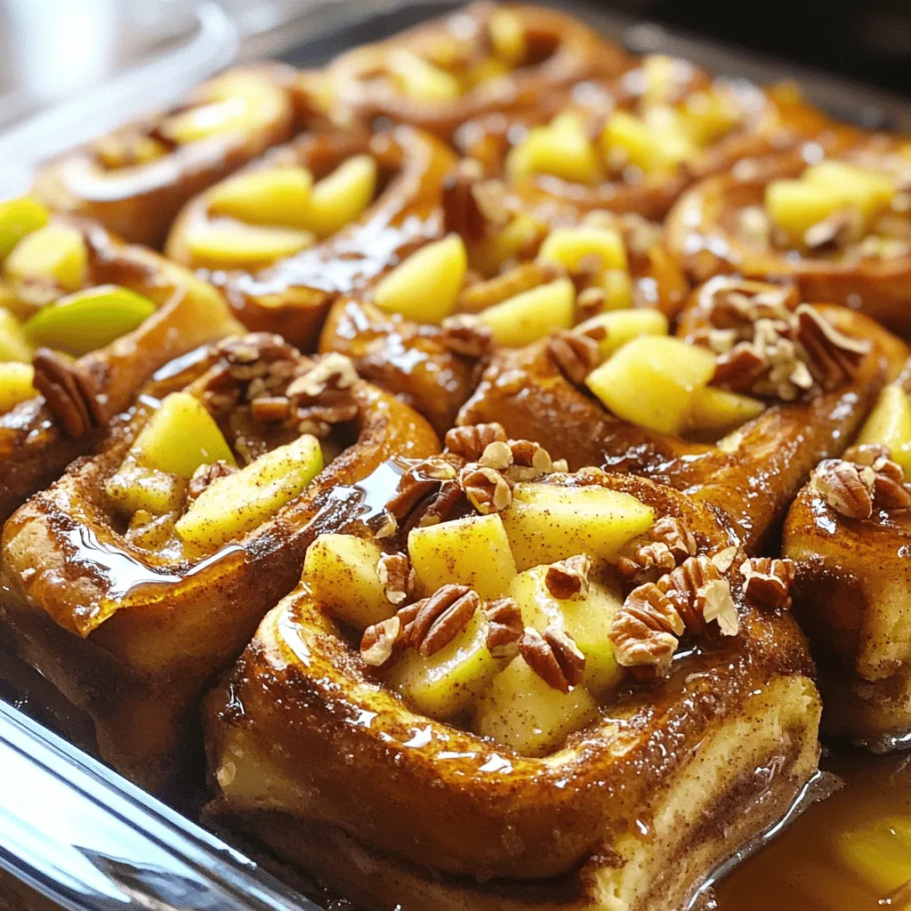 - 1 can (16 oz) refrigerated cinnamon rolls, cut into quarters - 2 cups apples, peeled and diced (Granny Smith or Honeycrisp are ideal) - 4 large eggs - 1 cup milk (whole or 2%) - 1 teaspoon vanilla extract - 1 teaspoon ground cinnamon - 1/4 teaspoon ground nutmeg - 1/4 cup packed brown sugar - 1/4 cup chopped pecans (optional) - 1/4 cup pure maple syrup For this dish, I love using refrigerated cinnamon rolls. They add a soft, sweet base. Cutting them into quarters helps them soak up all the yummy flavors. Next, I pick Granny Smith or Honeycrisp apples. They give the best mix of sweet and tart. Dicing them lets me spread the apple goodness throughout the bake. I use large eggs and whole milk for a rich custard. The eggs hold everything together, while the milk makes it creamy. To enhance the flavor, I add vanilla extract, ground cinnamon, and nutmeg. Brown sugar brings in a lovely sweetness. If you want, sprinkle in chopped pecans for a nice crunch. Finally, don't forget the maple syrup! Drizzling it on top makes each bite feel special. This recipe is simple and full of flavor. It's perfect for breakfast or brunch. 1. Preheating the oven: Start by preheating your oven to 350°F (175°C). This step is key for even cooking. 2. Greasing the baking dish: Generously grease a 9x13 inch baking dish with non-stick spray or butter. This helps prevent sticking and ensures easy serving. 1. Layering cinnamon rolls: Spread the quartered cinnamon rolls evenly across the bottom of the prepared baking dish. Make sure they are well spaced for even cooking. 2. Mixing apples with cinnamon and sugar: In a medium bowl, mix the diced apples with brown sugar and ground cinnamon. Toss them well until the apples are coated. Set this aside for later use. 3. Creating the custard mixture: In a large bowl, whisk together the eggs, milk, vanilla extract, ground nutmeg, and a pinch of salt. Whisk until the mixture is well blended and frothy. 1. Pouring egg mixture: Carefully pour the egg mixture over the cinnamon rolls in the baking dish. Make sure each piece soaks up the custard well. 2. Adding apple layer: Layer the cinnamon-sugar-coated apples over the cinnamon rolls. Spread them out evenly to maximize flavor. 3. Drizzling with maple syrup: If you chose to use pecans, sprinkle them over the apples. Place the baking dish in the oven and bake for 30-35 minutes. Look for a golden brown top, and check with a toothpick to ensure it comes out clean. Enjoy the sweet aroma as it bakes! To avoid a soggy base, make sure to space the cinnamon rolls well in the baking dish. This helps them absorb the egg mixture evenly. Also, don't skip the resting time after baking. Let it cool for 10 minutes before serving. I recommend using a 9x13 inch baking dish for this recipe. This size allows for even baking. A glass or ceramic dish works best. Both help to heat the bake evenly and hold the warmth longer. For ideal garnishes, add extra apple slices or a dollop of whipped cream. They make the dish look great and add flavor. You can also sprinkle some chopped pecans on top for added crunch. Pair this bake with fresh fruit and coffee for brunch. A light salad on the side can balance the meal too. If you want to get fancy, serve it with mimosas for a festive touch. To store leftovers, place them in an airtight container. Keep it in the fridge for up to three days. Make sure to let it cool completely before storing. For reheating, use the oven for best results. Preheat it to 350°F (175°C) and bake for about 10 minutes. You can also microwave individual servings for about 30 seconds, but the oven keeps it crispier. {{image_4}} You can change the taste by using different apple types. Granny Smith apples give a tart kick, while Honeycrisp adds sweetness. Try mixing them for a fun twist. Adding spices is another great option. A bit of nutmeg or cardamom can change the flavor profile. You can also use almond or coconut extract for a unique taste. If you need gluten-free options, use gluten-free cinnamon rolls. They taste just as good and fit your needs. For a dairy-free version, swap regular milk for almond milk or oat milk. You can also use dairy-free cream for the custard. These changes keep your dish tasty and friendly for all diets. You can get creative with other fruits too. Sliced bananas or berries can add freshness. Just mix them in with the apples. If you love sweet touches, consider adding chocolate chips or caramel sauce. These will make your bake extra special and delicious. Just remember, balance the sweetness so it does not overpower the dish. To keep your Cinnamon Roll Apple French Toast Bake fresh, store it in the fridge. Place it in an airtight container. This helps keep it moist and tasty. Make sure to cool it to room temperature before sealing. It will stay fresh for up to three days. If you want to save it for later, freezing is a great option. Cut the bake into individual portions. Wrap each piece tightly in plastic wrap. Then, place them in a freezer-safe bag or container. This method will help prevent freezer burn. To enjoy later, simply thaw overnight in the fridge. Reheat in the oven at 350°F (175°C) for about 15-20 minutes. In the fridge, this treat keeps well for about three days. If you freeze it, it can last for up to three months. Just remember, the sooner you eat it, the better it tastes! Yes, you can prepare this dish in advance. To do this, follow the steps up to pouring the egg mixture over the cinnamon rolls. After layering the apples and pecans, cover the dish with plastic wrap. Store it in the fridge overnight. In the morning, just take it out, let it sit for 10 minutes, and bake as directed. This makes breakfast stress-free. Granny Smith and Honeycrisp apples are the best choices for this dish. Granny Smith apples bring a tart flavor that balances the sweet cinnamon rolls. Honeycrisp apples add a nice crunch and natural sweetness. You can mix these types or use any apple you love. Reheating leftovers is simple. You can use the oven or a microwave. For the oven, preheat to 350°F. Place the bake in an oven-safe dish, cover with foil, and heat for about 15-20 minutes. If using a microwave, warm individual pieces on a plate for about 30-60 seconds. Either way, enjoy your tasty treat! This article covers everything you need to make a delicious Cinnamon Roll Apple French Toast Bake. We explored key ingredients like cinnamon rolls, apples, and custard. I shared step-by-step instructions to guide you from prep to bake. Tips helped you avoid common mistakes and served delicious pairings for brunch. Finally, I discussed variations and storage for leftovers. Whether you stick to classics or try new twists, this bake is a crowd-pleaser. Enjoy your creation and make it your own!