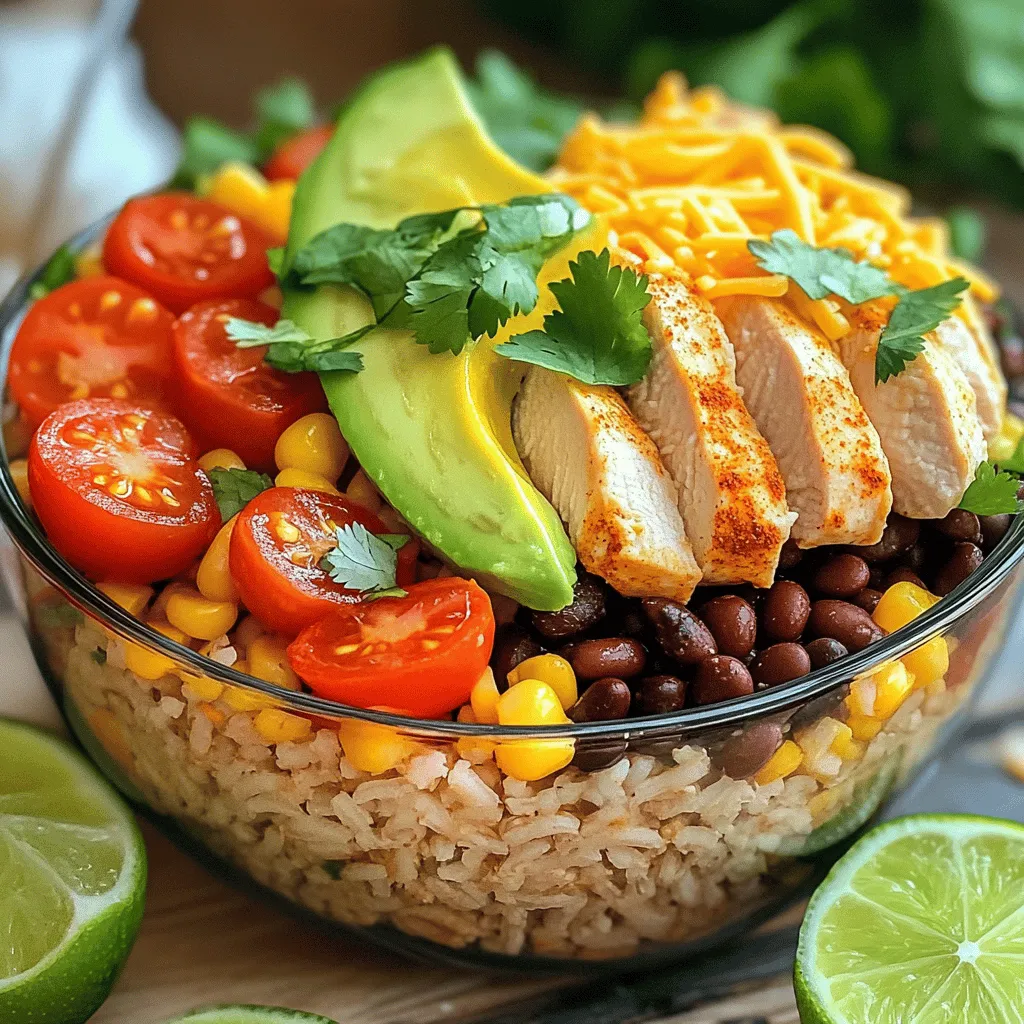 - 2 boneless, skinless chicken breasts - 1 tablespoon of olive oil - 1 teaspoon of your favorite taco seasoning - 1 cup of brown rice or quinoa - 2 cups of vegetable or chicken broth - 1 cup of black beans, drained and rinsed - 1 cup of corn (frozen or canned) To make a tasty chicken burrito bowl, you need a mix of fresh and hearty ingredients. The chicken breasts give protein and flavor. Brown rice or quinoa serves as a filling base. Black beans and corn add texture and nutrients, making the dish satisfying. - Fresh avocado and cherry tomatoes - 1/2 cup of shredded cheddar cheese - 1/4 cup of fresh cilantro, chopped - 1 lime, cut into wedges Toppings bring your bowl to life! Fresh avocado adds creaminess. Cherry tomatoes add a burst of flavor. Shredded cheddar cheese melts beautifully over the warm ingredients. Fresh cilantro gives a bright taste, and lime wedges add zest when squeezed on top. - Taco seasoning and broth - Salt and pepper - Any preferred vegetables You can play with flavors using optional extras. Taco seasoning gives your chicken a spicy kick. Salt and pepper enhance all the ingredients. Feel free to add any vegetables you love, like bell peppers or zucchini, to make it your own. For the full recipe, check out the [Full Recipe]. To start, you need to cook the brown rice or quinoa. I like using a medium pot for this. First, combine the grains with the broth. Bring it to a boil, then lower the heat and cover it. Let it simmer for about 20-25 minutes. You’ll know it’s done when all the liquid is gone. After it’s cooked, fluff the grains gently with a fork and set them aside. Next, let’s move on to the chicken. You want to season the chicken breasts well. I use taco seasoning, salt, and pepper for great flavor. Heat olive oil in a skillet over medium heat. Once it’s hot, place the seasoned chicken in the skillet. Sear it for about 6-7 minutes on each side. When it’s golden brown and fully cooked, transfer the chicken to a plate. Let it rest for a few minutes before slicing it into bite-sized pieces. Now, we’ll heat the black beans and corn. In the same skillet, add the black beans and corn without cleaning it first. This keeps all that tasty flavor. Cook them for about 3-4 minutes, stirring often, until they’re heated through. Then, toss in the halved cherry tomatoes and remove the skillet from the heat. These steps lay a strong foundation for your Chicken Burrito Bowl. For the complete recipe, check the [Full Recipe]. To achieve perfectly cooked chicken, start with even-sized breasts. This helps them cook evenly. Season the chicken well with taco seasoning. Heat your skillet over medium heat, then add your chicken. Cook it for 6-7 minutes on each side. Make sure it reaches an internal temperature of 165°F. This keeps it juicy and tender. Flavoring rice or quinoa is simple. Use vegetable or chicken broth instead of water. This adds depth to your grains. Bring the broth to a boil, then reduce heat and let it simmer. This way, your rice or quinoa absorbs all the flavor. Layering your ingredients makes your bowl look great. Start with a base of rice or quinoa. Next, add the black bean and corn mix. Place the sliced chicken on top. This creates a beautiful dish. It also helps to keep flavors separate until you eat. For ideal serving sizes, aim for about one cup of rice or quinoa. Then add half a cup of the bean and corn mix. Top it with a few slices of chicken. This keeps portions balanced and satisfying. Using vibrant bowls can elevate your meal. Bright colors make the food pop. Choose bowls that contrast with your ingredients. This adds interest to your dish. Garnishing is key for a stunning finish. Add fresh cilantro on top for a burst of green. Squeeze a lime wedge over everything before serving. This adds brightness and enhances the flavors. For a complete guide, check the Full Recipe. {{image_4}} You can change the protein in your burrito bowl. Try using beef or shrimp instead of chicken. They will bring a new taste to your meal. Beef gives a hearty flavor, while shrimp adds a slight sweetness. Both options cook quickly, making them great for busy days. For a vegetarian choice, use roasted vegetables. Bell peppers, zucchini, or mushrooms work well. They add color and nutrition to your bowl. Switching up the grain can also change your bowl. Instead of brown rice, try cauliflower rice. It’s low in carbs and adds a nice crunch. If you like quinoa, use that instead of bulgur. Quinoa is packed with protein and has a nutty flavor. Both grains are easy to cook and make a great base for your burrito bowl. Adding spicy elements can bring your burrito bowl to life. Jalapeños are a great choice if you like heat. You can slice them fresh or use pickled ones for a tangy kick. Experimenting with different sauces or dressings can also enhance the flavor. Try a spicy salsa, creamy ranch, or a zesty lime vinaigrette. Each choice will give your bowl a unique twist, making every meal exciting. To keep your chicken burrito bowl fresh, place leftovers in a sealed container. I recommend using glass containers or BPA-free plastic ones. They keep food safe and do not retain odors. Before sealing, let the bowl cool to room temperature to avoid condensation. Store it in the fridge for up to three days. To reheat, the best method is in the microwave. Place the bowl in the microwave and cover it loosely. Heat in short bursts, about one minute at a time. Stir in between to heat evenly. You can also use the stovetop. Add a splash of broth to the pan, then heat over medium. This helps keep the chicken moist and flavors intact. Yes, chicken burrito bowls can be frozen! To do this, pack the ingredients separately. This will help preserve texture. Use freezer-safe bags or containers, and remove as much air as possible. When ready to eat, thaw overnight in the fridge. Reheat using your preferred method until hot. Enjoy your tasty meal without losing flavor! To make the best chicken burrito bowl, focus on key cooking techniques. Start with fresh ingredients. Use boneless chicken breasts for a lean protein source. Season them well with taco seasoning, salt, and pepper. Searing the chicken creates a nice crust and locks in juices. Cook it until golden brown. This adds depth to the flavor. While the chicken cooks, prepare your base. Use brown rice or quinoa for a nutritious grain. Cook it in broth for extra flavor. This simple step makes a big difference. After cooking, fluff the grains to keep them light and airy. Next, heat up black beans and corn in the same skillet. This helps capture all the tasty bits left from the chicken. Finally, layer everything in a bowl. Start with the rice or quinoa, then add the beans, corn, and sliced chicken. Top it off with fresh toppings like avocado and cilantro for a burst of flavor. You have many alternatives for protein in a burrito bowl. Here are a few options: - Tofu: A great choice for vegetarians. Press it to remove water, then cube and sauté. - Beef: Ground beef or steak works well. Season it like the chicken for great taste. - Shrimp: Cook shrimp quickly in a hot skillet. They add a nice twist. - Beans: Use more black beans or pinto beans for a hearty vegetarian option. - Lentils: Cooked lentils are protein-rich and can replace meat effectively. These options cater to many dietary preferences. Customizing your chicken burrito bowl for meal prep is easy. Here are some helpful tips: - Portioning: Use containers to portion out your meals. This keeps sizes consistent. - Ingredient Variations: Change ingredients based on what you like. Swap brown rice for cauliflower rice for fewer carbs. - Toppings: Keep toppings separate until serving to maintain freshness. This includes avocado, cheese, and fresh herbs. - Batch Cooking: Make larger portions of chicken, rice, and beans. This saves time during the week. - Mix and Match: Use different proteins or grains each week to keep meals interesting. These tips help keep your meals fresh and exciting! For a full recipe, check out the Zesty Chicken Burrito Bowl. You learned the key ingredients and steps to create a tasty chicken burrito bowl. Remember, fresh toppings make a big difference. Don’t hesitate to mix flavors and try different proteins or grains. Keep your presentation bright and fun. Proper storage ensures your leftovers stay fresh and delicious. With these tips, you can enjoy a satisfying bowl anytime. Now, get cooking and enjoy your meal!