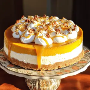 To make this tasty treat, you need these key ingredients: - 1 ½ cups graham cracker crumbs - ⅓ cup granulated sugar - ½ cup unsalted butter, melted - 2 cups cream cheese, softened - 1 cup pumpkin puree - ¾ cup powdered sugar - 1 teaspoon vanilla extract - 1 teaspoon ground cinnamon - ½ teaspoon ground nutmeg - ½ teaspoon ground ginger - 1 ½ cups whipped cream These ingredients create a creamy and rich cheesecake that melts in your mouth. If you want to make your cheesecake even better, add these toppings: - Drizzle of caramel sauce - Chopped pecans These add texture and flavor, making the dessert more fun to eat. You can swap some ingredients if needed. Here are a few ideas: - Use graham cracker crumbs with crushed cookies for a different crust. - Replace cream cheese with mascarpone for a lighter texture. - Use maple syrup instead of granulated sugar for natural sweetness. - Try dairy-free whipped cream for a vegan option. These swaps keep the taste great while meeting different diets. First, gather your ingredients for the crust. You need graham cracker crumbs, sugar, and melted butter. In a medium bowl, mix 1 ½ cups of graham cracker crumbs with ⅓ cup of granulated sugar. Pour in ½ cup of melted butter. Stir this mix until it looks like wet sand. Next, take a 9-inch springform pan. Press the crumb mix firmly into the bottom of the pan. Make sure it is even all around. Place the pan in the fridge for about 15 minutes. This sets the crust while you make the filling. Now it's time for the filling. Start with 2 cups of softened cream cheese in a large bowl. Use an electric mixer to beat it until it is smooth. You want no lumps at all. Then, add in 1 cup of pumpkin puree. You can use canned or fresh pumpkin. Mix in ¾ cup of powdered sugar, 1 teaspoon of vanilla extract, 1 teaspoon of ground cinnamon, ½ teaspoon of ground nutmeg, and ½ teaspoon of ground ginger. Beat everything together on medium speed until it’s fluffy and creamy. Finally, gently fold in 1 ½ cups of whipped cream. Use a spatula to mix it lightly, keeping the mixture airy and light. Now, pour the pumpkin filling over the chilled crust. Use a rubber spatula to smooth the top. Make sure the surface is even. Cover the cheesecake with plastic wrap or a lid. Place it in the fridge for at least 4 hours. For the best taste and texture, chill it overnight. When it's set, carefully remove the sides of the springform pan. Slice the cheesecake into 8 pieces. Drizzle with caramel sauce and add chopped pecans if you like. Enjoy your delicious no-bake pumpkin cheesecake! When making no-bake pumpkin cheesecake, avoid overmixing the cream cheese. This can make it too dense. Also, ensure your cream cheese is at room temperature. Cold cream cheese can lead to lumps. Be careful not to skip chilling the crust. This step helps it hold together when you slice the cheesecake. To get a smooth and creamy filling, mix the cream cheese until it is lump-free. Gradually add the pumpkin puree and spices. This keeps your filling light and fluffy. Fold in the whipped cream gently. This step adds air, making the cheesecake airy and delicious. Let it chill overnight for the best texture. Serve the cheesecake on a nice cake stand for a beautiful display. Dust the top lightly with cinnamon for added flair. You can garnish with pumpkin seeds or crushed pecans. A drizzle of caramel sauce adds sweetness and looks great. Use a sharp knife to slice for clean pieces. Enjoy your delightful dessert! {{image_4}} You can change up this cheesecake for the season. Add apple pie spice for a fall twist. You can also mix in some maple syrup for a rich flavor. For winter, consider adding a hint of peppermint extract. This gives a festive feel to your dessert. You can even swirl in some cranberry sauce for a tart surprise. Try different flavors to keep it fresh. Use sweet potato puree instead of pumpkin for a unique taste. You can also swap in chocolate for a creamy, decadent treat. Mix in some peanut butter for a nutty twist. This adds a fun layer of flavor that pairs well with pumpkin. Want a lighter version? Replace cream cheese with Greek yogurt. It makes the cheesecake creamy while cutting calories. You can use honey or agave syrup instead of sugar for natural sweetness. For the crust, try using almond flour or oats instead of graham crackers. This gives you a gluten-free option that's still tasty. To keep your no-bake pumpkin cheesecake fresh, cover it well. Use plastic wrap or aluminum foil. Store it in the fridge. It stays good for up to five days. Make sure to keep it in an airtight container. This helps keep the flavors strong. You can also freeze this cheesecake. First, slice it into pieces. Wrap each slice in plastic wrap. Then, place the slices in a freezer-safe bag. Make sure to remove as much air as possible. This will help prevent freezer burn. The cheesecake can stay in the freezer for up to three months. When you want to enjoy your frozen cheesecake, take it out of the freezer. Move it to the fridge for a slow thaw. This usually takes about 4 to 6 hours. If you need it faster, you can thaw it on the counter for 1 to 2 hours. Once thawed, serve it with caramel sauce and chopped pecans for a tasty treat. Yes, you can use fresh pumpkin puree. Just cook and blend pumpkin until smooth. This adds a fresh taste to your cheesecake. Make sure to drain excess water for a thick filling. You can roast a pumpkin or steam it for the puree. Canned pumpkin works well too, but fresh gives a unique flavor. The cheesecake should chill for at least 4 hours. For the best taste and texture, chill it overnight. This allows the flavors to blend well. A longer chill gives you a firmer cheesecake slice. Remember, patience pays off with desserts! You can serve this cheesecake in many fun ways. A drizzle of caramel sauce adds sweetness. Chopped pecans give a nice crunch and look great. For a warm spice kick, dust the top with cinnamon. You can also add a dollop of whipped cream on each slice. Serve on a pretty cake stand for a lovely touch! This no-bake pumpkin cheesecake combines simple steps with tasty results. You now know essential ingredients, cooking tips, and how to avoid common mistakes. Remember, you can customize flavors and toppings to make it your own. Store leftovers properly to keep your cheesecake fresh. Enjoy making this dessert that impresses every time. Happy baking!
