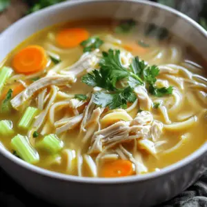 - 1 lb boneless, skinless chicken thighs - 1 medium onion, diced - 3 cloves garlic, minced - 3 medium carrots, sliced - 2 stalks celery, sliced - 6 cups low-sodium chicken broth - 1 teaspoon dried thyme - 1 teaspoon dried oregano - 1 bay leaf - 1 cup egg noodles - Salt and pepper to taste - Fresh parsley, chopped, for garnish You can swap chicken thighs for chicken breasts. They work well too. If you want a veggie option, use chickpeas or tofu. You can also use vegetable broth to keep it vegetarian. For noodles, any type of pasta can work. Just adjust cooking time if needed. When buying chicken, look for firm pieces with no discoloration. For the veggies, choose onions that feel heavy and firm. The garlic should be plump and not sprouted. Carrots should be crisp and colorful, while celery should be bright green. Fresh parsley should smell good and feel fresh, not wilty. First, set your Instant Pot to the Sauté function. Heat it up until hot. Add 1 tablespoon of oil to the pot. Once the oil is hot, add the diced onion. Sauté for about 3-4 minutes. You want the onion to be soft and fragrant. Next, toss in the minced garlic, sliced carrots, and celery. Cook this mix for another 2-3 minutes. The veggies should be soft and smell great. Now, it’s time to add the star of the dish: the chicken thighs. Place them in the pot with the veggies. Pour in 6 cups of low-sodium chicken broth. This broth adds deep flavor. Sprinkle in 1 teaspoon of dried thyme and 1 teaspoon of dried oregano. These herbs add aroma and taste. Season with salt and pepper to your liking. Finally, toss in the bay leaf. Stir everything together to mix well. Close the lid of the Instant Pot securely. Set it to Pressure Cook on high for 10 minutes. Make sure the steam valve is on sealing. When the cooking time is up, let it release pressure naturally for 5 minutes. After that, switch the valve to venting. Carefully open the lid. Use tongs to remove the chicken thighs. Shred the chicken with two forks into bite-sized pieces. Stir the shredded chicken back into the soup. Turn the Instant Pot back to the Sauté setting. Add 1 cup of egg noodles to the pot. Cook for about 5 minutes. You want the noodles to be tender. Taste the soup and adjust the seasoning with more salt and pepper if needed. Don’t forget to remove the bay leaf before serving. Enjoy your warm, comforting soup! To make your soup heartier, add more veggies. You can toss in potatoes or green beans. These add bulk and flavor. You can also use more chicken. Shredded rotisserie chicken works great. Just add it in during the last steps. This gives you a thicker, more filling soup. If you want to change the taste, try adding spices. A pinch of paprika adds warmth. A squeeze of lemon juice brightens the soup. Fresh herbs, like dill or basil, can also enhance the flavor. Taste the soup often. Adjust salt and pepper to your liking. Prep the veggies in advance. Chop onions, carrots, and celery the night before. Store them in the fridge. You can also use frozen veggies. They cook quickly and save you time. If you have leftover chicken, use it instead of raw chicken. This cuts down on cooking time. {{image_4}} You can make this soup healthier by swapping out some ingredients. For a low-carb version, skip the egg noodles. Instead, add zucchini noodles or cauliflower rice. These options keep the soup light and still tasty. If you need a gluten-free choice, ensure the broth and noodles are gluten-free. This way, everyone can enjoy it. You have many choices when it comes to proteins. You can use skinless chicken breasts instead of thighs. If you want a different protein, turkey works well too. For a vegetarian option, try chickpeas or lentils. You can also mix in more veggies like spinach, bell peppers, or green beans. This adds color and nutrients to your soup. To change the flavor, experiment with spices and herbs. Try adding fresh herbs like dill or basil. For a spicy kick, toss in some crushed red pepper flakes. You can also stir in a splash of lemon juice for brightness. Each small change can make a big difference in taste and keep your soup exciting! To store your leftover Instant Pot chicken noodle soup, let it cool first. Pour it into an airtight container. Make sure to leave some space at the top. This helps prevent spills when freezing. Seal the container tight and place it in the fridge. Your soup will stay fresh for about 3 to 4 days. When you're ready to enjoy your soup again, take it out of the fridge. You can reheat it on the stove or in the microwave. If using the stove, pour the soup into a pot. Heat it over medium heat, stirring often. This helps it warm evenly. If using the microwave, place the soup in a microwave-safe bowl. Heat it for about 2 to 3 minutes. Stir halfway through. Make sure it’s hot all the way through before you eat. If you want to keep your chicken noodle soup longer, freezing is a great option. Use freezer-safe containers or heavy-duty freezer bags. Make sure to leave space for the soup to expand. Label the bags with the date. You can freeze the soup for up to 3 months. When you're ready to eat, let it thaw overnight in the fridge. Then, reheat it as described above. Enjoy the comfort of homemade soup anytime! Yes, you can use frozen chicken. Just keep in mind that cooking time will change. If using frozen chicken, set the Instant Pot to cook for 15 minutes instead of 10. This ensures the chicken cooks thoroughly and remains tender. Remember, always check the internal temperature of the chicken after cooking. It should reach 165°F. The soup lasts about 3 to 4 days in the fridge. Store it in a sealed container to keep it fresh. If you want to enjoy it longer, consider freezing some. Always check for any off smells or changes in texture before eating. Yes, you can make this soup on the stove. Start by sautéing the onions, garlic, carrots, and celery in a pot. Then, add the chicken, broth, herbs, and seasonings. Let it simmer for about 30 minutes, or until the chicken is cooked through. Shred the chicken, stir in the noodles, and cook until they're tender. Using a pot may take longer, but the soup will still taste amazing! This blog post shared all you need for a tasty soup. We covered ingredients, cooking steps, and handy tips. You learned how to make the soup heartier and adjust flavors. We also explored healthy swaps and easy ways to store leftovers. Enjoy trying these ideas to create your perfect bowl. You can make a warm, delicious soup that fits your taste and needs. Get cooking and savor the comfort of your creation!