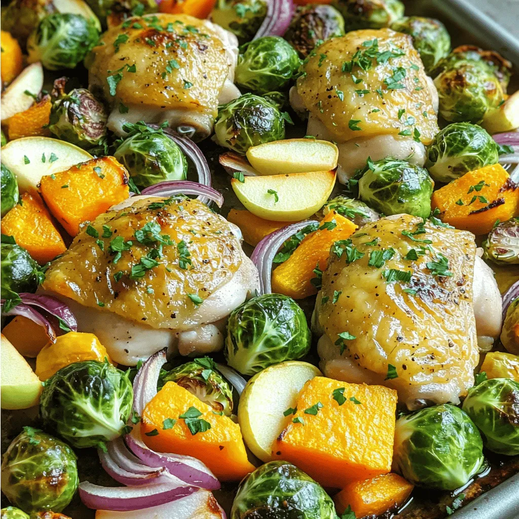 - 4 boneless, skinless chicken thighs - 2 cups Brussels sprouts, halved - 1 cup butternut squash, diced into 1-inch pieces - 1 red onion, cut into wedges - 2 firm apples, cored and sliced into thin wedges The main ingredients in this recipe create a colorful and hearty meal. The chicken thighs bring flavor and protein. Brussels sprouts add crunch, while butternut squash provides sweetness. The red onion offers a mild bite, and apples bring a lovely fruity note. - 2 tablespoons olive oil - 1 teaspoon dried thyme - 1 teaspoon dried rosemary - 1/2 teaspoon smoked paprika - Salt and freshly ground black pepper to taste Seasonings are key to enhancing the dish's flavors. Olive oil helps the veggies roast perfectly. Dried thyme and rosemary add warmth and depth. Smoked paprika gives a slight smokiness, while salt and pepper balance the taste. - Fresh parsley Fresh parsley makes a great garnish. It adds a pop of color and a fresh flavor. When you serve the dish, sprinkle some chopped parsley on top for a beautiful finish. 1. Preheating the oven: Start by preheating your oven to 400°F (200°C). This makes sure it’s hot when you’re ready. 2. Preparing the vegetable mixture: In a large bowl, mix together 2 cups of halved Brussels sprouts, 1 cup of diced butternut squash, wedges from 1 red onion, and 2 sliced apples. This blend brings color and flavor to the dish. 3. Seasoning the vegetables: Add 3 minced garlic cloves, 2 tablespoons of olive oil, 1 teaspoon of dried thyme, 1 teaspoon of dried rosemary, and 1/2 teaspoon of smoked paprika. Don’t forget a sprinkle of salt and pepper. Toss everything well. This ensures each bite is full of taste. 1. Arranging on the baking sheet: Spread your seasoned veggie mix evenly on a large, rimmed baking sheet. This creates a colorful base for your chicken. 2. Preparing and nesting the chicken: Make space in the middle of your veggies for the chicken. Place 4 boneless, skinless chicken thighs there. Season both sides with salt and pepper. This step boosts the flavor of the chicken. 3. Baking time and temperature: Place the baking sheet in your preheated oven. Bake for 35-40 minutes. The chicken should hit an internal temp of 165°F (75°C). The veggies will be tender and a bit caramelized. 1. Resting and serving suggestions: After baking, take the sheet out and let it rest for about 5 minutes. This helps the chicken stay juicy. 2. Presentation tips: Serve directly from the baking sheet for a rustic look. Top it with some chopped fresh parsley for a bright touch. This adds color and freshness to your meal. To ensure even cooking for chicken and veggies, cut everything to similar sizes. This helps them cook at the same pace. Arrange the chicken in the center, surrounded by veggies. This way, the heat can reach all parts equally. To check chicken doneness, use a meat thermometer. Insert it into the thickest part of the thigh. The chicken is done when it reaches 165°F (75°C). If you do not have a thermometer, cut into the chicken. The juices should run clear, not pink. For added flavor, try using fresh herbs like thyme or rosemary. You can also mix in some sage or oregano for a twist. A splash of balsamic vinegar can add depth to the dish. If you want to switch up the oil, use avocado or canola oil. Each oil brings a unique flavor. This can change the taste of your bake in fun ways. This dish pairs well with a fresh green salad. A simple side of steamed green beans also works nicely. For a heartier meal, serve with crusty bread to soak up the juices. For creative serving, place the bake on a wooden board. This adds a rustic touch. You can also serve it directly from the baking sheet for a casual, family-style meal. A sprinkle of fresh parsley on top adds color and flavor. {{image_4}} - Alternatives to chicken thighs: If you want a leaner option, try chicken breasts. They cook faster, so check them early. For a twist, use turkey thighs or even pork tenderloin. Each brings a unique taste to the dish. - Other vegetable options: You can swap Brussels sprouts with green beans or broccoli. Instead of butternut squash, try sweet potatoes or carrots. Feel free to mix your favorite veggies for variety. - Sweet versus savory additions: To add sweetness, include more apples or a touch of maple syrup. For a savory punch, use balsamic vinegar or add capers. These swaps can create a whole new flavor experience. - Using different types of apples: Try Granny Smith apples for tartness or Honeycrisp for sweetness. Each type can change the dish's overall taste. Experiment and find your favorite! - Making it gluten-free: This recipe is naturally gluten-free. Just ensure your spices do not contain gluten. Check labels to be safe. - Vegetarian adaptation ideas: To make this dish vegetarian, replace chicken with chickpeas or tofu. You can also add mushrooms for a meatier texture. Keep the same cooking time to ensure everything cooks well. To store leftovers, let the dish cool first. Place the chicken and veggies in an airtight container. This keeps them fresh and tasty. I recommend glass or BPA-free plastic containers. They seal well and don’t absorb odors. If you want to freeze this dish, let it cool completely. Then, pack it in a freezer-safe container or bag. Make sure to remove as much air as possible. To thaw, place it in the fridge overnight. For reheating, you can use the oven or microwave. If using the oven, heat at 350°F (175°C) until warm. In the fridge, this dish lasts for about 3 to 4 days. If frozen, it can stay good for about 2 to 3 months. Just label your containers with the date for easy tracking. Can I use skin-on chicken for this recipe? Yes, you can use skin-on chicken thighs. The skin adds flavor and keeps the meat juicy. Just remember to adjust your cooking time. The skin will crisp up nicely. What if I don't have fresh herbs? No worries! Dried herbs work well too. Use one-third of the amount of dried herbs. For example, if a recipe calls for one tablespoon of fresh thyme, use one teaspoon of dried thyme. How many calories are in a serving? Each serving has about 350 calories. This can vary based on the size of your chicken thighs and how much oil you use. Is this dish healthy for meal prepping? Yes! This meal is great for meal prep. It includes lean protein and plenty of veggies. Store it in airtight containers for quick, healthy lunches. What should I do if the chicken is not cooking evenly? If the chicken isn’t cooking evenly, check the oven temperature. Make sure it’s set to 400°F. You can also rearrange the pan halfway through cooking. This helps everything cook evenly. How can I balance flavors if the dish is too sweet? If your dish is too sweet, add a splash of vinegar or lemon juice. This will brighten the flavors and balance the sweetness. You can also add more salt to enhance the taste. You now have a complete guide on making a tasty baked chicken dish. We covered the main ingredients like chicken thighs and veggies, plus the seasoning that brings it all together. You learned step-by-step how to prep, bake, and serve. Tips for even cooking and creative serving were also shared. This dish is flexible and allows for many variations. It fits different diets and can be stored well, making it perfect for meal prep. Embrace the process, and enjoy your delicious creation!