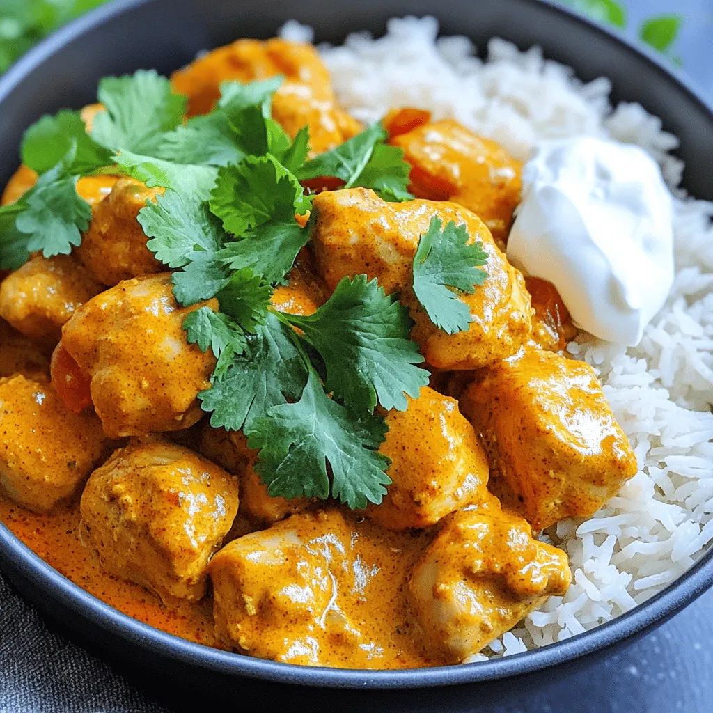 - 1.5 lbs boneless, skinless chicken thighs, cut into bite-sized chunks - 2 tablespoons unsalted butter - 1 large onion, finely diced - 4 cloves garlic, minced - 1 tablespoon fresh ginger, finely grated - 1 can (15 oz) full-fat coconut milk - 1 cup crushed tomatoes (canned or freshly pureed) - 2 tablespoons garam masala - 1 tablespoon ground cumin - 1 teaspoon ground coriander - 1 teaspoon turmeric powder - 1 teaspoon chili powder (adjust based on your heat preference) - 1 teaspoon sea salt - ½ teaspoon freshly cracked black pepper - ½ cup plain yogurt (for serving) - Fresh cilantro, chopped, for garnish Gathering ingredients is an essential step for making slow cooker butter chicken. You will need boneless, skinless chicken thighs. This cut stays juicy and tender during cooking. Use unsalted butter to create a rich base for flavor. Chop one large onion finely to add sweetness. Mince four cloves of garlic for a nice aroma. Grate one tablespoon of fresh ginger to bring warmth to the dish. For the sauce, grab one can of full-fat coconut milk and one cup of crushed tomatoes. These two ingredients make the dish creamy and tangy. Next, you will need spices for a burst of flavor. Use two tablespoons of garam masala for depth. Add one tablespoon of ground cumin, one teaspoon of ground coriander, one teaspoon of turmeric powder, and one teaspoon of chili powder. Adjust the chili powder to your heat preference. Season with one teaspoon of sea salt and half a teaspoon of freshly cracked black pepper. Finally, have half a cup of plain yogurt ready for serving. Fresh cilantro adds a pop of color and flavor as a garnish. Now that you have all your ingredients, you are ready to create a delicious and easy meal! Start by melting the butter in a large skillet over medium heat. As the butter melts, it releases a rich aroma. Add the finely diced onion and sauté it for 5-7 minutes. You want the onion to turn soft and translucent. This step builds a great flavor base for your butter chicken. Next, add the minced garlic and freshly grated ginger to the skillet. Stir this mixture for 1-2 minutes. You will notice the kitchen filling with a wonderful scent. This is the heart of your dish, full of flavor. Now, transfer the onion, garlic, and ginger mixture into your slow cooker. This is where the magic happens. Add the bite-sized pieces of chicken, crushed tomatoes, and coconut milk next. Then, sprinkle in the garam masala, ground cumin, ground coriander, turmeric, chili powder, sea salt, and black pepper. Gently stir all these ingredients together. Make sure the chicken pieces are well-coated with the sauces and spices. This helps every bite burst with flavor. Set your slow cooker to low and cook for 6-8 hours. If you're in a hurry, you can use the high setting for 3-4 hours. The dish is ready when the chicken is tender and fully cooked. Once the cooking time is up, use two forks to shred the chicken right in the slow cooker. Mix the shredded chicken with the sauce for a creamy consistency. This step makes the dish truly comforting and delicious. For extra creaminess, stir in the plain yogurt just before serving. - Adjusting spice levels: Start with one teaspoon of chili powder. You can add more if you like heat. Taste the sauce as it cooks. This way, you can find the right balance for your family. - Achieving creamy consistency with yogurt: Stir in half a cup of yogurt at the end. This makes the sauce rich and smooth. Mix well to blend it into the dish. It adds a nice tang that complements the spices. - Best side dishes for butter chicken: Serve butter chicken over steamed basmati rice. You can also pair it with warm naan bread. Both options soak up the sauce well. - Presentation tips for an appealing dish: Use deep bowls to serve butter chicken. Top it with fresh cilantro for color. Add a dollop of yogurt on the side. A lime wedge can give a nice touch of zest. This makes the dish look inviting and fresh. {{image_4}} You can switch up the protein in butter chicken to fit your taste. - Using chicken breasts or other meats: Chicken thighs work well, but chicken breasts are a leaner choice. You can also use turkey or even lamb for a different flavor. Just adjust the cooking time based on the meat's thickness. - Vegetarian/vegan alternatives: For a plant-based option, try chickpeas or tofu. Both soak up flavors well. You can replace chicken with these proteins and keep the same spices for a tasty dish. Adding new ingredients can change butter chicken's taste. - Adding extra vegetables: You can mix in veggies like bell peppers, peas, or spinach. These add color and nutrition. Just stir them in during the last hour of cooking for a perfect blend. - Regional spice variations: Try different spices to give your dish a unique twist. For example, adding cardamom can bring warmth. You can also use curry powder for a different spice profile. Feel free to get creative with your seasonings! To keep your slow cooker butter chicken fresh, follow these tips: - Refrigeration guidelines: Place leftovers in an airtight container. Store in the fridge for up to 3-4 days. This helps keep the flavors intact. - Freezing instructions: If you want to save it longer, freeze portions in freezer-safe bags. Remove excess air before sealing. It can last up to 2-3 months in the freezer. To enjoy your butter chicken again, reheating is key: - Best methods to reheat butter chicken: The microwave works well. Heat in short bursts, stirring in between. You can also use a saucepan over low heat, stirring often. This warms it evenly. - Ensuring flavor retention: Add a splash of coconut milk or a bit of water if it seems dry. This keeps the dish creamy and delicious. Yes, but adjust the cooking time accordingly. If you use frozen thighs, they may need more time to cook. If your slow cooker is set on low, aim for 8-10 hours. On high, 4-5 hours should work well. Typically, it lasts up to 3-4 days. Make sure to store it in an airtight container. This helps keep it fresh and tasty for your next meal. Yes, it can be prepared and stored beforehand. You can make it a day or two earlier and reheat it when you are ready to serve. Just be sure to cool it down before storing. Options include heavy cream or non-dairy milks. If you want a creamy texture, heavy cream is a great choice. For a lighter option, try almond or oat milk. Reduce chili powder and spice amounts. You can start by cutting the chili powder in half. Taste as you go, and adjust to your heat preference. This blog post guides you through making delicious butter chicken. We covered ingredients, cooking steps, tips, and variations to customize your dish. Remember to adjust spices and use yogurt for creaminess. Try different proteins or veggies for a new spin. Proper storage is key for flavor retention. Overall, butter chicken can be made to fit your taste. Enjoy serving this dish and impressing your friends with your cooking skills!