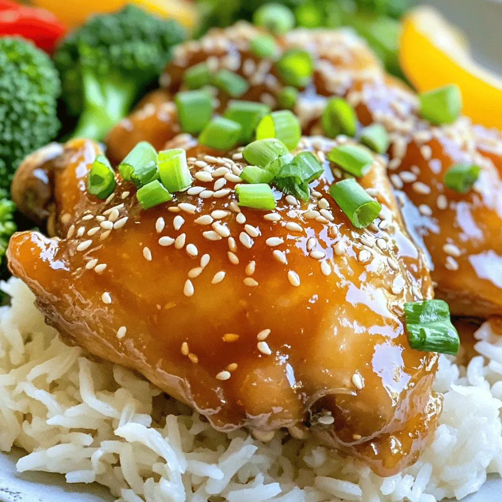 - 4-6 bone-in, skinless chicken thighs - 1/2 cup honey - 1/4 cup soy sauce - 4 cloves garlic, finely minced - 1 tablespoon fresh ginger, finely grated - 1 tablespoon sesame oil The main ingredients create a perfect balance of sweet and savory. The chicken thighs stay juicy and tender, while the honey and soy sauce blend together for a rich sauce. Garlic and ginger add depth, making each bite flavorful. The sesame oil gives a nice nutty finish. - 1 teaspoon sriracha (for added spice) - 1 tablespoon cornstarch (for sauce thickening) - 2 green onions, thinly sliced (for garnish) - Sesame seeds (for a delightful crunch) You can add sriracha if you like heat. Cornstarch helps thicken the sauce for a smooth texture. Sliced green onions and sesame seeds make a beautiful garnish. They add color and a nice crunch to the dish, enhancing both taste and presentation. Season the chicken thighs well. Use salt and pepper on both sides. This step is key to making the chicken tasty. You want every bite to have flavor. When the chicken is seasoned, it will soak up the sauce better. This small act makes a big difference in taste. In a medium bowl, mix the honey, soy sauce, minced garlic, and grated ginger. Add sesame oil for a rich flavor. If you like heat, include sriracha. Whisk everything until smooth. This sauce will coat the chicken and bring out its best flavors. Layer the seasoned chicken thighs in the slow cooker. Place them flat for even cooking. Pour the honey garlic sauce over the chicken. Make sure every piece gets coated. Cover the slow cooker. For low heat, cook for 4-6 hours. If you choose high heat, cook for 2-3 hours. The chicken is done when it reaches 165°F and is very tender. About 30 minutes before the chicken is done, make a cornstarch slurry. Mix 1 tablespoon of cornstarch with a small amount of water until smooth. Stir this mixture into the slow cooker. This will thicken the sauce and make it velvety. It also adds a nice gloss to the dish. When the chicken is cooked, carefully remove it from the slow cooker. Place it on a serving plate. Drizzle the sweet honey garlic sauce over the chicken. For a pretty finish, sprinkle sliced green onions and sesame seeds on top. This adds crunch and color to your dish. To ensure the chicken is tender and cooked through, season the thighs well. Use salt and pepper on both sides. This step is vital for flavor. Cook the chicken in the slow cooker for 4-6 hours on low or 2-3 hours on high. Always check that the internal temperature reaches 165°F. I recommend using a meat thermometer for accuracy. It takes the guesswork out of cooking. For a great meal, serve the chicken over steamed rice or fluffy quinoa. Both options soak up the tasty sauce well. Add a side of steamed broccoli or colorful bell peppers. These sides add nutrition and make your plate pop. For plating, drizzle the honey garlic sauce over the chicken. Then, sprinkle with sliced green onions and sesame seeds. This makes the dish look and taste amazing. You can customize this dish by adding herbs or spices. Fresh cilantro or basil can add a nice touch. If you want it sweeter, increase the honey. For more heat, add extra sriracha. Experimenting with flavors is fun and can lead to new favorites. Adjusting sweetness and spiciness can make the dish perfect for your taste buds. {{image_4}} You can easily swap ingredients to fit your needs. For a gluten-free option, use tamari instead of soy sauce. It works just as well and keeps the flavor intact. If you prefer a different protein, chicken breasts can replace the thighs. Just remember, breasts cook faster, so check them at around 2-3 hours on high heat. Want to give your dish an Asian twist? Try adding a splash of rice vinegar or some chopped green onions into the sauce. You can also switch up the sweeteners. Maple syrup or agave nectar can replace honey. Each one offers a unique flavor that can change the dish’s vibe. If you want a faster method, use an Instant Pot. Set it to the poultry setting for about 10-15 minutes. The chicken will turn out juicy and tender. You can also bake this dish in the oven. Just preheat your oven to 375°F and bake for about 35-40 minutes. Make sure to check the internal temperature to ensure it reaches 165°F. To store your leftover honey garlic chicken thighs, let them cool first. Place the chicken in an airtight container. This helps keep it fresh. Store it in the fridge for up to four days. When you are ready to eat, check for any off smells. This ensures safety and taste. If you want to keep the chicken longer, freezing is a great option. Wrap each thigh tightly in plastic wrap. Place the wrapped thighs in a freezer bag. Try to remove as much air as you can. Label the bag with the date. You can freeze the chicken for up to three months. This way, you can enjoy this dish later. When it’s time to reheat, do it gently. You want to keep the chicken moist. The best way is to use the oven. Preheat the oven to 350°F. Place the chicken in a baking dish, cover it with foil, and heat for about 20 minutes. Check that it’s heated through, reaching 165°F inside. You can also use the microwave, but be careful not to dry it out. Enjoy your delicious meal! You can store the chicken in the fridge for up to four days. Place it in an airtight container to keep it fresh. Be sure to let it cool before sealing. This helps maintain the best flavor and texture. Yes, you can use boneless thighs. They will cook faster, so check them after about 3 hours on low. Boneless thighs can be just as tasty, but they may lack some depth of flavor that bone-in thighs provide. Yes, you can prepare the chicken a day ahead. Just season and place it in the slow cooker. Store the uncooked chicken in the fridge overnight. Cook it the next day for a quick meal. Reheat any leftovers in the slow cooker or microwave. This dish pairs well with steamed rice or quinoa. You can also serve it with roasted vegetables like broccoli or bell peppers. A fresh salad can add a nice crunch and balance to the meal. To add heat, include more sriracha in the sauce. You can also sprinkle in red pepper flakes for an extra kick. If you love spice, consider adding fresh chopped chili peppers when serving for a fresh and fiery flavor. This article covered how to make Slow Cooker Honey Garlic Chicken Thighs. We explored ingredients, cooking steps, and tips for great results. Remember to adjust flavors to your liking and don’t hesitate to try new sides. You can also explore variations like using different proteins or cooking methods. With the right storage tips, you can enjoy this dish later. Try it out, and make it your own!