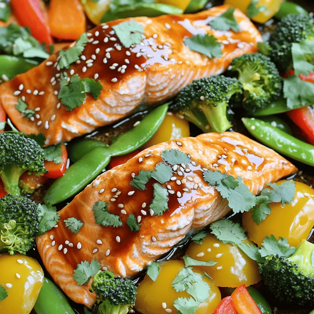 - 4 salmon fillets (about 6 ounces each) - 2 tablespoons teriyaki sauce - 1 tablespoon soy sauce - 1 tablespoon honey - 1 tablespoon sesame oil - 1 bell pepper, sliced (any vibrant color you prefer) - 2 cups broccoli florets (fresh or frozen) - 1 cup snap peas - 1 carrot, peeled and thinly sliced into rounds - 2 tablespoons sesame seeds (for garnish) - Salt and freshly ground black pepper to taste - Fresh cilantro leaves or finely chopped green onions (for garnish) - Baking sheet - Parchment paper - Mixing bowl - Whisk - Spatula or tongs Gather these ingredients and tools before you start. The salmon fillets are the star of this dish. The teriyaki sauce adds a sweet and savory flavor. The fresh vegetables make the meal colorful and healthy. You can pick any bell pepper color you like, which will brighten your dish. Broccoli florets, snap peas, and carrot rounds add great texture. Use a baking sheet lined with parchment paper for easy cleanup. A mixing bowl and whisk help blend the sauce. A spatula or tongs will help you handle the salmon and veggies with ease. This setup makes cooking fun and simple! First, set your oven to 400°F (200°C). This is the perfect temperature for cooking salmon and veggies at once. Next, take a large baking sheet and line it with parchment paper. This makes cleanup easy after you're done cooking. In a small mixing bowl, combine these four ingredients: - 2 tablespoons teriyaki sauce - 1 tablespoon soy sauce - 1 tablespoon honey - 1 tablespoon sesame oil Whisk them together until smooth. Set this sauce aside for later. It will add great flavor to your dish. Now, place the salmon fillets in the center of your lined baking sheet. Each fillet should be about 6 ounces. Lightly season each with salt and freshly ground black pepper. This will enhance their natural taste. Next, arrange the colorful veggies around the salmon. Use: - 1 sliced bell pepper - 2 cups broccoli florets - 1 cup snap peas - 1 thinly sliced carrot Make sure to create a vibrant display. It will look great and taste even better. Drizzle the teriyaki sauce over both the salmon and the veggies. Make sure everything gets coated well. You can gently toss the veggies with your hands or a spatula to mix them nicely. Now, place the baking sheet in the oven. Bake for about 15-20 minutes. The salmon will turn opaque and flake easily when done. The veggies should be tender but still bright in color. Once baking is complete, carefully take the sheet out. Garnish with sesame seeds and fresh cilantro or chopped green onions. This adds a nice touch and freshness to your dish. Enjoy your delicious meal! To cook salmon just right, make sure your oven is at 400°F (200°C). This heat helps the fish cook evenly. Place your salmon fillets in the center of the baking sheet for best results. Salmon is done when it turns opaque and flakes easily with a fork. This usually takes about 15 to 20 minutes. If you're not sure, you can use a meat thermometer. The inside should reach 145°F (63°C). For the veggies, cut them into uniform pieces. This ensures they cook evenly. Bell peppers should be sliced in strips, while carrots should be thinly sliced into rounds. Fresh broccoli florets work best, but you can use frozen ones if you're short on time. Just make sure to thaw them first. Toss the veggies in the teriyaki sauce for full flavor. For a fun presentation, serve the dish straight from the baking sheet. It looks great and saves time. If you want a fancier look, transfer the salmon and veggies onto plates. Drizzle any leftover teriyaki sauce over the top for extra flavor. Pair your meal with rice or a fresh salad for a balanced dinner. {{image_4}} You can swap salmon for other proteins. Chicken works well with teriyaki flavors. Use skinless, boneless chicken thighs or breasts. Cook them the same way as salmon. For a vegetarian option, try tofu. Firm tofu absorbs flavors well. Cut it into cubes and follow the same steps in the recipe. Other fish options are also great. Try cod or halibut for a milder taste. These fish will cook similarly to salmon. Adjust the cooking time based on thickness. Feel free to mix in seasonal vegetables. Asparagus and zucchini are delightful in the spring. In winter, add Brussels sprouts or butternut squash. These veggies bring different textures and flavors. Colorful combinations are eye-catching. Use a mix of red, yellow, and green bell peppers. Add purple eggplant for a fun touch. Bright colors make the dish more appealing and healthy. You can enhance the flavor in many ways. Adding ginger or garlic gives a nice kick. Try a pinch of red pepper flakes for heat. If you want a twist, use other sauces. A sweet chili sauce can add a fantastic zing. For a homemade teriyaki sauce, combine soy sauce, brown sugar, and rice vinegar. Adjust the sweetness to your taste. To keep your Sheet-Pan Teriyaki Salmon and veggies fresh, follow these tips: - Let the dish cool to room temperature. - Store leftovers in airtight containers. - Keep the salmon and veggies separate if possible. This helps retain texture. Use glass or BPA-free plastic containers for the best results. Glass is great for reheating, while plastic is lightweight and easy to store. Reheating your salmon and veggies can be simple. Here are some methods: - Oven: Preheat to 350°F (175°C). Place the salmon and veggies on a baking sheet. Heat for about 10 minutes until warmed through. - Microwave: Place on a microwave-safe plate. Heat in 30-second intervals until warm. This method is quick but may make the salmon a bit less firm. To keep the dish flavorful, sprinkle a little water over the veggies before reheating. This helps retain moisture. If you want to freeze the dish, here’s how: - Cool the salmon and veggies completely before packing. - Use freezer-safe bags or containers. Remove as much air as possible to prevent freezer burn. - Label the containers with the date. When you’re ready to eat, thaw the dish in the fridge overnight. For reheating, use the oven or microwave as described above. This will help keep the flavors intact. Making this dish is quick and easy. You need about 10 minutes to prep. The cooking time is around 15 to 20 minutes. So, in just 25 to 30 minutes, you can enjoy a delicious meal. You can pair teriyaki salmon with many sides. Here are some ideas: - Steamed rice or jasmine rice - Quinoa for a healthy twist - A simple green salad - Garlic bread for a fun touch - Stir-fried vegetables for extra crunch Yes, you can prepare some parts in advance. You can chop the veggies and mix the sauce. Store them in the fridge. This way, when you're ready to cook, you can just assemble and bake. It saves time during busy days. Absolutely! Sheet-pan teriyaki salmon is perfect for meal prep. You can make a big batch and pack it in containers. Just reheat in the oven or microwave when you are ready to eat. The flavors stay great, and it’s healthy too. In this blog post, we explored how to make delicious sheet-pan teriyaki salmon and veggies. You learned about key ingredients like salmon fillets, teriyaki sauce, and vibrant vegetables. I provided step-by-step instructions, cooking tips, and suggestions for variations. Cooking can be fun and healthy, especially with this recipe. Enjoying your meals is just as important as making them. Experiment with different flavors and have fun with your dish. Happy cooking!