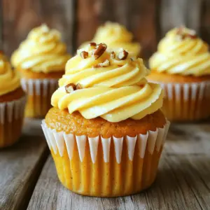 - 1 ½ cups all-purpose flour - 1 cup canned pumpkin puree - 1 cup granulated sugar - ⅓ cup vegetable oil - 2 large eggs - 1 tsp vanilla extract (for the batter) - 1 tsp baking powder - 1 tsp baking soda - 1 tsp ground cinnamon - ½ tsp ground nutmeg - ¼ tsp ground ginger - ¼ tsp salt I use canned pumpkin puree for ease and flavor. It adds moisture and rich taste. The spices create warmth and depth, perfect for fall. - 8 oz cream cheese, softened to room temperature - ½ cup unsalted butter, softened to room temperature - 4 cups powdered sugar - 1 tsp vanilla extract (for frosting) The frosting is smooth and creamy. The cream cheese gives it a tangy kick. It pairs perfectly with the sweet cupcakes. - Chopped pecans for topping Chopped pecans add crunch and flavor. They also make the cupcakes look inviting and festive. Feel free to sprinkle them on top for extra flair. Start by preheating your oven to 350°F (175°C). This step is key for even baking. While the oven warms up, grab a muffin tin. Line the tin with cupcake liners. This helps the cupcakes release easily after baking. In a large mixing bowl, add: - 1 cup canned pumpkin puree - ⅓ cup vegetable oil - 1 cup granulated sugar - 2 large eggs - 1 tsp vanilla extract Using a whisk or electric mixer, blend these ingredients well. Aim for a smooth and creamy texture. This mix gives the cupcakes their pumpkin flavor and moistness. In another bowl, combine: - 1 ½ cups all-purpose flour - 1 tsp baking powder - 1 tsp baking soda - 1 tsp ground cinnamon - ½ tsp ground nutmeg - ¼ tsp ground ginger - ¼ tsp salt Whisk these dry ingredients together until they are fully mixed. This step ensures the spices are evenly distributed in the batter. Now, slowly add the dry mix to the wet mixture. Stir gently with a spatula until just combined. Avoid overmixing; this keeps the cupcakes light and fluffy. Next, fill each cupcake liner about two-thirds full. Bake in the oven for 18-20 minutes. Check doneness by inserting a toothpick into the center. If it comes out clean, they are ready. While the cupcakes cool, let’s make the frosting. In a medium bowl, beat together: - 8 oz cream cheese, softened - ½ cup unsalted butter, softened Mix until creamy and smooth. Gradually add in 4 cups powdered sugar. Continue to mix until well blended. Stir in 1 tsp vanilla extract for extra flavor. Once your cupcakes are cool, it’s time to frost them. Use a knife or piping bag to spread the frosting generously on top. For a fun touch, sprinkle chopped pecans on each cupcake. This adds crunch and a nutty flavor that pairs beautifully with the pumpkin. To keep your pumpkin cupcakes light and fluffy, mix gently. After adding the dry ingredients, stir slowly. Use a spatula or wooden spoon. Stop mixing as soon as you don’t see any dry flour. Overmixing makes the cupcakes tough. Trust me; tender is the way to go! For the best results, preheat your oven to 350°F (175°C). Fill your cupcake liners about two-thirds full. This gives them space to rise without overflowing. Bake for 18-20 minutes. To check if they’re done, insert a toothpick in the center. If it comes out clean, they are ready! Softening the cream cheese and butter is key for smooth frosting. Let them sit at room temperature for about 30 minutes. Start mixing them together until creamy. Gradually add powdered sugar. Mix well for a smooth texture. If your frosting is too thick, add a splash of milk to loosen it up. For a stunning display, arrange your cupcakes on a nice platter. Sprinkle some cinnamon or chopped pecans on top for color and crunch. You can also use a piping bag for the frosting. This makes your cupcakes look extra special. Enjoy serving these delightful treats! {{image_4}} You can change the frosting to make your pumpkin cupcakes unique. Try chocolate ganache for a rich twist. To make this, melt chocolate and mix it with cream until smooth. You can also use whipped cream for a light touch. Creamy vanilla buttercream is another good choice. Each option adds a new flavor to your cupcakes. Making gluten-free pumpkin cupcakes is easy. Just swap the all-purpose flour with a gluten-free flour blend. Look for one that includes xanthan gum for the best texture. Follow the same recipe steps and enjoy a tasty treat that everyone can eat. To boost flavor, add spices or chocolate chips to the batter. Try mixing in a teaspoon of allspice or cloves for warmth. You can also fold in semi-sweet chocolate chips for sweetness. This adds a fun surprise in each bite. Get creative and make these cupcakes your own! To keep your pumpkin cupcakes fresh, store them in an airtight container. Place them at room temperature for up to two days. If you want to save them longer, move them to the fridge. Just remember to let them sit out for a few minutes before serving. This way, they stay soft and tasty. Freezing is a great way to save cupcakes. To freeze, first, let the cupcakes cool completely. Wrap each cupcake in plastic wrap. Then, place them in a freezer bag or an airtight container. They can stay frozen for up to three months. When you're ready to eat them, take them out and let them thaw at room temperature. They will taste fresh! Frosted cupcakes need special care. To store them, let the frosting set for about 30 minutes. Then, place them in an airtight container. Store them in the fridge if they have cream cheese frosting. They will stay fresh for up to five days. For best taste, bring them back to room temperature before serving. This way, the frosting tastes creamy and delicious! Yes, you can make these cupcakes ahead of time. Bake the cupcakes and let them cool completely. Once cool, store them in an airtight container. They stay fresh for up to three days at room temperature or a week in the fridge. You can frost them the day you plan to serve. If you don't have pumpkin puree, you can use butternut squash puree. It has a similar texture and flavor. You could also use sweet potato puree. Both options keep the taste rich and yummy. If your cream cheese frosting is runny, add more powdered sugar. Start with half a cup at a time until you reach the right thickness. If it’s still too runny, chill the frosting in the fridge for 15-20 minutes. This helps it firm up nicely. Serve these cupcakes at room temperature for the best taste. Arrange them on a nice platter. You can add a sprinkle of cinnamon or chopped pecans on top for extra flair. They look great and taste even better! These pumpkin cupcakes are fun to make and taste great. We covered ingredients, clear steps, and helpful tips. You can add your own twist with variations and store them easily, too. In the end, enjoying your time in the kitchen is what matters most. Bake these cupcakes, savor the moments, and share with your loved ones. Happy baking!