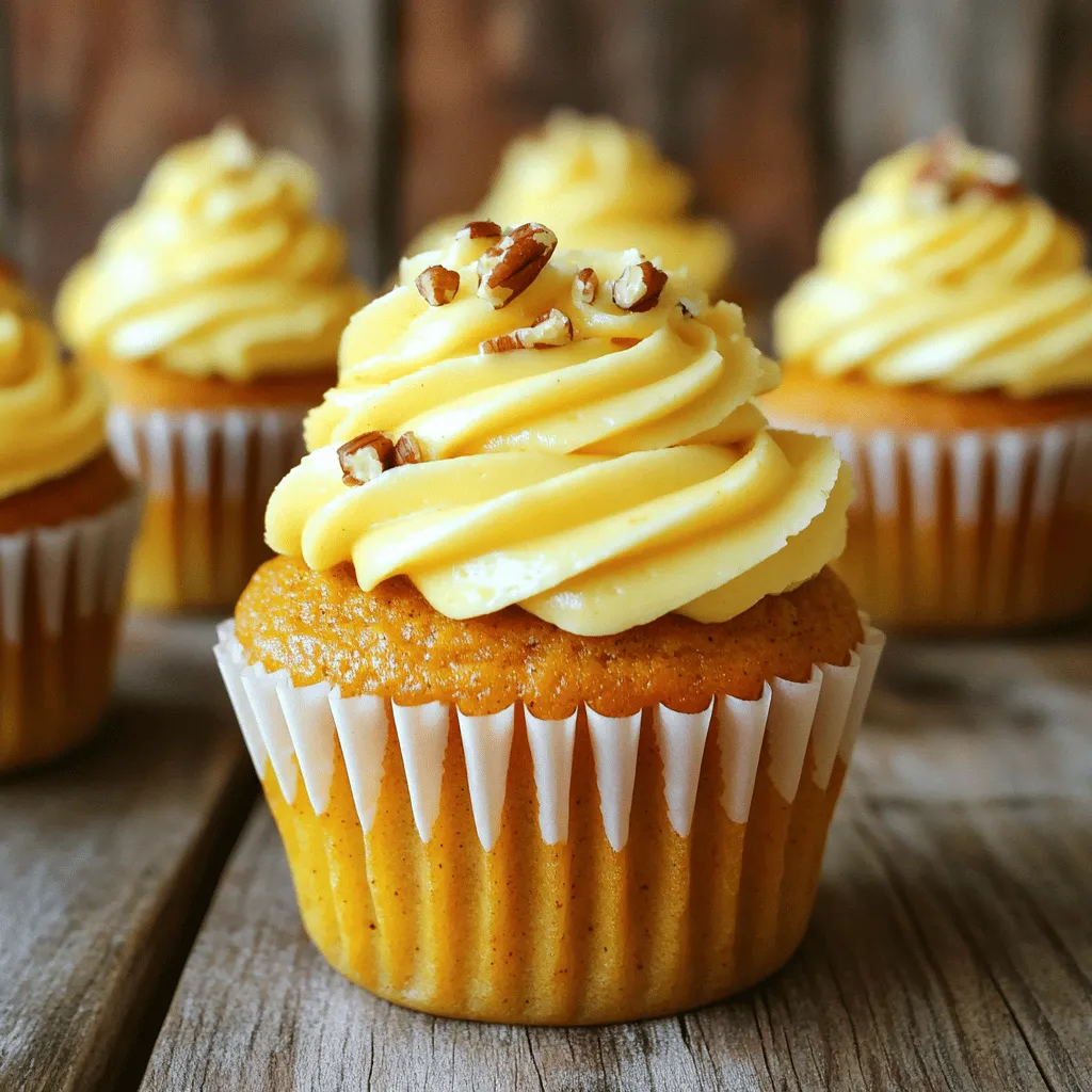 - 1 ½ cups all-purpose flour - 1 cup canned pumpkin puree - 1 cup granulated sugar - ⅓ cup vegetable oil - 2 large eggs - 1 tsp vanilla extract (for the batter) - 1 tsp baking powder - 1 tsp baking soda - 1 tsp ground cinnamon - ½ tsp ground nutmeg - ¼ tsp ground ginger - ¼ tsp salt I use canned pumpkin puree for ease and flavor. It adds moisture and rich taste. The spices create warmth and depth, perfect for fall. - 8 oz cream cheese, softened to room temperature - ½ cup unsalted butter, softened to room temperature - 4 cups powdered sugar - 1 tsp vanilla extract (for frosting) The frosting is smooth and creamy. The cream cheese gives it a tangy kick. It pairs perfectly with the sweet cupcakes. - Chopped pecans for topping Chopped pecans add crunch and flavor. They also make the cupcakes look inviting and festive. Feel free to sprinkle them on top for extra flair. Start by preheating your oven to 350°F (175°C). This step is key for even baking. While the oven warms up, grab a muffin tin. Line the tin with cupcake liners. This helps the cupcakes release easily after baking. In a large mixing bowl, add: - 1 cup canned pumpkin puree - ⅓ cup vegetable oil - 1 cup granulated sugar - 2 large eggs - 1 tsp vanilla extract Using a whisk or electric mixer, blend these ingredients well. Aim for a smooth and creamy texture. This mix gives the cupcakes their pumpkin flavor and moistness. In another bowl, combine: - 1 ½ cups all-purpose flour - 1 tsp baking powder - 1 tsp baking soda - 1 tsp ground cinnamon - ½ tsp ground nutmeg - ¼ tsp ground ginger - ¼ tsp salt Whisk these dry ingredients together until they are fully mixed. This step ensures the spices are evenly distributed in the batter. Now, slowly add the dry mix to the wet mixture. Stir gently with a spatula until just combined. Avoid overmixing; this keeps the cupcakes light and fluffy. Next, fill each cupcake liner about two-thirds full. Bake in the oven for 18-20 minutes. Check doneness by inserting a toothpick into the center. If it comes out clean, they are ready. While the cupcakes cool, let’s make the frosting. In a medium bowl, beat together: - 8 oz cream cheese, softened - ½ cup unsalted butter, softened Mix until creamy and smooth. Gradually add in 4 cups powdered sugar. Continue to mix until well blended. Stir in 1 tsp vanilla extract for extra flavor. Once your cupcakes are cool, it’s time to frost them. Use a knife or piping bag to spread the frosting generously on top. For a fun touch, sprinkle chopped pecans on each cupcake. This adds crunch and a nutty flavor that pairs beautifully with the pumpkin. To keep your pumpkin cupcakes light and fluffy, mix gently. After adding the dry ingredients, stir slowly. Use a spatula or wooden spoon. Stop mixing as soon as you don’t see any dry flour. Overmixing makes the cupcakes tough. Trust me; tender is the way to go! For the best results, preheat your oven to 350°F (175°C). Fill your cupcake liners about two-thirds full. This gives them space to rise without overflowing. Bake for 18-20 minutes. To check if they’re done, insert a toothpick in the center. If it comes out clean, they are ready! Softening the cream cheese and butter is key for smooth frosting. Let them sit at room temperature for about 30 minutes. Start mixing them together until creamy. Gradually add powdered sugar. Mix well for a smooth texture. If your frosting is too thick, add a splash of milk to loosen it up. For a stunning display, arrange your cupcakes on a nice platter. Sprinkle some cinnamon or chopped pecans on top for color and crunch. You can also use a piping bag for the frosting. This makes your cupcakes look extra special. Enjoy serving these delightful treats! {{image_4}} You can change the frosting to make your pumpkin cupcakes unique. Try chocolate ganache for a rich twist. To make this, melt chocolate and mix it with cream until smooth. You can also use whipped cream for a light touch. Creamy vanilla buttercream is another good choice. Each option adds a new flavor to your cupcakes. Making gluten-free pumpkin cupcakes is easy. Just swap the all-purpose flour with a gluten-free flour blend. Look for one that includes xanthan gum for the best texture. Follow the same recipe steps and enjoy a tasty treat that everyone can eat. To boost flavor, add spices or chocolate chips to the batter. Try mixing in a teaspoon of allspice or cloves for warmth. You can also fold in semi-sweet chocolate chips for sweetness. This adds a fun surprise in each bite. Get creative and make these cupcakes your own! To keep your pumpkin cupcakes fresh, store them in an airtight container. Place them at room temperature for up to two days. If you want to save them longer, move them to the fridge. Just remember to let them sit out for a few minutes before serving. This way, they stay soft and tasty. Freezing is a great way to save cupcakes. To freeze, first, let the cupcakes cool completely. Wrap each cupcake in plastic wrap. Then, place them in a freezer bag or an airtight container. They can stay frozen for up to three months. When you're ready to eat them, take them out and let them thaw at room temperature. They will taste fresh! Frosted cupcakes need special care. To store them, let the frosting set for about 30 minutes. Then, place them in an airtight container. Store them in the fridge if they have cream cheese frosting. They will stay fresh for up to five days. For best taste, bring them back to room temperature before serving. This way, the frosting tastes creamy and delicious! Yes, you can make these cupcakes ahead of time. Bake the cupcakes and let them cool completely. Once cool, store them in an airtight container. They stay fresh for up to three days at room temperature or a week in the fridge. You can frost them the day you plan to serve. If you don't have pumpkin puree, you can use butternut squash puree. It has a similar texture and flavor. You could also use sweet potato puree. Both options keep the taste rich and yummy. If your cream cheese frosting is runny, add more powdered sugar. Start with half a cup at a time until you reach the right thickness. If it’s still too runny, chill the frosting in the fridge for 15-20 minutes. This helps it firm up nicely. Serve these cupcakes at room temperature for the best taste. Arrange them on a nice platter. You can add a sprinkle of cinnamon or chopped pecans on top for extra flair. They look great and taste even better! These pumpkin cupcakes are fun to make and taste great. We covered ingredients, clear steps, and helpful tips. You can add your own twist with variations and store them easily, too. In the end, enjoying your time in the kitchen is what matters most. Bake these cupcakes, savor the moments, and share with your loved ones. Happy baking!