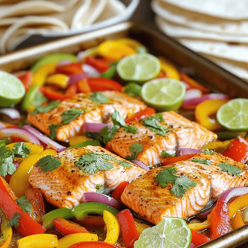 The main ingredients for this dish include: - 4 salmon fillets (6 oz each) - 1 red bell pepper, sliced - 1 yellow bell pepper, sliced - 1 medium red onion, sliced - 2 tablespoons extra-virgin olive oil - 2 teaspoons chili powder - 1 teaspoon ground cumin - 1 teaspoon smoked paprika - 1 teaspoon garlic powder - 1/2 teaspoon cayenne pepper (optional) - Salt and freshly ground black pepper to taste - Juice of 1 fresh lime - Fresh cilantro, chopped, for garnish - 8 small flour tortillas (for serving) You can add other ingredients to make this dish even better: - Diced tomatoes for freshness - Avocado slices for creaminess - Jalapeños for extra heat - Cheese for a rich taste If you want to switch things up, consider these options: - Use chicken breasts instead of salmon - Try zucchini or corn for veggies - Substitute quinoa for tortillas for a gluten-free option - Experiment with different spices like taco seasoning or oregano Using different ingredients can help you find a flavor that you love! Begin by preheating your oven to 400°F (200°C). This step is key for cooking. Next, grab a large baking sheet and spread out the sliced red and yellow bell peppers. Add the sliced red onion too. This colorful mix makes a great base for your salmon. In a medium bowl, mix together 2 tablespoons of olive oil, 2 teaspoons of chili powder, 1 teaspoon of ground cumin, 1 teaspoon of smoked paprika, 1 teaspoon of garlic powder, and cayenne pepper if you want some heat. Add salt and pepper to taste. This marinade brings wonderful flavor. Now, lay the salmon fillets on top of the veggies. Pour half the marinade over the salmon. Spread it evenly with a brush or spoon. Then, drizzle the rest of the marinade over the veggies. Squeeze the juice of one fresh lime over everything. This adds a nice zesty touch. Carefully put the baking sheet in the oven. Bake for 15 to 20 minutes. The salmon will be ready when it looks opaque and flakes easily. Once done, take the sheet pan out and let it rest for a few minutes. This helps the flavors blend. Serve the fajita salmon with warm flour tortillas. Let everyone make their own wraps. Top with fresh chopped cilantro for extra flavor. Enjoy this simple yet tasty meal! To cook perfect salmon, start with fresh fillets. Look for bright color and firm texture. Preheat your oven to 400°F (200°C). This high heat helps the salmon cook evenly. Use a rimmed baking sheet for easy cleanup. Lay the salmon on top of the veggies. This allows the flavors to mix. Bake for 15-20 minutes. The salmon should flake easily with a fork when done. Seasoning is key to great flavor. In your marinade, use chili powder, cumin, and paprika. These spices add depth. You can also add garlic powder for extra taste. For a spicy kick, include cayenne pepper. Always taste your marinade before using. Adjust with salt or lime juice to balance flavors. Fresh herbs like cilantro enhance the dish when served. Presentation makes a meal more enjoyable. Arrange the salmon and veggies on a large platter. Sprinkle chopped cilantro on top for color. Serve warm flour tortillas in a basket on the side. This lets everyone make their own wraps. You can also add lime wedges on the platter for a fresh touch. An inviting setup encourages everyone to dig in! {{image_4}} You can swap salmon for chicken or shrimp. Both work well with this recipe. If you choose chicken, use boneless thighs or breasts. They will cook evenly and stay juicy. For shrimp, use large, peeled shrimp for a quick cook time. Adjust the cooking time. Shrimp cooks in about 10-12 minutes, while chicken may need 20-25 minutes. Feel free to mix and match veggies. Try zucchini, mushrooms, or cherry tomatoes. Each adds a unique flavor and texture. Broccoli or asparagus also make great choices. Just remember to cut veggies into similar sizes for even cooking. This keeps everything tender and delicious. You can control the heat in this dish easily. If you like it mild, skip the cayenne pepper. Instead, use sweet paprika. If you want more heat, add extra cayenne or even jalapeños. Fresh chopped chilies can give a great kick. Start with a little, taste, and adjust. Remember, you can always add more spice, but you can't take it away! After enjoying your sheet pan fajita salmon, you might have some leftovers. To keep them fresh, store the salmon and vegetables in an airtight container. Make sure to cool them to room temperature first. This helps prevent moisture build-up and keeps flavors intact. Try to eat the leftovers within 2-3 days for the best taste. When you're ready to enjoy your leftovers, reheating correctly is key. Preheat your oven to 350°F (175°C). Place the salmon and vegetables on a baking sheet. Cover them with foil to keep moisture in. Heat for about 10-15 minutes or until warmed through. This method keeps the salmon juicy and the peppers crisp. If you want to save more for later, you can freeze your fajita salmon. First, let it cool completely, then wrap it tightly in plastic wrap. Place the wrapped salmon and veggies in a freezer bag, removing as much air as possible. You can freeze them for up to 3 months. When you're ready to eat, thaw overnight in the fridge before reheating. Yes, you can use frozen salmon. Just make sure to thaw it first. You can put it in the fridge overnight or run it under cold water. Thawed salmon cooks better and has a nice texture. If you use frozen salmon, add a few extra minutes to the cooking time. Keep an eye on it to avoid overcooking. Sheet Pan Fajita Salmon pairs well with many sides. Here are a few ideas: - Rice: Cilantro lime rice adds flavor and freshness. - Beans: Black or pinto beans offer protein and fiber. - Salad: A light salad with avocado and tomatoes is refreshing. - Guacamole: This adds creaminess and pairs well with the salmon. - Salsa: Fresh salsa brings a zesty kick to the meal. Feel free to mix and match these sides to fit your taste! To check if the salmon is done, look for a few key signs: - Color: The salmon should be opaque and not translucent. - Flaking: Use a fork to test; it should flake easily. - Temperature: The internal temp should reach 145°F (63°C). If you see these signs, your salmon is ready to eat! Enjoy your meal and get ready to savor those delicious flavors. In this blog post, we explored how to make Sheet Pan Fajita Salmon. We covered the main and optional ingredients for great flavor. I shared step-by-step instructions for prep, seasoning, and cooking. I also included tips for perfect seasoning and presentation. You can try different proteins and veggies, too. Lastly, we discussed storage and reheating tips. Use this guide to enjoy tasty and easy meals. With a little creativity, you can make it just right for you.