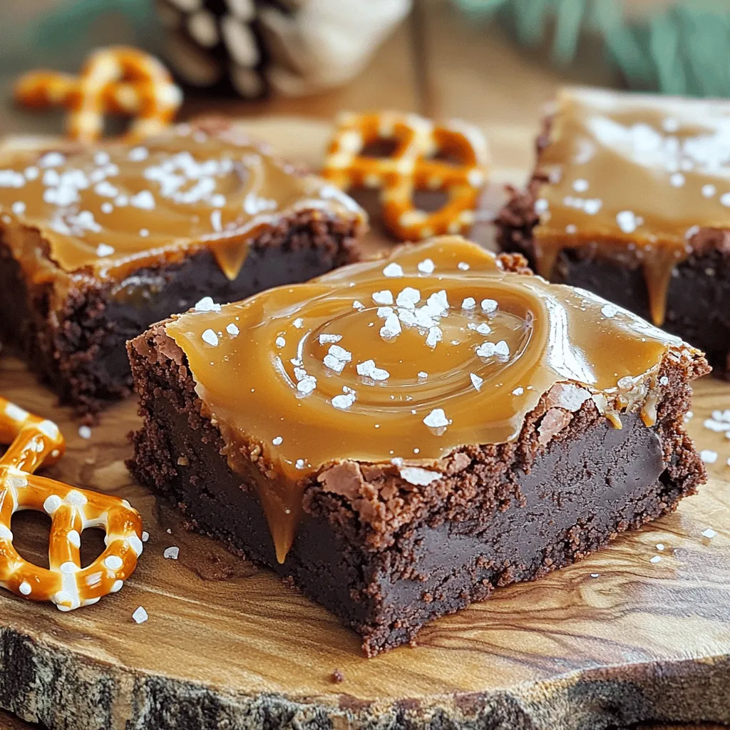When making salted caramel pretzel brownies, the right ingredients make all the difference. Here’s what you will need to create this sweet treat: - 1 cup unsalted butter, melted - 2 cups granulated sugar - 4 large eggs - 1 teaspoon pure vanilla extract - 1 cup all-purpose flour - ½ cup unsweetened cocoa powder - ½ teaspoon baking powder - ½ teaspoon salt - 1 cup mini pretzels, crushed - 1 cup salted caramel sauce (you can use store-bought or homemade) - Flaky sea salt for topping Using unsalted butter gives you control over the saltiness. Granulated sugar adds sweetness and helps the brownies rise. The four large eggs provide moisture and richness. Pure vanilla extract adds a warm flavor that balances the sweetness. All-purpose flour and cocoa powder create a fudgy texture. Baking powder helps the brownies rise while salt enhances all the flavors. The crushed mini pretzels add a delightful crunch and salty contrast. The salted caramel sauce brings that sweet and salty magic, making these brownies truly special. Finally, a sprinkle of flaky sea salt on top gives a nice finish. It’s the perfect touch! - Preheat your oven to 350°F (175°C). - Grease a 9x13 inch baking pan and line it with parchment paper. Make sure the paper hangs over the sides. This will help you lift the brownies out later. - In a large bowl, combine 1 cup of melted butter and 2 cups of granulated sugar. Whisk until smooth. - Add 4 large eggs, one at a time. Whisk well after each egg. Then mix in 1 teaspoon of pure vanilla extract until smooth. - In another bowl, sift together 1 cup of all-purpose flour, ½ cup of unsweetened cocoa powder, ½ teaspoon of baking powder, and ½ teaspoon of salt. This step helps mix the dry ingredients evenly. - Fold the dry mixture into the wet bowl using a spatula. Mix just until combined. Be careful not to overmix. This keeps the brownies fudgy. - Gently fold in 1 cup of crushed mini pretzels. Make sure the pretzels spread throughout the batter for a nice crunch. - Pour half of the brownie batter into the prepared pan. Spread it evenly with a spatula. Drizzle half of the salted caramel sauce (1 cup total) over this layer. Let it seep into the batter a bit. - Spoon the rest of the brownie batter over the caramel layer. Spread it gently. Swirl the remaining caramel sauce on top for a great finish. - Sprinkle a pinch of flaky sea salt on top for extra flavor. Bake for 30-35 minutes. To test, insert a toothpick in the center. It should come out with a few moist crumbs. - Let the brownies cool in the pan for about 20 minutes. Use the parchment paper to lift them out. Transfer to a wire rack and cool completely before cutting into squares. To get that perfect brownie texture, don't overmix. Overmixing can lead to tough brownies. Mix just until the wet and dry ingredients blend together. This keeps your brownies fudgy and soft. Aim for a smooth mixture without lumps, but stop before it becomes too thick. This little trick makes all the difference. Top your brownies with flaky sea salt. It adds a delightful crunch and balances the sweetness. You can also drizzle extra salted caramel on top. For a fun touch, add whole pretzels as garnish. They create a beautiful look and hint at the flavors inside. This makes your brownies not just tasty but also visually striking. Watch the baking time closely. Bake for 30-35 minutes, but check with a toothpick. You want a few moist crumbs, not raw batter. If you bake too long, the brownies dry out. To keep them moist, avoid opening the oven door too often. This will help you make the best brownies each time you bake. {{image_4}} You can switch up the nuts in these brownies. Try adding walnuts or pecans. They add a great crunch and flavor. If you want a different taste, swap out the chocolate types. Use dark, milk, or even white chocolate. Each type brings its unique touch. If you need gluten-free brownies, use a gluten-free flour blend. This works well in place of all-purpose flour. Make sure to check the blend has a good structure. This change keeps the brownies delicious and moist. To make these brownies vegan, replace the eggs. You can use flax eggs or applesauce. Both options work great. For butter, choose a plant-based alternative. Coconut oil or vegan butter will do the trick. These swaps ensure everyone can enjoy these tasty treats. To keep your salted caramel pretzel brownies fresh, store them at room temperature. Use an airtight container to protect them from air and moisture. If you prefer, you can refrigerate them for a firmer texture. Just remember, cold storage may take away some of the gooeyness. Keep them covered tightly either way. Freezing brownies is easy. First, cut them into squares. Wrap each piece tightly in plastic wrap. Then, place them in a freezer-safe bag or container. This keeps them fresh for up to three months. When you want to enjoy them, take out a piece and leave it at room temperature. For the best results, thaw them overnight in the fridge. Enjoy the soft and chewy texture as if they were freshly baked! Yes, homemade salted caramel sauce works great in this recipe. It adds a personal touch. Making it at home can be easy. Just heat sugar until it melts, then add cream and salt. This gives you a fresh and rich flavor. You can check if the brownies are done by using a toothpick. Insert it in the center. If it comes out with a few moist crumbs, they are ready. Avoid overbaking them for a gooey texture. You can use salted butter if you don’t have unsalted butter. Just reduce the added salt a little. Coconut oil is another good option for a dairy-free alternative. It adds a nice flavor too. Yes, this recipe is naturally nut-free. You can safely enjoy the brownies without adding any nuts. If you want to add texture, consider using seeds like pumpkin or sunflower seeds instead of nuts. These brownies can last for up to a week when stored correctly. Keep them in an airtight container at room temperature. If you refrigerate them, they may last a bit longer but can become firmer. In this post, you learned how to make salted caramel pretzel brownies step by step. From choosing ingredients to prepping your baking pan, each detail is key. I shared tips for perfect texture and ideas for fun variations. Remember, keeping an eye on bake time is vital for the best results. Whether you enjoy them warm or cold, these brownies are a tasty treat. Get ready to impress friends and family with your delicious skills. Happy baking!