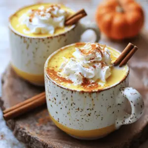 To make a cozy cup of pumpkin white hot chocolate, you need a few key items. Here are the must-haves: - 2 cups of milk (whole, almond, or oat milk) - 1/2 cup of pumpkin puree (canned or homemade) - 1/2 cup of white chocolate chips - 1 teaspoon of vanilla extract - 1/2 teaspoon of pumpkin pie spice (plus extra for garnish) - 1 tablespoon of brown sugar (optional, adjust to taste) - Whipped cream (for serving) - Cinnamon sticks (optional, for garnish) These ingredients come together to create a rich and creamy drink. Each element plays a vital role. The milk provides creaminess, while the pumpkin adds warmth. The white chocolate gives sweetness, and the spices bring in that fall flavor. You can easily make this drink your own with some fun add-ins. Consider these options: - A pinch of nutmeg for extra warmth - A splash of coffee for a mocha twist - Candy corn or mini marshmallows for a sweet topping - A drizzle of caramel sauce for more sweetness These extras can enhance your drink. Feel free to mix and match to find your favorite combo! Don't worry if you can't find something on the list. Here are some swaps you can use: - Substitute almond milk with any nut milk you prefer. - Use dark chocolate chips if you like a richer taste. - Swap pumpkin puree with butternut squash puree for a different flavor. - Maple syrup can replace brown sugar for natural sweetness. These substitutions help you tailor the recipe to your taste or dietary needs. You can enjoy this drink in many ways! For the full recipe, check out the Pumpkin Spice White Hot Chocolate . Making pumpkin white hot chocolate is simple and quick. You will need basic tools like a medium pot and a whisk. Gather all your ingredients first. This makes cooking smooth and fun. 1. In a medium pot, mix two cups of milk and half a cup of pumpkin puree. Heat over medium heat. Stir gently until warm but not boiling. 2. Once warm, add half a cup of white chocolate chips. Keep stirring until the chocolate melts and the mix is creamy. 3. Next, add one teaspoon of vanilla extract, half a teaspoon of pumpkin pie spice, and one tablespoon of brown sugar if you want it sweeter. Stir well to blend all flavors. 4. Remove the pot from the heat and let it sit for one minute. This helps the drink thicken a bit. 5. Pour the pumpkin white hot chocolate into mugs. Top each one with whipped cream. 6. For a fun garnish, sprinkle more pumpkin pie spice on the whipped cream. You can also add a cinnamon stick for stirring. Serve your pumpkin white hot chocolate on a pretty coaster. Add a few cookies on the side for a sweet treat. This drink is perfect for cozy nights or festive gatherings. For the full recipe, check out the details above. To make your pumpkin white hot chocolate super creamy, use whole milk. You can also try almond or oat milk for a different taste. Heat the milk slowly. If it gets too hot, it can separate. Stir gently as it warms. This keeps it smooth. Once warm, add the white chocolate chips. They melt easily and give a rich texture. If you want a thicker drink, add more pumpkin puree. This adds creaminess and flavor. You can make your drink even better with a few extras. Try adding a pinch of nutmeg or cinnamon for warmth. You might also mix in a splash of maple syrup for sweetness. If you love spice, add more pumpkin pie spice. Don’t forget the toppings! Whipped cream on top makes it special. A sprinkle of cinnamon or nutmeg adds a nice touch. You can even add a chocolate drizzle for fun! Watch out for a few common mistakes. First, don’t let the milk boil. This can ruin the texture. Stir the mixture often to prevent sticking. If you add the chocolate too soon, it won’t melt well. Wait until the milk is warm. Also, adjust the sweetness to your taste. Start with less sugar. You can always add more later. Lastly, don’t skip the resting time after cooking. This helps the flavors blend and makes it thicker. For the full recipe, check the [Full Recipe] section. {{image_4}} You can easily adapt the pumpkin white hot chocolate to be vegan. Just swap regular milk for almond or oat milk. These options keep the drink creamy without dairy. Use vegan white chocolate chips to keep it plant-based. This way, everyone can enjoy this cozy drink. For a fun twist, add spices. Along with pumpkin pie spice, sprinkle in some cinnamon or nutmeg. A pinch of cayenne pepper adds warmth too. This spiced version gives your drink more depth and flavor. It’s perfect for chilly days when you want something special. When the weather is warm, try an iced version. Blend the pumpkin white hot chocolate with ice until smooth. Pour it into a tall glass and top with whipped cream. Add a sprinkle of pumpkin pie spice for that festive touch. This cool drink is just as comforting and delicious as the hot version. For the full recipe, check out the details in the section above. After you enjoy your Pumpkin White Hot Chocolate, you may have some left. Store it in an airtight container. Make sure to let it cool down first. Place it in the fridge. It will stay fresh for about three days. To enjoy your drink again, reheating is easy. Pour the cold hot chocolate into a pot. Heat it on low heat. Stir often to prevent sticking. You can also use a microwave. Heat in short bursts, stirring in between. Make it warm, but do not boil. If you want to save it for longer, freezing is an option. Pour the cooled drink into freezer-safe containers. Leave some space at the top for expansion. Seal tightly and label with the date. It will stay good for up to three months. Thaw it in the fridge before reheating. Enjoy your creamy comfort whenever you like! For more ideas, check the Full Recipe for a delightful take on this seasonal favorite. Yes, you can use regular milk. Whole milk gives a rich flavor. It also adds creaminess. If you prefer non-dairy options, almond or oat milk works well too. To lower sugar, reduce the brown sugar. You can also skip it entirely. Use unsweetened non-dairy milk. This keeps the flavor tasty without extra sugar. Common toppings include whipped cream and a sprinkle of pumpkin pie spice. You can add chocolate shavings or crushed graham crackers for extra fun. A cinnamon stick makes a nice stirrer and adds flavor. Yes, you can make it ahead. Store it in the fridge for up to three days. Just reheat gently on the stove or in the microwave. Stir well before serving. For the best taste, add fresh toppings right before serving. For the full recipe, check out the detailed instructions. This blog post covered how to make delicious Pumpkin White Hot Chocolate. We explored essential and optional ingredients, plus substitutions for what you might need. I shared step-by-step instructions, tips for creaminess, and flavor boosts to make it your own. You learned how to store and reheat leftovers, along with FAQs for common questions. Enjoy crafting this cozy drink to match your taste. Share it with friends and family for warm moments together. The joy of pumpkin and chocolate awaits!
