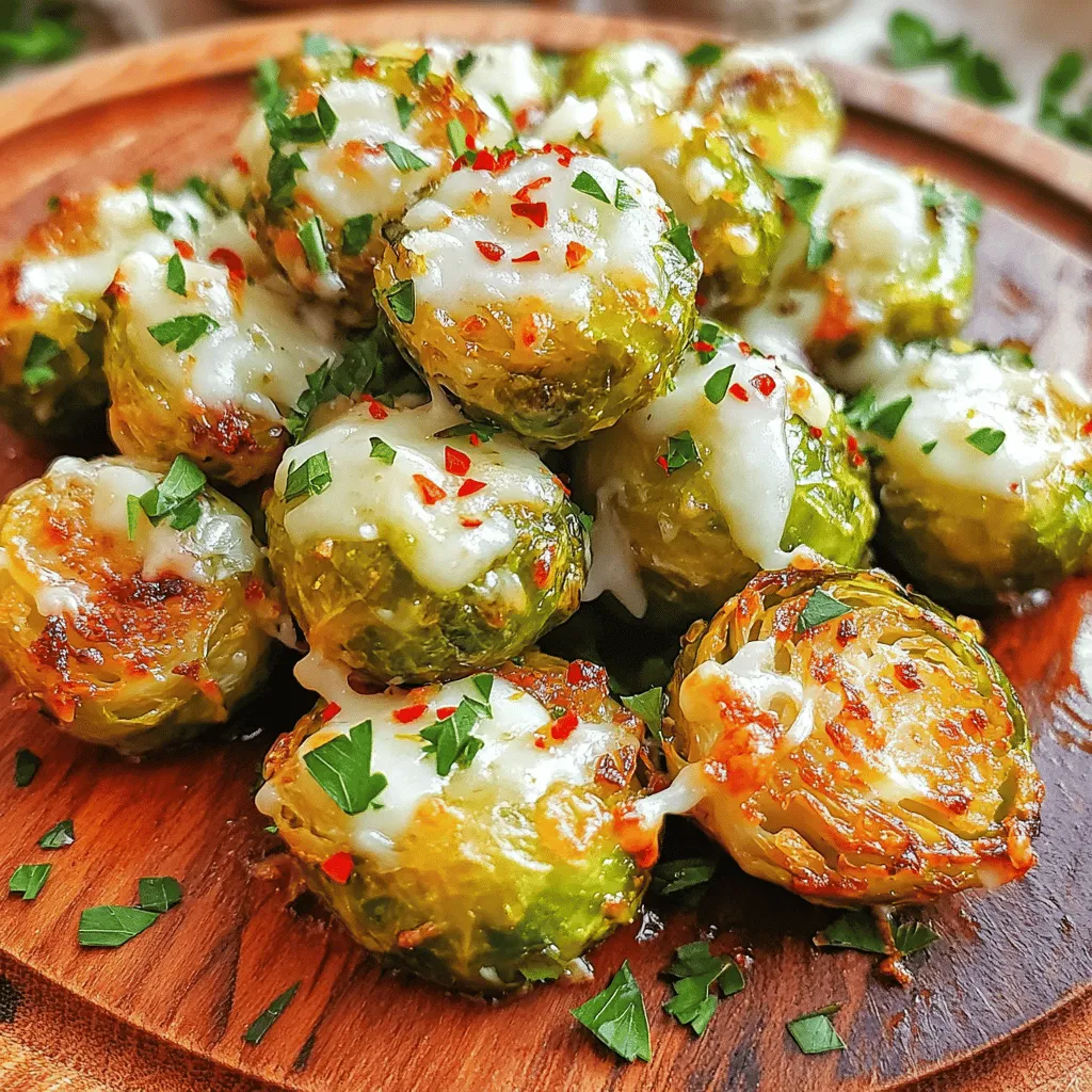 - 1 lb Brussels sprouts, trimmed and halved - 4 cloves garlic, finely minced - ¼ cup freshly grated Parmesan cheese - 3 tablespoons extra virgin olive oil - 1 teaspoon garlic powder - ½ teaspoon red pepper flakes (optional for a spicy kick) - Salt and freshly cracked black pepper to taste - 2 tablespoons freshly squeezed lemon juice - Fresh parsley, chopped, for garnish Brussels sprouts are the star of this dish. Choose bright green, firm sprouts. Fresh garlic adds a strong flavor. Use good quality olive oil for the best taste. Parmesan cheese should be freshly grated for a rich, creamy touch. Red pepper flakes provide a nice heat, but it's optional. A splash of lemon juice helps brighten the flavors. Fresh parsley adds color and freshness. You can swap Brussels sprouts for broccoli or cauliflower if you want. Instead of Parmesan, try nutritional yeast for a vegan option. If you don’t have fresh garlic, garlic powder works in a pinch. Use any oil you like, such as avocado or canola oil. You can skip the red pepper flakes for a milder flavor. Start by washing 1 pound of Brussels sprouts under cold water. Trim off the tough ends and cut each sprout in half. This helps them cook evenly. If some sprouts are larger, quarter them to match the size. This step ensures every bite is tender and tasty. In a big bowl, add your halved Brussels sprouts. Next, toss in 4 minced garlic cloves, 3 tablespoons of extra virgin olive oil, and 1 teaspoon of garlic powder. Season with salt and freshly cracked black pepper. If you like a bit of heat, add ½ teaspoon of red pepper flakes. Use your hands or a spoon to mix everything well. Make sure each sprout gets coated in that tasty mixture. Preheat your oven to 425°F (220°C). Line a baking sheet with parchment paper. Spread the Brussels sprouts in a single layer on the sheet, cut-side down. This helps them caramelize nicely. Roast them in the oven for 20 to 25 minutes. Check for a golden brown color on the outside. The inside should be tender but not mushy. Once the Brussels sprouts are roasted, take them out of the oven. Immediately sprinkle ¼ cup of freshly grated Parmesan cheese on top. The heat will melt the cheese perfectly. Next, drizzle 2 tablespoons of freshly squeezed lemon juice over the sprouts. Toss them gently to blend the flavors. For a fresh pop of color, add some chopped parsley on top before serving. Roasting Brussels sprouts gives them a nice, crispy texture. To start, cut them in half. This helps them cook evenly. Use a large bowl to mix your ingredients. Toss the sprouts gently with olive oil, garlic, and spices. Make sure every sprout is coated well. Spread them out on the baking sheet. Leave space between each sprout. This allows hot air to circulate, making them crispier. For the best crunch, roast at a high heat. Set your oven to 425°F (220°C). Cooking them cut-side down is key. This side will caramelize nicely. Check them around the 20-minute mark. If they are golden brown, they are ready. Don’t forget to sprinkle Parmesan cheese right after they come out of the oven. The heat will melt the cheese, adding to the crispiness. Want to kick up the flavor? Add red pepper flakes for some heat. Lemon juice brightens the dish, too. You can also mix in other herbs. Try thyme or rosemary for a different taste. If you love nuts, consider adding chopped walnuts or almonds. They add crunch and richness. Each of these little tweaks makes the dish your own. {{image_4}} If you love heat, try adding more red pepper flakes. Use one teaspoon or more for a bolder flavor. You can also mix in some cayenne pepper for an extra kick. This spicy version pairs well with the creamy cheese and garlic. It brings a fun twist to the classic recipe. To make a vegan version, swap the Parmesan cheese for a plant-based option. Nutritional yeast works well. It adds a cheesy flavor without dairy. You can also use vegan butter instead of olive oil for a rich taste. This way, you still get great flavor while keeping it vegan. Feel free to mix in other veggies. Carrots, sweet potatoes, or cauliflower add color and flavor. Just chop them into similar sizes as the Brussels sprouts. Toss them in the same garlic and olive oil mix. This extra variety makes your dish even more colorful and delicious. Plus, you get more nutrients! To store leftovers, place them in an airtight container. Make sure they cool first. You can keep them in the fridge for up to three days. If you want to enjoy them later, it's best to store them soon after cooking. This keeps them fresh and tasty. To reheat, preheat your oven to 350°F (175°C). Spread the Brussels sprouts on a baking sheet. Heat them for about 10 to 15 minutes. This helps them regain some crispiness. You can also use a microwave. Just heat them for 1 to 2 minutes. Stir halfway through to ensure even heating. If you want to freeze them, let the sprouts cool completely. Then, place them in a freezer-safe bag. Remove as much air as possible before sealing. You can freeze them for up to three months. When ready to eat, thaw them in the fridge overnight before reheating. They won't be as crispy but will still taste great! Roast Brussels sprouts for 20 to 25 minutes at 425°F (220°C). Check them often. They should look golden brown and crispy. This roasting time helps them become tender inside while staying crunchy outside. Yes, you can prep the Brussels sprouts a day ahead. Trim and halve them, then store in the fridge. Mix the other ingredients just before roasting. This keeps the flavors fresh and bright. You can serve these Brussels sprouts with many dishes. They go well with roasted chicken or steak. Pair them with pasta or a grain bowl for a tasty meal. Add them to a salad for extra crunch. In this blog post, I shared how to make Garlic Parmesan Roasted Brussels sprouts. We covered the key ingredients, step-by-step instructions, and valuable tips for better roasting. I also provided ways to change up the flavors and store your leftovers. Brussels sprouts can be a delicious part of any meal. With the right prep and techniques, you can enjoy fantastic results. Use these tips to create a tasty dish that everyone will love.