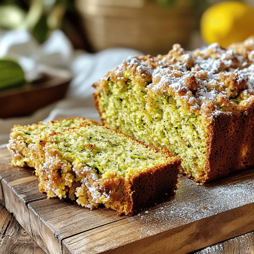 - Grated Zucchini: Use about 2 medium zucchinis. Grate them finely for the best texture. This gives moisture and flavor to the bread. - Sugars: Combine 1 cup of granulated sugar with 1/2 cup of packed brown sugar. The brown sugar adds depth and richness. - Liquid Ingredients: Use 1/2 cup of vegetable oil and 3 large eggs. The oil keeps the bread moist, while eggs give structure. - Flour Varieties and Baking Agents: Mix 2 cups of all-purpose flour with 1 teaspoon of baking soda and 1 teaspoon of baking powder. These help the bread rise nicely. - Spices and Seasoning: Add 1/2 teaspoon of salt, 1 teaspoon of ground cinnamon, and 1/2 teaspoon of ground nutmeg. These spices add warmth and flavor. - Optional Add-ins: You can fold in 1/2 cup of chopped walnuts or 1/4 cup of chocolate chips. These add texture and extra flavor to your bread. - Ingredients for the Streusel Topping: For the topping, mix 1/2 cup of all-purpose flour, 1/2 cup of rolled oats, 1/4 cup of packed brown sugar, and 1/2 teaspoon of ground cinnamon. Then, add 1/4 cup of melted unsalted butter to bind it all together. This topping gives a crunchy finish to your bread. First, preheat your oven to 350°F (175°C). This step is key for even baking. Next, grab a 9x5-inch loaf pan. You can grease and flour it to help the bread slide out easily. For an easier release, line the pan with parchment paper. In a large bowl, add 2 cups of grated zucchini. Then, mix in 1 cup of granulated sugar and 1/2 cup of brown sugar. Pour in 1/2 cup of vegetable oil. Next, crack in 3 large eggs and add 2 teaspoons of vanilla extract. Whisk everything together until it’s smooth. This mix is what makes the bread moist and sweet. In another bowl, whisk together 2 cups of all-purpose flour, 1 teaspoon of baking soda, 1 teaspoon of baking powder, 1/2 teaspoon of salt, 1 teaspoon of cinnamon, and 1/2 teaspoon of nutmeg. This blend adds flavor and helps the bread rise. Gradually add this dry mix to the wet ingredients. Gently stir until just combined. Be careful not to overmix! If you like, fold in 1/2 cup of chopped walnuts or 1/4 cup of chocolate chips for extra taste. To make the streusel, mix 1/2 cup of all-purpose flour, 1/2 cup of rolled oats, 1/4 cup of brown sugar, and 1/2 teaspoon of cinnamon in a small bowl. Pour in 1/4 cup of melted unsalted butter. Stir until it looks like coarse crumbs. This topping adds a crunchy layer to your bread. Pour the batter into your prepared loaf pan. Smooth the top with a spatula. Evenly sprinkle the streusel topping over the batter. Bake in the oven for 50 to 60 minutes. To check for doneness, insert a toothpick into the center. If it comes out clean, the bread is ready. If the top gets too dark, cover it loosely with aluminum foil for the last 15 minutes. Once done, let the bread cool in the pan for about 10 minutes, then move it to a wire rack to cool completely. Importance of Not Overmixing When you mix the batter, be gentle. Overmixing can make the bread tough. Mix just enough to blend the wet and dry ingredients. This keeps the bread soft and moist. It is a small step but makes a big difference. How to Use Fresh Zucchini Properly Grate fresh zucchini before adding it to your mix. Squeeze out excess moisture. This step ensures your bread won’t turn out soggy. Fresh zucchini adds a nice texture and flavor, making your bread delicious. Serving Suggestions with Beverages Slice the zucchini bread and serve it on a wooden board. It looks great and feels homey. Pair it with a warm cup of tea or coffee. The flavors mix well, making for a cozy snack. Garnishing with Sugar or Honey Add a dusting of powdered sugar on top for sweetness. You can also drizzle honey for a touch of elegance. Both options enhance the visual appeal and taste of your bread. Understanding Baking Times Baking times can vary based on your oven. Start checking for doneness around 50 minutes. Insert a toothpick into the center. It should come out clean for perfect bread. Choosing the Right Pan Use a 9x5-inch loaf pan for even baking. A smaller or larger pan can change your baking time. Make sure it’s greased and floured, or lined with parchment paper. This helps the bread release easily once baked. {{image_4}} Whole Wheat Flour Alternative You can use whole wheat flour in place of all-purpose flour. This change adds more fiber and nutrients. The bread will still taste great, but it may be a bit denser. Start with half whole wheat and half all-purpose flour to find the right balance. Reduced Sugar Options To cut back on sugar, try using less granulated sugar and brown sugar. You can reduce the total sugar by about a third. You can also substitute some sugar with applesauce. This keeps the bread moist while lowering the sweetness. Adding Spices: Like Allspice or Cloves For a warm twist, add spices like allspice or cloves. Just a pinch can change the flavor profile. These spices pair well with zucchini and enhance its natural sweetness. Experiment with different amounts to find your favorite flavor. Making it Vegan: Substituting Eggs and Oil To make this bread vegan, replace eggs with flaxseed meal or applesauce. Use vegetable oil or melted coconut oil instead of regular oil. This keeps the moisture while making it plant-based. Your zucchini bread will still be delicious! Different Streusel Flavors You can mix up the streusel by adding nutmeg or cocoa powder. Try adding chopped pecans or almonds for added crunch. This simple change can make your bread extra special. Additional Toppings: Nuts and Dried Fruits Consider adding nuts like walnuts or pecans into the batter. Dried fruits like raisins or cranberries can add sweetness. These additions create a fun texture and flavor. It makes each bite more exciting! To keep your zucchini bread fresh, wrap it well. Use plastic wrap or foil for best results. Store it at room temperature for up to four days. If you want it to last longer, keep it in the fridge. The cool air helps hold the moisture, keeping the bread soft. Just make sure to wrap it tightly. Freezing zucchini bread is easy. First, let it cool completely. Then, slice the bread for easy serving later. Wrap each slice in plastic wrap. After that, place the slices in a freezer bag. Be sure to squeeze out as much air as you can. You can freeze the bread for up to three months. When ready to eat, just thaw it in the fridge overnight. To reheat zucchini bread, use the oven for the best results. Preheat your oven to 350°F (175°C). Place the sliced bread on a baking sheet. Heat it for about 10 minutes. This warms the bread and keeps it soft. You can also use a microwave. Just heat the slice for about 15 seconds. This way, you can enjoy the bread warm and fresh! Yes, you can use frozen zucchini. Frozen zucchini is convenient and can save time. It’s best to thaw it first and drain excess water. This keeps your batter from becoming too watery. Remember, fresh zucchini offers a slightly better texture, but frozen works well too. Just make sure it's grated and well-drained to avoid soggy bread. You can tell the bread is done by checking its color and texture. The top should be golden brown. Insert a toothpick into the center. If it comes out clean, the bread is ready. If it has wet batter on it, give it more time in the oven. Baking usually takes 50-60 minutes, but your oven might vary. Yes, you can double the recipe easily. Just use twice the amount of each ingredient. Make sure your mixing bowl is large enough to hold everything. You might need to bake it longer, so keep an eye on the bread. Check for doneness with a toothpick as mentioned before. Doubling lets you share this tasty treat with more friends! You can substitute vegetable oil with other oils like canola or coconut oil. Melted butter is another great option for added flavor. Just keep the same amount as the recipe calls for. If you want a lighter option, use applesauce instead. This can lower the fat content and still keep the bread moist. In this blog post, we explored making delicious zucchini bread. We covered fresh and dry ingredients, special add-ins, and how to perfect your bake. You learned step-by-step instructions, helpful tips, and common mistakes to avoid. Experiment with variations to suit your taste, and don't forget about storage tips to keep your bread fresh. Baking zucchini bread is fun and rewarding. With these insights, you can make a flavorful loaf that you and others will enjoy.