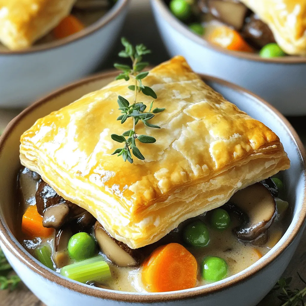 - 2 cups sliced mushrooms (cremini and shiitake) - 1 medium diced onion - 2 cloves minced garlic - 1 cup diced carrots - 1 cup diced celery - 1 cup frozen peas - 3 tablespoons unsalted butter - 3 tablespoons all-purpose flour - 2 cups vegetable broth - 1 cup heavy cream (or coconut cream) - 1 teaspoon dried thyme - Salt and pepper to taste - 1 sheet thawed puff pastry - 1 egg (for egg wash) - Large skillet - Pie dish or oven-safe skillet - Rolling pin I love this dish because it uses simple, fresh ingredients. The main stars are the mushrooms, onion, garlic, carrots, celery, and peas. Each adds flavor and texture. The mushrooms give a rich, earthy taste. I prefer cremini and shiitake for their unique flavors. Next, we need some unsalted butter and flour to make a roux. This thickens the filling and makes it creamy. Vegetable broth and heavy cream create a rich sauce. You can use coconut cream if you want a dairy-free option. Don’t forget the dried thyme! It adds a warm, herbal note. Salt and pepper bring everything together. We finish with a puff pastry crust. It gives that flaky, golden top we all love. You will need a large skillet for cooking and a pie dish or oven-safe skillet for baking. A rolling pin helps with the pastry. With these ingredients and tools, you’re all set to create a warm and comforting Butter Mushroom Pot Pie! - Preheat the oven to 400°F (200°C). - In a large skillet, melt 3 tablespoons of unsalted butter over medium heat. - Add 1 medium diced onion, 1 cup of diced carrots, and 1 cup of diced celery. Sauté these for 5 minutes. - Stir in 2 minced garlic cloves and 2 cups of sliced mushrooms. Cook until the mushrooms brown. - Sprinkle 3 tablespoons of all-purpose flour over the mushroom mix. Stir to combine. - Gradually pour in 2 cups of vegetable broth while stirring continuously. - Add 1 cup of heavy cream (or coconut cream). Bring to a simmer. - Simmer for about 5 minutes until the sauce thickens. Stir in 1 cup of frozen peas, 1 teaspoon of dried thyme, and season with salt and pepper. - Roll out 1 sheet of thawed puff pastry on a floured surface. Cut it to fit your dish. - Spoon the filling into your pie dish. Cover it with the puff pastry. - Seal the edges to keep the filling inside. Cut small vents in the pastry for steam. - Beat 1 egg and brush it over the pastry for a shiny finish. - Place the assembled pot pie in the preheated oven. - Bake for 25-30 minutes. Check if the pastry is golden and puffed up. - Use a mix of mushrooms for depth of flavor. I love using cremini and shiitake together. They bring rich taste and texture. You can also try adding button mushrooms for more variety. - Allow the filling to cool slightly before sealing. This step helps prevent soggy pastry. When the mix is hot, it can steam the pastry and ruin the crust. - Ensure the pastry is fully thawed for better handling. Cold pastry can crack and break. Let it sit at room temperature for about 30 minutes. - Use a sharp knife for cutting vents in the pastry. This allows steam to escape while baking. A few small cuts on top create an appealing look too. - Serve with a side of green salad for balance. The freshness of the salad pairs well with the rich pot pie. It adds crunch and brightness to your meal. - Garnish with fresh thyme for presentation. A sprinkle of thyme adds color and a hint of herbal flavor. It makes your dish look lovely and inviting. {{image_4}} You can make some easy swaps to fit your needs. For a dairy-free option, use coconut cream instead of heavy cream. It adds a nice richness. If you need a gluten-free version, look for gluten-free puff pastry and flour. These swaps let everyone enjoy this dish. Feel free to add protein to your pot pie. Chicken or tofu work great in this recipe. You can also swap out veggies based on what’s fresh. Try using spinach, bell peppers, or even sweet potatoes for a twist. These changes let you customize the dish to your taste. Enhance the flavor by adding fresh herbs like parsley or sage. These herbs bring brightness to the dish. You can also include a splash of white wine when making the sauce. This adds depth and richness. Experiment with these ideas to make the pot pie truly yours. After enjoying your Butter Mushroom Pot Pie, let it cool completely. This step is key to keep it fresh. Once cooled, transfer it to an airtight container. Store it in the fridge for up to three days. Make sure to cover it well. This keeps the pot pie from drying out or absorbing other odors. For the best taste, reheat your pot pie in the oven. Preheat the oven to 350°F (175°C). Place the pot pie on a baking sheet and cover it with foil. Bake for about 15 to 20 minutes until it is heated through. If you choose the microwave, cover the pot pie to prevent it from drying out. Heat it in short bursts, checking often. You can freeze the pot pie before baking. This is great for meal prep. Wrap it tightly in plastic wrap and place it in a freezer bag. It can stay frozen for up to three months. When ready to enjoy, bake it straight from the freezer. Just add extra baking time, about 10 to 15 minutes. This ensures it cooks through and the crust turns golden brown. Yes, you can prepare the filling in advance and assemble it before baking. This saves time on busy days. You can store the filling in the fridge for up to two days. When you're ready, roll out the puff pastry and assemble the pot pie. This way, you enjoy a fresh, hot meal with less effort. The crust should be golden brown, and the filling should be bubbling. Check the edges of the crust for a nice color. You can also insert a knife into the filling; it should be hot. If both are perfect, your pot pie is ready to serve. Consider a simple green salad or steamed vegetables to complement the meal. A fresh salad adds crunch and balance. You can also serve roasted veggies for extra flavor. These sides will enhance your pot pie experience and keep the meal light. This blog post covered how to make a delicious Butter Mushroom Pot Pie. You learned about the key ingredients, step-by-step instructions, helpful tips, and tasty variations. You can customize this dish easily to fit your needs. Remember, it's all about flavor and comfort. Enjoy the process of making this dish and your time in the kitchen. Trust me, the warm, hearty pot pie will be worth it. Happy cooking!