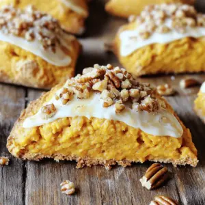 To make Maple Pecan Pumpkin Scones, you need a few simple ingredients. Each one adds great flavor to this fall treat. - 2 cups all-purpose flour - 1/2 cup brown sugar, packed - 2 teaspoons baking powder - 1/2 teaspoon baking soda - 1/4 teaspoon salt - 1 teaspoon ground cinnamon - 1/2 teaspoon ground nutmeg - 1/4 teaspoon ground ginger - 1/2 cup unsalted butter, chilled and cubed - 1/2 cup pumpkin puree - 1/4 cup pure maple syrup - 1 large egg, beaten - 1/2 cup pecans, rough chopped - 1/4 cup heavy cream (for brushing) - Extra chopped pecans (for topping) Each ingredient plays a key role. The flour forms the base, while brown sugar adds sweetness. Baking powder and baking soda help the scones rise. Spices like cinnamon, nutmeg, and ginger bring warmth and comfort to each bite. Pumpkin puree gives a rich texture and flavor. Maple syrup sweetens the mix and adds a touch of fall. Chilled butter creates a flaky texture, while the egg binds the dough. Chopped pecans add crunch and nutty flavor. Finally, the heavy cream gives a golden finish when brushed on top. Gather these ingredients, and you will create a delightful fall treat perfect for sharing. - Preheat your oven to 400°F (200°C). - Line a baking sheet with parchment paper to stop sticking. - In a large bowl, combine the flour, brown sugar, baking powder, baking soda, salt, and spices. - Whisk until everything is evenly mixed. This ensures even flavor. - Add the chilled, cubed butter to the dry mix. - Use your fingers or a pastry cutter to work the butter in. Stop when it looks like coarse crumbs. - In a separate bowl, whisk together the pumpkin puree, maple syrup, and egg. - Make sure this mixture is smooth and well combined. - Pour the wet mixture into the dry ingredients. - Gently fold them together. Don't overmix; it's okay if some lumps remain. - Lightly flour a clean surface and place your dough on it. - Pat the dough into a circle, about 1 inch thick. Cut it into 8 triangles. - Move the scones to your baking sheet, leaving space between them. - Brush the tops with cream and sprinkle chopped pecans on each one. - Bake for 15-18 minutes. Look for a golden brown color. A toothpick should come out clean when inserted in the center. To get the best scone texture, you need coarse crumbs. Start by adding chilled, cubed butter to your dry mix. Use your fingertips or a pastry cutter to blend the butter. This method breaks the butter into small pieces. You want small, pea-sized lumps to remain. This creates a flaky scone when baked. Overmixing can ruin your scones. When you combine the wet and dry ingredients, stir gently. You should see some lumps in the dough. These lumps mean you have not overworked it. Keeping some lumps helps the scones rise and stay tender. Brushing the scones with cream is key. It gives them a lovely golden color. Use heavy cream and brush it on the tops right before baking. This small step improves their look and taste. Make sure to space the scones on the baking sheet. They need room to spread. If they are too close, they can stick together. Proper spacing allows for even baking and a nice rise. {{image_4}} You can take your Maple Pecan Pumpkin Scones to the next level. Adding chocolate chips adds a sweet touch. Try using semi-sweet or dark chocolate chips for a rich flavor. Dried fruit, like cranberries or raisins, also works well. These additions give the scones more texture and taste. Mix in about half a cup of your favorite choice when you fold in the pecans. For those who need gluten-free scones, don't worry! You can swap out all-purpose flour for gluten-free flour. Look for a blend that works well in baking. I recommend using a 1:1 gluten-free flour mix. This choice keeps the scone texture light and fluffy. Follow the same steps in the recipe, and enjoy a gluten-free treat! If you want a vegan version, it's easy to adjust. Start by using plant-based butter instead of regular butter. For the egg, use a flaxseed egg. This is made by mixing one tablespoon of ground flaxseed with three tablespoons of water. Let it sit for a few minutes until it thickens. These swaps keep the scones moist and delicious while being vegan-friendly. Enjoy your tasty, plant-based Maple Pecan Pumpkin Scones! To keep your leftover scones fresh, store them in an airtight container. This will help prevent them from drying out. You can leave them at room temperature for up to two days. If you want to keep them longer, consider refrigeration. Just remember, refrigerating can change the texture slightly. To reheat scones, use your oven for the best results. Preheat your oven to 350°F (175°C). Place the scones on a baking sheet. Heat them for about 5 to 10 minutes. This will warm them up and restore their texture. You can also microwave them, but be cautious. Microwaving too long can make them tough. Freezing scones is easy and a great way to save them for later. Start by letting the baked scones cool completely. Then, wrap each scone tightly in plastic wrap. Place them in a freezer bag or container. They can last in the freezer for up to three months. When you are ready to eat, just thaw them in the fridge overnight before reheating. Yes, it's a convenient option. Canned pumpkin puree saves time and effort. It also provides a rich, smooth flavor. Just make sure to choose pure pumpkin, not pie filling. This way, you avoid added sugars and spices. Canned puree works great in scones. It keeps them moist and tasty. The scones will stay fresh for about 2-3 days. Store them in an airtight container at room temperature. To keep them longer, you can freeze them. Wrap each scone in plastic wrap, then place them in a freezer bag. They can last up to 3 months in the freezer. When ready to enjoy, thaw at room temperature or reheat in the oven. Yes, you can prepare the dough ahead of time. Make the dough, then wrap it tightly in plastic wrap. Refrigerate for up to 24 hours before baking. This allows the flavors to meld. If you want to freeze it, shape the scones first. Place them on a tray, freeze, then transfer to a bag. Bake directly from frozen, just add a few minutes to the baking time. We explored the key ingredients for making delicious scones, including flour, brown sugar, and spices. I shared step-by-step instructions, from mixing dough to baking perfectly golden scones. Remember, avoid overmixing for the finest texture. You can even try variations like gluten-free or vegan options. Lastly, I covered storage tips to keep your scones fresh. With these guidelines, you can enjoy a tasty treat any time. Happy baking!