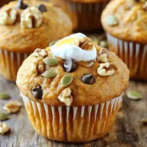 - 1 cup canned pumpkin puree - 1 cup plain, unsweetened Greek yogurt - 1/2 cup honey or maple syrup - 2 large eggs - 1 teaspoon pure vanilla extract - 1 1/2 cups whole wheat flour - 1 teaspoon baking powder - 1 teaspoon baking soda - 1 1/2 teaspoons ground cinnamon - 1/2 teaspoon ground nutmeg - 1/2 teaspoon salt - 1/2 cup chopped walnuts or pecans - 1/2 cup dark chocolate chips (optional) - Canned pumpkin puree is rich in fiber and vitamins A and C, supporting eye health. - Greek yogurt adds protein and probiotics, aiding digestion and muscle recovery. - Honey or maple syrup gives natural sweetness and antioxidants that can boost health. - Eggs provide high-quality protein and essential nutrients like vitamin D and choline. - Whole wheat flour offers more fiber and nutrients than white flour, promoting heart health. - Baking powder and baking soda are key for leavening, making muffins light and fluffy. - Ground cinnamon and nutmeg enhance flavor and may have anti-inflammatory properties. - Salt balances flavors and enhances the overall taste of the muffins. - Chopped walnuts or pecans add healthy fats and crunch, improving heart health. - Dark chocolate chips (if used) provide antioxidants and a rich flavor boost. - Instead of canned pumpkin, use fresh pumpkin puree for a fresher taste. - Swap Greek yogurt with any unsweetened yogurt for similar texture. - Use agave nectar or coconut sugar in place of honey or maple syrup. - Replace whole wheat flour with almond or oat flour for a gluten-free option. - For nuts, try sunflower seeds or pumpkin seeds for nut-free muffins. - Omit dark chocolate chips to lower sugar content or substitute with dried fruit. To start, gather all your ingredients. You need pumpkin puree, Greek yogurt, eggs, and more. Preheat your oven to 350°F (175°C). Line your muffin tin with paper liners or grease it lightly. This helps the muffins come out easily. 1. Mix the Wet Ingredients: In a large bowl, combine the pumpkin puree and Greek yogurt. Stir until smooth. Add honey or maple syrup, eggs, and vanilla extract. Mix well until everything is combined. 2. Mix the Dry Ingredients: In another bowl, whisk together the whole wheat flour, baking powder, baking soda, cinnamon, nutmeg, and salt. Make sure there are no lumps. 3. Combine Wet and Dry: Slowly add the dry mix to the wet mix. Use a rubber spatula to fold them together. Be gentle; you don’t want to overmix. This keeps your muffins light and fluffy. 4. Add Nuts and Chocolate: If you like, fold in chopped walnuts or pecans and dark chocolate chips. This adds great texture and flavor. 5. Fill the Muffin Cups: Use a scoop or spoon to fill each muffin cup about three-quarters full. This allows the muffins to rise nicely. 6. Bake: Place your muffin tray in the oven. Bake for 18 to 22 minutes. Check doneness by inserting a toothpick into the center. If it comes out clean, they are ready. 7. Cool the Muffins: Let the muffins cool in the tin for about 5 minutes. Then, transfer them to a wire rack. This helps them cool evenly. To know if your muffins are done, use a toothpick. Insert it into the center of a muffin. If it comes out clean, they are ready. If there’s batter on it, bake for a few more minutes. Keep an eye on them as they bake. Overbaking can make them dry. Enjoy the delightful smell as they cook! To keep your muffins moist, use Greek yogurt and pumpkin puree. These ingredients add moisture and flavor. Avoid mixing too much; a gentle fold is best. Overmixing makes muffins dense. Bake them until a toothpick comes out clean but not dry. This ensures a soft texture. Store your muffins in an airtight container. This keeps them soft and fresh. You can also wrap them in plastic wrap. Keeping them at room temperature works well for a few days. For longer storage, freeze them. They stay tasty for up to three months. Measuring accurately is key to great muffins. Use dry measuring cups for flour and whole grains. Spoon flour into the cup and level it off with a knife. For sticky ingredients like honey, lightly spray the cup with oil. This makes pouring easier. Always use a kitchen scale for precision, especially for flour. {{image_4}} You can easily boost the taste of your Protein Packed Greek Yogurt Pumpkin Muffins. Try adding different nuts or fruits. Here are some ideas: - Chopped pecans: They add a sweet, buttery flavor. - Sliced bananas: They provide a soft texture and natural sweetness. - Dried cranberries or raisins: These add a chewy texture and tartness. - Shredded coconut: This brings a tropical twist to your muffins. - Chopped apples: They add moisture and a crisp bite. Mix and match to find your favorite combination! If you want to lower sugar, you can swap sweeteners in your muffins. Here are some great choices: - Agave syrup: It is sweeter than honey, so use less. - Stevia: A natural sweetener that has no calories. Just a small amount is enough. - Coconut sugar: This adds a caramel-like flavor and is less processed. - Mashed bananas: They add sweetness and moisture. Experiment with these alternatives to suit your taste and health goals! If you need gluten-free muffins, you can easily adapt this recipe. Here’s how: - Use gluten-free flour: Look for a blend made for baking. It works well. - Almond flour: This adds a nutty flavor and moisture. You may need to adjust the amount. - Oat flour: You can make this at home by grinding oats. It gives a nice texture. With these swaps, you can enjoy delicious muffins that fit your diet! To keep your muffins fresh, place them in an airtight container. This helps prevent them from drying out. Store at room temperature for up to three days. For longer freshness, you can refrigerate them, which may extend their life to about a week. Always let them cool completely before storing. For long-term storage, freezing is your best option. Wrap each muffin tightly in plastic wrap. Then, place them in a freezer-safe bag or container. This keeps out air and moisture. You can freeze them for up to three months. Just label the bags with the date for easy tracking. When you're ready to enjoy a muffin, reheating is simple. For quick warming, use the microwave. Heat on medium power for about 15-20 seconds. For a crispier texture, pop them in the oven. Preheat to 350°F and heat for about 5-10 minutes. Enjoy your muffins warm for the best taste! Yes, you can use flavored Greek yogurt in these muffins. However, it will add extra sugar and change the flavor. I suggest using plain Greek yogurt for a balanced taste. If you want a hint of flavor, try vanilla yogurt. To check if your muffins are done, insert a toothpick into the center. If it comes out clean or with a few crumbs, they are ready. Remember to keep an eye on them in the last few minutes. You can absolutely use a mini muffin tin! Just reduce the baking time to about 10-12 minutes. Keep an eye on them to prevent overbaking. Mini muffins are great for snacks or breakfast on the go! This blog post covered essential muffin ingredients, including their benefits and substitutes. I outlined easy preparation steps and detailed baking instructions. You learned tips for moist muffins, proper storage, and best measuring practices. We explored flavor variations and how to store muffins for lasting freshness. In closing, baking muffins can be fun and rewarding. You now have the tools to make your muffins perfect every time. Enjoy creating delicious treats!
