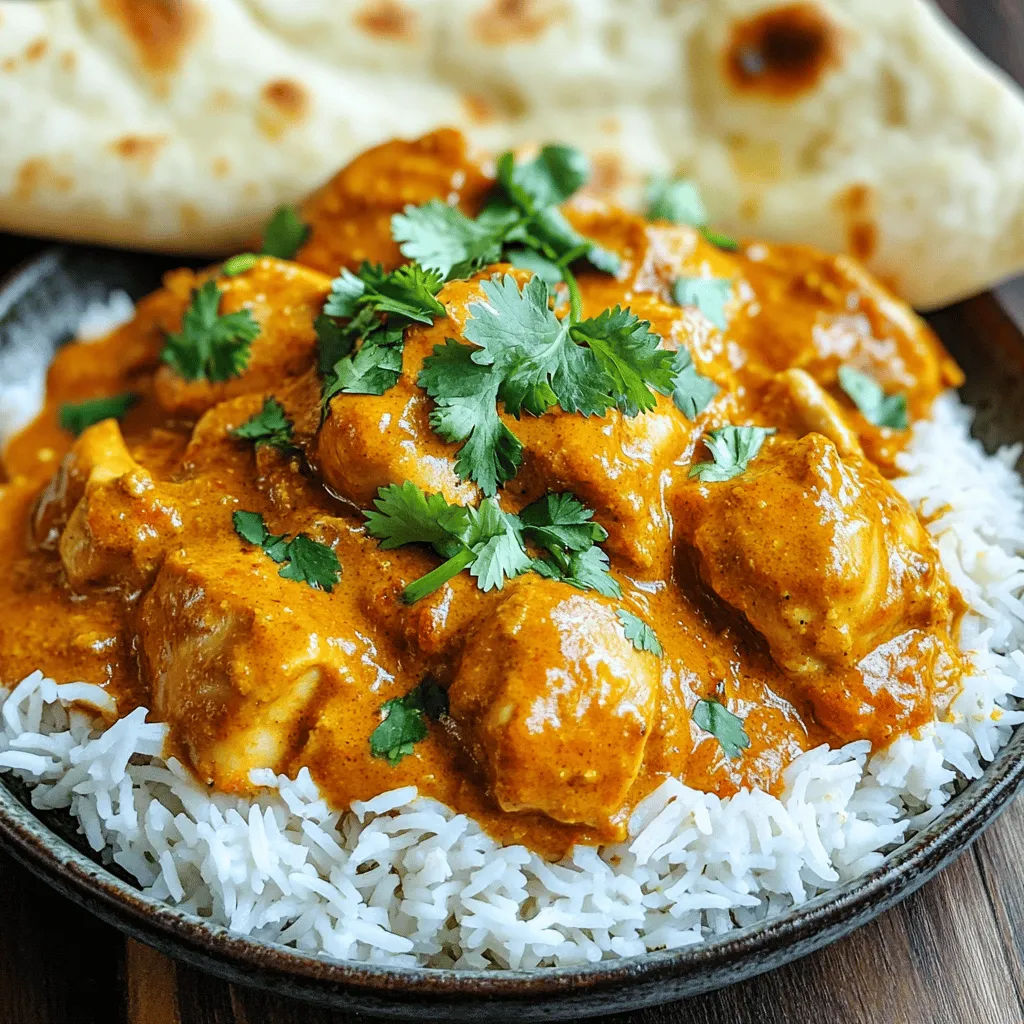 For a tasty Slow Cooker Indian Butter Chicken, you need a few key ingredients: - 2 lbs boneless, skinless chicken thighs, neatly diced into bite-sized chunks - 1 large onion, finely chopped for a sweet aroma - 4 cloves garlic, minced for extra flavor - 1-inch piece fresh ginger, finely grated for warmth - 1 can (15 oz) tomato sauce, the base for a rich flavor - 1 cup creamy coconut milk, for a luscious texture - 1 stick (½ cup) unsalted butter, adding depth to the dish The spices make this dish special. Here’s what you need: - 2 tablespoons garam masala, a blend of fragrant spices - 1 tablespoon ground coriander for a citrusy note - 1 teaspoon cumin, adding a warm, earthy flavor - 1 teaspoon turmeric powder for color and health benefits - 1 teaspoon chili powder (adjust based on your spice tolerance) - Salt, to taste for balancing flavors - 2 tablespoons sugar (to counteract acidity) Garnishes add color and flavor. Here are my favorites: - Fresh cilantro, for a pop of color and freshness as garnish - Cooked basmati rice or warm naan, for serving When you serve this dish, the bright green cilantro looks great on top. Pair it with fluffy rice or warm naan to soak up the creamy sauce. This meal is sure to impress! For the full recipe, check out the details provided. Start by getting your slow cooker ready. Add the finely chopped onion, minced garlic, and grated ginger to the bottom. Mix them gently. This creates a fragrant base that will make your butter chicken shine. Now, take your diced chicken thighs and layer them on top of the onion mix. Sprinkle a good amount of salt over the chicken. This step is key for flavor. The salt helps the chicken absorb all the tasty goodness as it cooks. In a separate bowl, mix the tomato sauce, coconut milk, garam masala, ground coriander, cumin, turmeric, and chili powder. Whisk everything together until it’s smooth. This sauce is the heart of your butter chicken. It brings all the flavors together. Pour the sauce over the chicken and onion carefully. Place the stick of butter right on top of the sauce. Cover the slow cooker with its lid. Cook on low heat for 6-8 hours or on high heat for 3-4 hours. The chicken should be tender and fully cooked. When it’s done, remove the lid. Stir in the sugar and adjust the salt. Mix well until the butter melts and blends into the sauce. Serve hot with freshly chopped cilantro on top. Pair it with fluffy basmati rice or warm naan. For the full recipe, check out the [Full Recipe]. To create authentic butter chicken, focus on the spices. Use fresh garam masala. This spice mix gives warmth and depth. Don't skip the ginger and garlic; they add rich flavor. The buttery sauce forms a perfect balance with the spices. Coconut milk adds creaminess and a hint of sweetness. Try adding a squeeze of lemon for brightness. A common mistake is using low-quality spices. Fresh spices bring out the best taste. Avoid overcooking the chicken; it can turn tough. Ensure you do not skip the sugar; it balances acidity. Lastly, don’t rush the slow cooking process. Allow the flavors to meld by cooking low and slow, and you will taste the difference. Layer ingredients correctly in your slow cooker. Start with onions, garlic, and ginger. This builds a strong base. Maintain a low temperature for long cooking times. This helps the spices infuse deeply into the chicken. Stir gently after cooking to mix flavors without breaking the chicken. Always taste before serving; adjust salt and spice levels if needed. For the full recipe, check out the complete guide above! {{image_4}} You can use other proteins for this recipe. Chicken is traditional, but you can try: - Shrimp, which cooks quickly and soaks up flavors well. - Tofu, for a great vegetarian protein that absorbs the sauce beautifully. - Paneer, a soft cheese that adds a lovely texture and taste. - Turkey, which gives a leaner option with a similar flavor profile. Feel free to adjust cooking times. Shrimp cooks fast, while turkey may need a bit longer. To make this dish vegetarian or vegan, swap out the meat and dairy. Use: - Cauliflower or chickpeas for protein and texture. - Coconut cream instead of butter, giving a rich flavor without dairy. - Vegetable broth in place of chicken flavors for a hearty base. Cook these ingredients for about 4-6 hours on low heat for best results. Different regions in India add their own twist to butter chicken. You can try: - Adding fenugreek leaves for a unique, herbal flavor. - Using smoked paprika for a hint of smokiness. - Experimenting with curry leaves for a fresh, zesty note. These spices can change the taste profile while still keeping the dish delicious. Enjoy your cooking adventure and explore new flavors! To keep your Slow Cooker Indian Butter Chicken fresh, let it cool first. Transfer the leftovers into an airtight container. Store it in the fridge for up to four days. Make sure to seal it well to avoid any smell transfers. If you want to enjoy it longer, freezing is a great option. When ready to eat your leftovers, reheating is key. I suggest using the stove for even heat. Pour the butter chicken into a pot over low heat. Stir often and heat until hot. If it seems thick, add a splash of water or coconut milk. You can also microwave it in a bowl. Cover it with a microwave-safe lid to keep moisture in. Heat in short bursts, stirring in between. Freezing is simple. Place the cooled butter chicken in a freezer-safe container. You can also use freezer bags, squeezing out the air. Label it with the date so you remember when you made it. It can stay in the freezer for up to three months. When ready to eat, thaw it overnight in the fridge. Then, reheat as described above. Enjoy your Slow Cooker Indian Butter Chicken anytime! To make your butter chicken spicy, add more chili powder. Start with 1 teaspoon and adjust to your taste. You can also add some diced green chilies or red pepper flakes. These ingredients boost heat and flavor. Remember, it's easier to add more spice than to tone it down. Mix well and taste as you go. Yes, you can use chicken breasts. They will cook well in the slow cooker. However, chicken thighs offer more flavor and stay juicy. If you choose breasts, watch the cooking time closely. They may cook faster and can dry out if overcooked. Always cut the chicken into uniform pieces for even cooking. Serve your butter chicken with fluffy basmati rice or warm naan. Both soak up the rich sauce. You can also add a side salad for freshness. Consider a cucumber raita to cool down the spice. This yogurt-based dip complements the dish nicely. Enjoying butter chicken with these sides makes for a satisfying meal. You can store leftovers in an airtight container for about 3-4 days in the fridge. Make sure the dish cools down before sealing it. For longer storage, you can freeze it for up to 3 months. When you're ready to eat, thaw it in the fridge overnight. Reheat gently on the stove or in the microwave. In this post, we covered how to make Slow Cooker Indian Butter Chicken. We explored main ingredients, spices, and serving suggestions. I shared step-by-step instructions for a perfect sauce and cooking process. Tips on flavor and common mistakes will help you make it right. We also looked at tasty variations, storage tips, and answered key questions. Now, you can enjoy this dish anytime with ease. Happy cooking!