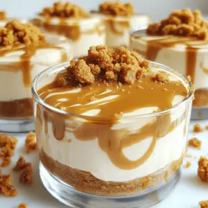 - 1 cup Biscoff cookies, finely crushed - 1/4 cup unsalted butter, melted - 8 oz cream cheese, softened to room temperature - 1/2 cup powdered sugar - 1 cup heavy whipping cream - 1/2 cup Biscoff spread (for swirling and drizzling) - Pinch of salt - Extra Biscoff cookies for garnish - Medium-sized mixing bowl - Electric mixer - Serving cups or small glasses - Rubber spatula - Plastic wrap I love using Biscoff cookies in this recipe. Their spice and sweetness shine in every bite. For the crust, mix crushed Biscoff cookies with melted unsalted butter. This will give you a rich and flavorful base. Next, I use cream cheese for the filling. It adds a smooth texture and rich taste. Mix the cream cheese with powdered sugar until it is creamy. Make sure to beat in heavy whipping cream. This will help the filling get fluffy and light. Don't forget to add Biscoff spread into the cheesecake mix. It creates lovely swirls. The pinch of salt helps balance all the sweetness. Finally, I like to garnish each cup with extra Biscoff cookies. This adds a nice crunch and looks fantastic! Gathering the right tools is key. A medium-sized mixing bowl is perfect for mixing. An electric mixer will speed up the process. Use serving cups or small glasses to show off your treat. A rubber spatula will help you mix and scoop nicely. Lastly, plastic wrap is needed to keep your cups fresh while they chill. With these ingredients and tools, you are set to make a delicious no-bake Biscoff cheesecake cup! To start, you need to make the crust. In a medium bowl, combine 1 cup of finely crushed Biscoff cookies with 1/4 cup of melted unsalted butter. Mix well until the crumbs are fully coated with the butter. The mixture should feel like wet sand. Next, take about 2 tablespoons of this cookie mixture. Spoon it into the bottom of each serving cup. Press down firmly using the back of a spoon or your fingers. This helps to create a solid and even crust at the base. Now, let’s move on to the cheesecake filling. In a large mixing bowl, beat 8 oz of softened cream cheese with 1/2 cup of powdered sugar. Use an electric mixer for a smooth and creamy texture. Then, slowly pour in 1 cup of heavy whipping cream. Keep beating until the mixture thickens and forms soft peaks. This step adds lightness to your cheesecake. Next, fold in about 2-3 tablespoons of Biscoff spread. Use a rubber spatula for this. Gently mix until you see swirls of Biscoff. Be careful not to overmix; you want those pretty swirls. Now it’s time to fill the cups. Carefully spoon the cheesecake filling over the crust in each cup. Fill them about three-quarters full. This leaves some room for garnishing later. Cover each cup tightly with plastic wrap. Place them in the fridge to chill. Let them sit for at least 4 hours, or until the cheesecake is firm and set. This chilling time is crucial for the best texture. To get the best texture, mix the cream cheese and sugar well. It should be smooth. Then, slowly add the heavy cream. Beat it until you see soft peaks. This step is key for a creamy cheesecake. When you fold in Biscoff spread, do it gently. Use a rubber spatula and scoop from the bottom. This keeps the swirls of flavor intact. Don’t overmix; you want those pretty swirls! For a great presentation, use clear serving cups. This lets the layers shine. Place them on a nice tray to catch the eye. Just before serving, drizzle some Biscoff spread on top. Sprinkle crushed Biscoff cookies for a tasty crunch. You can also add a mint sprig for a touch of color. This makes your cheesecake cups look even more inviting! {{image_4}} You can easily change the flavor of your cheesecake cups. Swap the Biscoff cookies for other cookies like Oreos or graham crackers. This change gives you a new taste, while still keeping the fun of a no-bake dessert. You can also try different flavored whipping creams. Consider using vanilla, chocolate, or even coffee-flavored cream. This twist adds excitement and pairs well with the cheesecake's rich texture. You can mix and match to find your favorite flavor! If you're looking for gluten-free options, use gluten-free cookies. Many brands offer gluten-free Biscoff-style cookies. Just make sure to check the label to ensure they fit your diet. For vegan alternatives, substitute the cream cheese with a plant-based cream cheese. Use coconut cream instead of heavy whipping cream for a creamy texture. You can also use maple syrup or coconut sugar in place of powdered sugar. These swaps keep the dessert tasty while meeting your dietary needs. To keep your No-Bake Biscoff Cheesecake Cups fresh, store them in the refrigerator. Place each cup in an airtight container. This helps maintain their flavor and texture. If you plan to eat them later, wrap each cup in plastic wrap. This keeps them safe from odors in the fridge. For longer preservation, you can freeze the cheesecake cups. First, chill them in the fridge for at least four hours. Then, cover each cup with plastic wrap and aluminum foil. This double layer prevents freezer burn. When ready to eat, thaw them in the fridge overnight. Enjoy your cheesecake cups within five days for the best taste. After five days, they may start to lose flavor and texture. Look for signs of spoilage, such as an off smell or changes in texture. If you see any liquid separation or mold, it's time to toss them. Always trust your senses. If something seems off, it’s better to be safe and not eat it. No-Bake Biscoff Cheesecake Cups can last up to five days in the fridge. Keep them covered with plastic wrap or a lid. This keeps them fresh and tasty. If you notice any changes in smell or texture, it's best to toss them. Yes, you can prepare these cups a day in advance. Just follow the full recipe and chill them overnight. This helps the flavors blend well. It also saves time for your event or dessert night. You can use cookie butter or any nut butter you like. Nutella is a great choice for a chocolate twist. If you want a lighter option, try cream cheese with a touch of honey. Each choice will give a unique flavor to your cheesecake cups. You now know how to make delicious No-Bake Biscoff Cheesecake Cups. We covered key ingredients like Biscoff cookies and cream cheese. You learned step-by-step instructions for the crust and filling. We also shared tips for the best texture and serving ideas. These cheesecake cups are tasty and easy to customize. Whether you want gluten-free or vegan options, you can adapt the recipe. Follow the storage tips to keep your treats fresh. Enjoy creating and sharing these delightful desserts!
