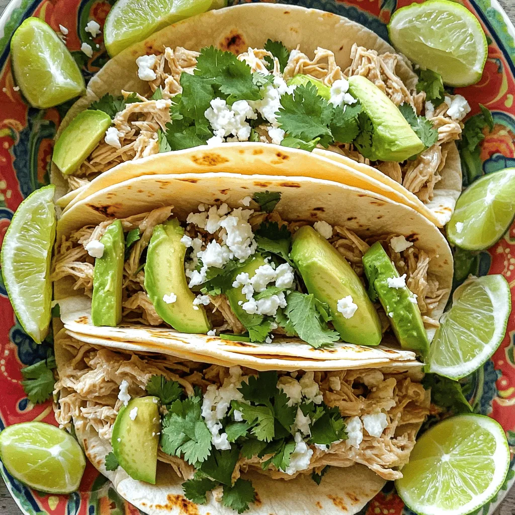 To make these tasty tacos, you need: - 2 lbs boneless, skinless chicken thighs - 1 can (13.5 oz) full-fat coconut milk - 1/4 cup freshly squeezed lime juice (about 2 limes) - 1 tablespoon finely grated lime zest - 3 cloves garlic, minced - 1 tablespoon pure honey - 1 teaspoon ground cumin - 1 teaspoon chili powder - Salt and pepper to taste - Corn tortillas (for serving) - Fresh cilantro, chopped (for garnishing) - Ripe avocado, sliced (for serving) - Crumbled feta cheese or cotija cheese (optional, for topping) You can add fun toppings to your tacos! Here are some ideas: - Fresh lime wedges for extra zest - Diced tomatoes for freshness - Sliced jalapeños for heat - Pickled red onions for tang If you don’t have certain items, here are some swaps: - Chicken breasts can replace chicken thighs if you prefer. - Use light coconut milk for a lower-fat option. - Try agave syrup instead of honey for a vegan choice. - For a different flavor, swap lime juice with lemon juice. These ingredients come together to create a flavor blast! Enjoy each bite of your delicious slow cooker coconut lime chicken tacos. To start, gather your ingredients. In a medium bowl, mix together the coconut milk, lime juice, lime zest, minced garlic, honey, cumin, and chili powder. Whisk until everything blends well. This marinade adds a bright flavor to the chicken. It keeps the meat moist and tender as it cooks. Don’t forget to season with salt and pepper. Taste it! Adjust the flavors to your liking. Once your marinade is ready, take your chicken thighs and place them in the slow cooker. Spread them out so they cook evenly. Pour the coconut-lime marinade over the chicken, making sure to coat it well. This step is key for flavor. Cover the slow cooker with its lid. Set it to cook on low for 6-7 hours or on high for 3-4 hours. The chicken will be done when it easily shreds apart with two forks. After the cooking time is up, it’s time to shred the chicken. Use two forks to pull the meat apart directly in the slow cooker. Mix it into the sauce to soak up all that yummy flavor. This step ensures every bite is packed with taste. Now, you can warm your corn tortillas. Place them in a dry skillet or microwave them. Fill each warm tortilla with the coconut lime chicken. Top with avocado, cilantro, and cheese if you like. Enjoy your flavorful tacos! To get the best shredded chicken, use chicken thighs. They stay moist and tender. Cook the chicken for 6-7 hours on low. This slow cooking helps break down the meat. After cooking, use two forks to shred the chicken right in the pot. Mix it into the sauce. This step boosts the flavor. When using a slow cooker, always follow these tips. First, don’t lift the lid while cooking. This lets heat escape and slows the cooking process. Second, cut your ingredients into even sizes. This helps them cook at the same rate. Lastly, layer your ingredients wisely. Place the meat at the bottom and the sauces on top. This keeps the meat moist. Warm tortillas make a big difference in taste. You can warm them in a skillet. Heat a dry skillet on medium and place the tortillas in for 30 seconds on each side. This method gives them a nice texture. You can also microwave them. Wrap them in a damp paper towel and heat for 20-30 seconds. They will be soft and ready for filling. {{image_4}} To spice things up, consider adding jalapeños or red pepper flakes. Just a pinch can kick up the flavor. If you like it hot, try using a spicy chili powder. This brings warmth without losing the coconut and lime taste. Mix in a little cayenne for more heat. Remember, taste as you go! Adjust the spice to your liking. If you want a vegetarian option, swap the chicken for chickpeas or jackfruit. Both soak up the coconut-lime sauce well. For chickpeas, drain and rinse a can, then add them to the slow cooker. If using jackfruit, drain it, shred it, and toss it in. The cooking times may differ; check for tenderness. You can use the same marinade for a zesty twist. Serve these tacos with a side of rice or a fresh salad. A mango salsa pairs nicely, adding a fruity touch. You can also try black beans or corn on the side for extra flavor. If you want something crunchy, tortilla chips work great too. For a creamy kick, offer sour cream or guacamole as toppings. To keep your leftover Coconut Lime Chicken fresh, store it in an airtight container. Make sure to let it cool first. It can stay in the fridge for up to 3 days. If you want to keep it longer, freezing is a great option. When you're ready to enjoy your leftovers, reheat them gently. You can use the microwave for quick warming. Place the chicken in a bowl, cover it, and heat in 30-second bursts until hot. You can also reheat it on the stove over low heat. Stir often to prevent sticking. If you want to freeze the chicken, portion it first. Use freezer-safe bags or containers. Squeeze out as much air as you can. Label the bags with the date. The chicken can be frozen for up to 3 months. When you're ready to eat, thaw it in the fridge overnight before reheating. Yes, you can use chicken breasts. However, chicken thighs stay moist. Breasts may dry out faster. If you choose breasts, watch the cooking time closely. They will need less time in the slow cooker. Aim for 4-5 hours on low. To serve more people, double the ingredients. Use 4 lbs of chicken. Also, double the marinade. You may need a larger slow cooker. Cook time stays the same, but check for doneness. Shredding should still be easy. These tacos shine with fresh toppings. Serve with sliced avocado, chopped cilantro, and crumbled cheese. You can add a side of rice or beans for a hearty meal. Fresh salsa or a light salad also pairs well. Enjoy the tropical vibe! We explored the key ingredients and steps for making delicious Coconut Lime Chicken Tacos. I shared tips for perfect shredded chicken and clever variations to suit your taste. Remember, cooking is about having fun and being creative. Use these ideas as a base and make the recipe your own. Enjoy tasty meals with friends and family, and don’t forget to share your results!