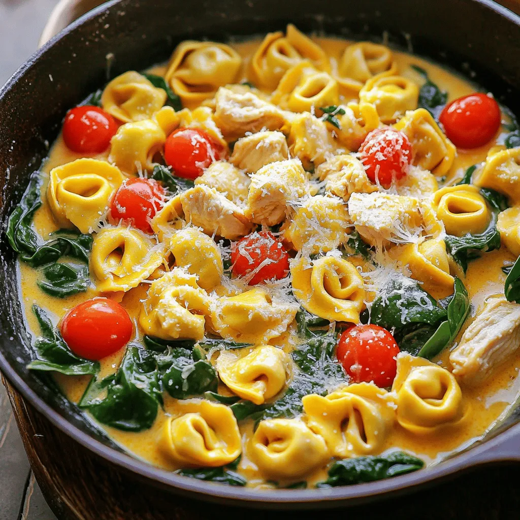 - 2 cups cheese tortellini (fresh or frozen) - 1 pound boneless, skinless chicken breasts, diced into bite-sized pieces - 1 tablespoon extra virgin olive oil - 2 cloves garlic, finely minced - 1 cup cherry tomatoes, halved - 1 cup fresh baby spinach, packed - ½ cup heavy cream - ½ cup low-sodium chicken broth - ½ teaspoon Italian seasoning blend To make a tasty Tuscan Chicken Tortellini Skillet, gather these fresh ingredients. Start with cheese tortellini. You can use fresh or frozen. Next, get boneless, skinless chicken breasts. Dice them into small pieces. This helps them cook fast. Extra virgin olive oil adds flavor and helps cook the chicken. Next, for flavor, use garlic, cherry tomatoes, and baby spinach. Garlic gives a nice aroma. Cherry tomatoes add sweetness when cooked. Spinach adds color and nutrients. For cooking liquids, use heavy cream and low-sodium chicken broth. These make a rich sauce. Italian seasoning blend adds herbs and spices for extra flavor. This mix will create a creamy, savory dish that feels like a warm hug. Keep these ingredients handy, and you’ll have a quick and enjoyable dinner ready in no time! - First, heat 1 tablespoon of extra virgin olive oil in a large skillet over medium-high heat. - Once the oil shimmers, add 1 pound of diced boneless, skinless chicken breasts to the skillet. - Season the chicken with a pinch of salt, freshly cracked black pepper, and ½ teaspoon of Italian seasoning. - Cook the chicken for 6-8 minutes. Turn the pieces often until they turn golden brown and are cooked through. - After the chicken is ready, add 2 finely minced garlic cloves to the skillet. - Sauté the garlic for 1 minute. You want to release its fragrant aroma. - Pour in ½ cup of low-sodium chicken broth and ½ cup of heavy cream. Mix well. - Bring this mixture to a gentle simmer, which helps the flavors blend together. - Add 1 cup of halved cherry tomatoes to the skillet. Cook for about 3 minutes until they soften. - Next, stir in 2 cups of cheese tortellini. If you like spice, add ½ teaspoon of red pepper flakes. - Cover the skillet and reduce the heat to medium-low. Let it simmer for 5-7 minutes until the tortellini are tender. - Finally, fold in 1 cup of packed fresh baby spinach. Stir until the spinach wilts, which takes about 1-2 minutes. - Taste your dish and adjust with more salt and pepper if needed. - Serve hot, garnished with freshly grated Parmesan cheese for extra flavor. - How to achieve the perfect sear on chicken Start with a hot skillet and add olive oil. Use bite-sized chicken pieces for even cooking. Don’t overcrowd the pan; it can lower the heat. Cook until golden brown, about 6-8 minutes. This step adds flavor and texture. - Tips for cooking tortellini Use fresh or frozen tortellini. Boil water in a large pot and add salt. Cook until tender, usually 3-5 minutes. Drain the tortellini before adding it to the skillet. This keeps them from becoming mushy in the dish. - Ideal serving temperature Serve your Tuscan chicken tortellini hot. This dish shines best when served right after cooking. The creamy sauce and fresh ingredients taste their best at this temperature. - Presentation tips for an elegant finish Use shallow bowls for serving. Garnish with freshly grated Parmesan cheese. Add extra cherry tomatoes and a drizzle of olive oil for color. A sprig of fresh basil adds a nice touch and aroma. - Options for dairy-free cream Choose coconut cream or cashew cream for a dairy-free version. Both options provide a rich texture without dairy. They blend well into the sauce. - Alternatives for chicken or tortellini Use shrimp or sausage if you want a different protein. For a vegetarian option, try mushrooms or tofu. If you can’t find tortellini, use any pasta shape you like. {{image_4}} You can swap chicken for shrimp or sausage. Shrimp cooks fast and adds a sweet taste. Just sauté it in the olive oil until pink. Sausage gives a hearty flavor. Slice it and cook it until browned for a nice crunch. If you want a meat-free dish, mushrooms or tofu work great. Use portobello mushrooms for a meaty texture or firm tofu for protein. Cook them until soft and golden. To boost flavor, add sun-dried tomatoes. They bring a tangy sweetness. Chop them and toss them in with the garlic. You can also try different herbs. Fresh basil or thyme can add freshness. If you want heat, add more red pepper flakes. This will give your dish a nice kick. If you need gluten-free options, look for gluten-free tortellini made from rice or corn. They taste great and cook similarly. For a low-carb choice, use zucchini noodles. Spiralize the zucchini and cook it briefly. This keeps the dish light and fresh while still being delicious. To keep your Tuscan Chicken Tortellini Skillet fresh, store leftovers in an airtight container. Place the skillet in the fridge within two hours of cooking. It will stay good for about three days. You can also freeze this dish. Just let it cool completely, then transfer it to a freezer-safe bag. Remove as much air as possible. It can last up to three months in the freezer. Reheat your leftovers on the stove for the best texture. Use medium heat and add a splash of chicken broth to keep it moist. Stir gently for about 5-7 minutes until heated through. If using a microwave, place the dish in a microwave-safe container. Cover it and heat for 2-3 minutes, stirring halfway through. You can store this dish in the fridge for three days. If frozen, it can last three months. Look for signs like off smells or mold. If it smells bad or shows any signs of spoilage, it’s best to throw it away. Yes, you can make this dish ahead of time. To prep, cook the chicken and sauce first. Then, store it in the fridge for up to three days. When ready to eat, reheat the chicken and sauce in a skillet. Add the tortellini and spinach just before serving to keep them fresh. This way, you save time on busy nights. If you don't have tortellini, there are tasty alternatives. You can use any small pasta like penne or farfalle. Even gnocchi works well! Just make sure to adjust the cooking time. These options will still give you a great meal with similar flavors. To kick up the heat, add more red pepper flakes. You can also mix in diced jalapeños or a splash of hot sauce. If you want a smoky flavor, try adding smoked paprika. These choices will give your dish a satisfying spicy punch! This blog post shared a simple and tasty Tuscan Chicken Tortellini Skillet recipe. We covered key ingredients, from cheese tortellini to garlic and spinach. I provided step-by-step instructions for cooking the chicken and building a creamy sauce. You learned tips for great results, ingredient swaps, and healthy variations. Remember, you can make this dish yours by adding your favorite flavors. Enjoy cooking, serving, and sharing this delightful meal!
