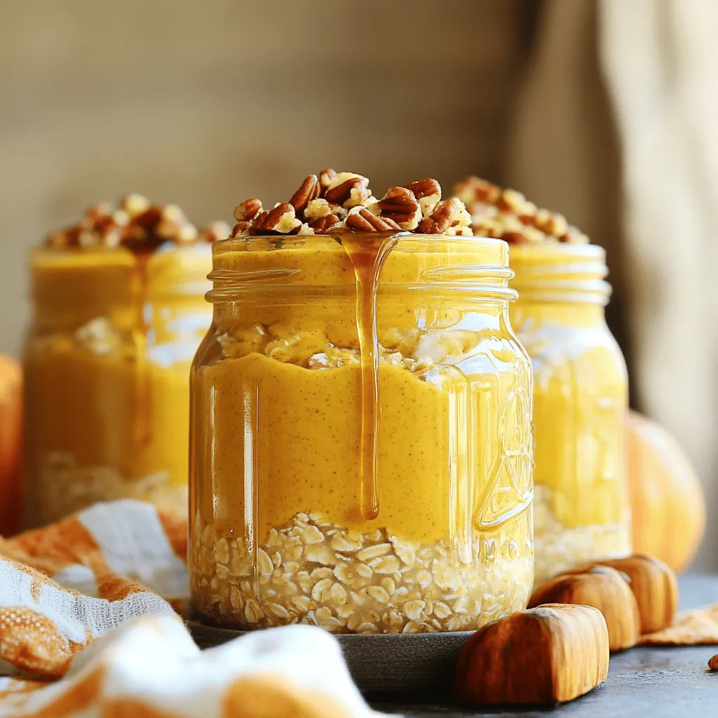 - 1 cup rolled oats - 1 cup almond milk (or any preferred milk) - ½ cup canned pumpkin puree The base of this recipe is simple yet delightful. Rolled oats absorb the liquid well, making them soft and chewy. Almond milk adds a nice creaminess, but feel free to use any milk you like. Pumpkin puree not only adds flavor but also boosts nutrition with vitamins. - 2 tablespoons maple syrup - 1 teaspoon pumpkin pie spice - ½ teaspoon vanilla extract These sweeteners and spices elevate the taste. Maple syrup brings natural sweetness. Pumpkin pie spice gives that warm, cozy flavor. Vanilla extract enhances everything with a light sweetness that makes this dish shine. - ¼ cup Greek yogurt (for added creaminess) - ¼ cup chopped pecans or walnuts (for topping) - A pinch of salt Greek yogurt adds a creamy texture and extra protein. Chopped nuts provide a nice crunch and healthy fats. A pinch of salt balances the sweetness and enhances the flavors. To start, grab a large mixing bowl. First, pour in 1 cup of almond milk. Next, add in ½ cup of canned pumpkin puree. Then, include 2 tablespoons of maple syrup, 1 teaspoon of pumpkin pie spice, and ½ teaspoon of vanilla extract. Don’t forget a pinch of salt! Use a whisk to mix everything together until it is smooth. This step is key for a tasty base. Now that your pumpkin mixture is ready, it's time for the oats. Add 1 cup of rolled oats to the bowl. Stir gently but well so that every oat gets coated with the pumpkin mixture. If you want extra creaminess, fold in ¼ cup of Greek yogurt. This makes each bite rich and tasty. Next, it's time to store this creamy goodness. Carefully scoop the mixture into two mason jars. Make sure to divide it evenly so each jar has a good serving. Then, seal the jars with their lids. Place them in the fridge overnight, or for at least 4 hours. This will let the oats soak up the flavors and soften nicely. To get the right texture, adjust the liquid. If your oats seem too thick, add a splash of almond milk. This helps make them creamier and easier to eat. Soaking time is key. Let your oats sit overnight. This gives them time to absorb the liquid and flavors. Add more spices or sweeteners to boost the taste. You can try a pinch of cinnamon or nutmeg for extra warmth. For a sweet kick, drizzle more maple syrup on top. Garnishing can also make a difference. Top your oats with a sprinkle of pumpkin pie spice or a few extra pecans. This makes your dish look nice and inviting. You can switch up the milk or yogurt to fit your needs. Try coconut milk for a creamy twist. You can also use dairy-free yogurt for a vegan option. For toppings, consider seeds or different nuts. Chia seeds add a nice crunch and nutrition. Use walnuts or almonds to change the flavor profile. These swaps keep your oats healthy and exciting. {{image_4}} You can easily change the flavor of your Mason Jar Pumpkin Overnight Oats. Here are two fun ideas: - Chocolate pumpkin overnight oats: Add 2 tablespoons of cocoa powder to the pumpkin mix. This gives your oats a rich chocolate taste that pairs well with pumpkin. - Apple cinnamon version: Swap the pumpkin puree with ½ cup of unsweetened applesauce. Add 1 teaspoon of cinnamon for a warm apple flavor. If you have dietary needs, you can still enjoy these oats. - Gluten-free options: Use gluten-free rolled oats. This simple swap makes your oats safe for those with gluten allergies. - Vegan substitutions: Replace Greek yogurt with a plant-based yogurt. Use maple syrup for sweetness, as it is naturally vegan. Try these ideas to make your oats even better: - Pairing with fruit or additional toppings: Top your oats with fresh fruits like bananas or berries. You could also add a drizzle of honey or extra maple syrup for sweetness. - Suggested side dishes for a complete breakfast: Serve your oats with a side of nuts or a smoothie. This adds variety and keeps your meal balanced. Mason jar pumpkin overnight oats stay fresh in the fridge for up to five days. This makes them a great snack option for busy mornings. If you notice a change in smell or color, it's best to throw them out. Also, if the oats look dry or have excess liquid, it might be time to toss them. You can freeze your overnight oats if you want to save them for later. To freeze, fill the jars but leave space at the top for expansion. Seal the jars tightly and place them in the freezer. When you want to eat them, move a jar to the fridge to thaw overnight. You can also microwave them for a quick warm-up, but add a splash of almond milk to keep them creamy. Making multiple servings at once is easy. Just double or triple the recipe! I recommend using pint-sized jars. They hold one serving perfectly. This way, you can grab a jar and go. Enjoy the flavors of fall in a quick, healthy snack! You can store Mason Jar Pumpkin Overnight Oats in the fridge for up to five days. This makes them great for meal prep. Just keep them sealed in jars or airtight containers. If you see any signs of spoilage, like an off smell or mold, it’s best to toss them. Enjoy your oats within this time frame for the best flavor and texture. You can use steel-cut oats, but the texture will change. Steel-cut oats are chewier and take longer to soften. They may need more liquid and soaking time. If you want a creamier and softer dish, stick with rolled oats. They absorb the flavors well and create a smooth, delicious base. Yes, this recipe is very kid-friendly. It’s packed with fiber and nutrients from the pumpkin and oats. Kids love the sweet taste of maple syrup and the creamy texture. You can make it even more fun by letting them help with mixing and topping the oats. Add their favorite fruits or nuts for extra flavor and crunch. Mason jar pumpkin overnight oats are simple and delicious. We mixed oats, pumpkin puree, milk, and flavors to create a healthy breakfast. Remember, you can adjust the recipe to suit your taste or dietary needs. Experiment with different toppings and variations to keep it fun. Store leftovers properly and enjoy throughout the week. With just a little prep, you can have a tasty breakfast ready to go. Enjoy this easy, nutritious treat for mornings that fuel your day.