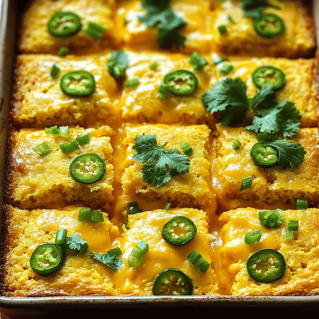 To make Cheesy Jalapeño Cornbread Casserole, you need a few key ingredients. Each one brings flavor and texture to the dish. Here’s what you will need: - 1 cup cornmeal - 1 cup milk - 1/2 cup sour cream - 2 large eggs - 1 tablespoon baking powder - 1 teaspoon salt - 1 cup shredded sharp cheddar cheese - 1 cup canned corn, drained - 1-2 fresh jalapeños, diced (seeds removed for less heat) - 1/2 cup green onions, chopped - 1/2 teaspoon black pepper - 1/2 teaspoon garlic powder - 1/2 cup chopped fresh cilantro (optional for garnish) Each ingredient plays a role. Cornmeal gives a nice base. Milk and sour cream add moisture and richness. Eggs help bind everything. Baking powder makes it rise. Salt, black pepper, and garlic powder bring flavor. Cheddar cheese adds that cheesy goodness we love. Canned corn gives sweetness. Jalapeños add a spicy kick. Green onions add freshness, and cilantro is a nice touch if you like it. Gather these items, and you are ready to create something delicious! First, set your oven to 375°F (190°C). This is the perfect temperature for baking. Next, grab a 9x9 inch baking dish. Coat it well with oil or butter. This helps prevent sticking. In a large bowl, take 1 cup of cornmeal, 1 tablespoon of baking powder, and 1 teaspoon of salt. Add 1/2 teaspoon of black pepper and 1/2 teaspoon of garlic powder. Whisk them together well. Mixing the dry ingredients thoroughly ensures even flavor. In another bowl, whisk together 1 cup of milk, 1/2 cup of sour cream, and 2 large eggs. Pour this wet mixture into the dry ingredients. Stir gently until just combined. Be careful not to overmix, or your cornbread may turn out tough. Now, add 1 cup of shredded sharp cheddar cheese, 1 cup of canned corn (drained), 1-2 diced jalapeños, and 1/2 cup of chopped green onions. Mix everything together gently. Ensuring even distribution of these ingredients gives every bite great flavor. Pour the mixture into the prepared baking dish. Smooth the top with a spatula. Bake in the preheated oven for 25-30 minutes. Look for a golden-brown top. A toothpick inserted in the center should come out clean to show it’s done. Let the casserole cool for about 5 minutes. This makes it easier to cut. Slice into squares and serve warm. If you like, top each piece with fresh cilantro for a pop of color and flavor. Enjoy your tasty Cheesy Jalapeño Cornbread Casserole! You can easily adjust the spice level of your casserole. If you prefer less heat, remove the seeds from the jalapeños. For more spice, add extra jalapeños or even a pinch of cayenne pepper. You can also swap in other peppers like poblano or serrano for a different flavor. When it comes to cheese, sharp cheddar is always a hit, but you can get creative. Try mixing in Monterey Jack for a milder taste. You could also use pepper jack for more spice. Feel free to blend different cheese types for a unique flavor profile. To achieve the best texture, avoid overmixing your batter. Stir just until combined. This helps keep your casserole light and fluffy. Using fresh ingredients, like fresh corn and jalapeños, can enhance the flavor. However, canned corn works well too. Just remember to drain it so your casserole isn’t too watery. This casserole pairs well with various side dishes. A fresh green salad can balance its richness. You might also serve it with a side of grilled vegetables for a colorful plate. For drinks, I recommend a light beer or a crisp white wine. Both options complement the flavors nicely. If you want a non-alcoholic choice, try a limeade. Its citrus notes contrast well with the cheesy goodness. {{image_4}} You can easily make this casserole vegetarian. Swap out the eggs for a flaxseed mix. Use one tablespoon of ground flaxseed and three tablespoons of water for each egg. Add seasonal veggies for more flavor. Bell peppers, zucchini, or spinach work well. They add color and nutrients. To make this dish gluten-free, use gluten-free cornmeal. Look for brands that do not mix in other grains. You can also try almond flour or coconut flour. These give a nice texture and flavor. Just remember to adjust the liquid in the recipe, as these flours absorb more moisture. If you want more heat, try other chili types. Serrano or habanero peppers can give a strong kick. You can also add a sprinkle of cayenne pepper. Adjust the amount to match your taste. Want it mild? Just use fewer jalapeños or remove the seeds. To keep your Cheesy Jalapeño Cornbread Casserole fresh, let it cool first. This prevents moisture build-up. Use an airtight container for storage. Glass or plastic containers work best. Make sure to seal them tightly. Store in the fridge for up to three days. Reheat in the oven for best results. Set your oven to 350°F (175°C). Place the casserole in a baking dish. Cover it with foil to keep it moist. Heat for about 15-20 minutes or until warmed through. You can also use a microwave. Just heat in short bursts to avoid drying it out. To freeze, first cool the casserole completely. Cut it into portions for easier thawing. Wrap each piece tightly in plastic wrap. Then, place them in a freezer-safe bag. Label the bag with the date. The casserole can stay frozen for up to three months. When ready to eat, thaw it in the fridge overnight. Reheat it in the oven or microwave as mentioned above. Enjoy your delicious dish even after freezing! Cheesy Jalapeño Cornbread Casserole lasts about 3 to 5 days in the fridge. Store it in an airtight container. This keeps it fresh and safe to eat. If it's in a covered dish, it may last up to a week. However, for the best taste, enjoy it sooner. Yes, you can make this dish ahead of time! Prepare it, then cover it well. Store it in the fridge for up to 24 hours before baking. This way, you can save time on busy days. Just remember to bake it just before serving! You can serve many things with this casserole. It pairs well with chili, barbecued meats, or even a fresh salad. I love adding a dollop of sour cream or some salsa on the side. These add extra flavor and creaminess. Absolutely! This recipe is great for meal prep. You can portion it out into containers. It reheats well and tastes just as good the next day. It makes for a quick lunch or dinner option during the week. Yes, you can use other types of cheese. Monterey Jack, pepper jack, or even mozzarella work well. Each cheese brings a different flavor. Feel free to mix them for a unique twist on this tasty dish. To make it spicier, add more jalapeños! You can also leave in the seeds for extra heat. Another option is to add chopped serrano peppers or a dash of hot sauce. Adjust it to your taste for the perfect kick! This blog post shared a tasty Cheesy Jalapeño Cornbread Casserole recipe. We covered the ingredients, step-by-step instructions, and clever tips. You learned about customizing your dish and making it gluten-free or vegetarian. Don’t forget how to store and reheat leftovers effectively. This dish is easy to prepare and perfect for meals with family or friends. Enjoy exploring your options and making it your own. Your kitchen will be more fun, and every meal will be better. Happy cooking!