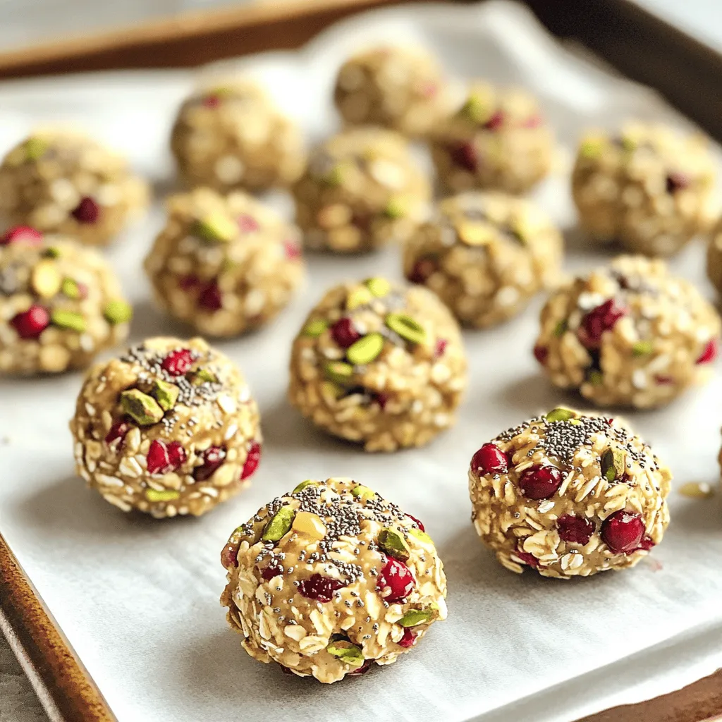 - 1 cup rolled oats - 1/2 cup almond butter - 1/2 cup honey or maple syrup - 1/2 cup dried cranberries, finely chopped - 1/2 cup shelled pistachios, coarsely chopped - 1/4 cup chia seeds - 1 teaspoon pure vanilla extract - A pinch of salt Each ingredient in these energy bites brings its own health perks. - Rolled oats: They provide whole grains and fiber. This helps keep you full longer. - Almond butter: It adds healthy fats and protein. This boosts energy and supports muscle health. - Honey or maple syrup: These natural sweeteners give a quick energy boost. They also have antioxidants. - Dried cranberries: They contain vitamins and antioxidants. They support urinary health and fight free radicals. - Shelled pistachios: These nuts are rich in protein and fiber. They help lower cholesterol and improve heart health. - Chia seeds: They are high in omega-3 fatty acids and fiber. They promote digestive health and keep you satisfied. - Pure vanilla extract: This adds flavor and has antioxidant properties. It can also reduce inflammation. - Salt: A pinch enhances flavor and balances sweetness. If you have allergies or dietary needs, there are easy swaps you can make. - Nut allergies: Use sunflower seed butter instead of almond butter. - Vegan option: Replace honey with agave syrup for a plant-based sweetener. - Gluten-free: Ensure the oats are certified gluten-free to avoid cross-contamination. - Different nuts: You can swap pistachios with walnuts or cashews based on your taste. - Sweeteners: Maple syrup can be replaced with brown rice syrup or coconut sugar. These substitutions keep the bites tasty while meeting your needs. To start, grab a large mixing bowl. Add 1 cup of rolled oats, 1/2 cup of almond butter, and 1/2 cup of honey or maple syrup. I love using maple syrup for a deeper flavor. Next, pour in 1 teaspoon of pure vanilla extract. Use a spatula or wooden spoon to mix everything well. You want it to be smooth and sticky. Now it's time to add the fun stuff! Toss in 1/2 cup of finely chopped dried cranberries and 1/2 cup of coarsely chopped pistachios. Then, add 1/4 cup of chia seeds and a pinch of salt. Mix this all together until every ingredient is combined evenly. The colors and textures should be beautiful! With clean hands, scoop out small portions of the mixture. Roll them into balls about 1 inch wide. Make sure they are compact so they hold their shape. Place these bites on a baking sheet lined with parchment paper. Leave some space between each bite. Chill the sheet in the fridge for at least 30 minutes. This helps them set. Once firm, transfer the bites to an airtight container. Enjoy them as a quick snack throughout the week! When mixing your ingredients, start with a large bowl. The bowl should be big enough to hold everything without spilling. Use a spatula to combine the rolled oats, almond butter, and honey. Stir until it looks smooth and sticky. This step is key for a good texture. If you find it hard to mix, a little warm almond butter helps. To roll perfect bites, keep your hands clean and slightly damp. Scoop a small amount of the mixture with your fingers. Aim for about one inch in size. Roll the mixture tightly between your palms to form a compact ball. This helps them hold their shape better. If they crumble, just press them tighter. For a fun way to serve these bites, use an elegant bowl. You can sprinkle extra chopped pistachios on top. This adds a nice crunch and looks beautiful. Line the bowl with fresh mint leaves for a pop of color. These bites also pair well with yogurt or fresh fruit. Enjoy them as a quick snack or a healthy treat after workouts! {{image_4}} You can switch out pistachios for other nuts. Almonds, walnuts, or cashews work great. Each nut brings its own flavor. You can also use seeds like pumpkin or sunflower seeds. They add crunch and nutrition. Just remember to chop them coarsely, so they mix well. Try different dried fruits for variety. Instead of cranberries, use raisins or apricots. Dried cherries add a nice tartness, while figs give a sweet touch. Each fruit changes the taste and texture. Choose based on what you love or have on hand. Add flavors to make these bites more exciting. A sprinkle of cinnamon or cocoa powder can boost taste. You could also add a splash of almond or coconut extract for a twist. For a sweet touch, fold in mini chocolate chips or a hint of sea salt. These small changes can elevate your energy bites. To keep your energy bites fresh, use an airtight container. This helps keep moisture out. You can stack the bites carefully if needed. Always place a layer of parchment paper between layers. This way, they won't stick together. Energy bites last about one week in the fridge. If you want them to last longer, you can freeze them. They can stay in the freezer for up to three months. Just make sure to wrap them well in plastic wrap before putting them in a freezer bag. Keep your energy bites in a cool, dry place. Avoid leaving them out in warm areas. If you see any moisture or changes in texture, it's best to throw them away. Always check for signs of spoilage before eating. This way, you can enjoy your delicious energy bites safely! Yes, you can use other nut butters. Almond butter is great, but peanut butter works too. Cashew or sunflower seed butter are also nice options. Each nut butter gives a unique taste. Just make sure to keep the same amount in the recipe. These energy bites keep well in the fridge. Store them in an airtight container. They can last up to one week. If you want them to last longer, you can freeze them. Just thaw them before eating. Yes, these energy bites are gluten-free. The rolled oats are safe if labeled gluten-free. Always check the packaging for gluten-free labels. This way, you can enjoy them without worry. Serve these bites in a pretty bowl. You can sprinkle some extra chopped pistachios on top. This adds a nice crunch and color. For an extra touch, place fresh mint leaves around the bites. It makes the dish look fresh and inviting. You learned about making energy bites today. We covered the important ingredients and their benefits. You can also switch items for allergies. I shared clear steps for mixing and shaping. My tips help you create the best bites each time. Try different nuts or fruits for new tastes. Storing them right keeps them fresh longer. Energy bites are easy and fun to make. Enjoy creating your own healthy snacks!