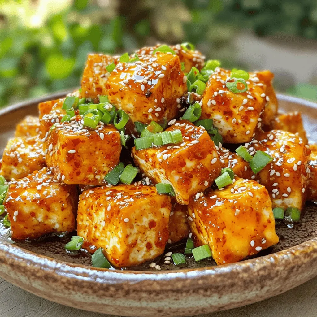 - 1 block (14 oz) firm tofu, well-drained and pressed - 2 tablespoons sweet chili sauce - 2 cloves garlic, finely minced - 1 tablespoon soy sauce - 1 teaspoon sesame oil - 1 tablespoon cornstarch - 1 teaspoon rice vinegar - Pinch of salt and freshly ground black pepper The main ingredient here is firm tofu. It gives a great texture. You want to press it well. This helps remove excess water. This step makes your tofu crispy when cooked. Sweet chili sauce adds sweetness and spice. The garlic brings in a strong flavor. Soy sauce adds a nice salty touch. Sesame oil gives it a warm, nutty flavor. Finally, rice vinegar adds a bit of tang. - Sweet chili sauce - Soy sauce - Sesame oil - Rice vinegar - Salt and pepper These seasonings and sauces are key to flavor. Sweet chili sauce is sweet and spicy. Soy sauce is salty and savory. Sesame oil adds depth. Rice vinegar gives brightness. The salt and pepper are simple but essential. They enhance all the flavors in the dish. - Freshly chopped green onions - Toasted sesame seeds Garnishes make your dish look great. Chopped green onions add freshness and color. Toasted sesame seeds add crunch and a nutty flavor. These small touches make your meal even better. They also add layers of flavor. First, you need to preheat your air fryer. Set it to 400°F (200°C) and let it heat for about 5 minutes. This step helps cook the tofu evenly and gives it a nice crisp. Next, you prepare the tofu. Start with a block of firm tofu, about 14 ounces. Make sure it is well-drained and pressed. Cut the tofu into bite-sized cubes, around 1 inch each. Place the cubes in a large mixing bowl. Now, let’s make the sauce. In a separate bowl, mix together the sweet chili sauce, minced garlic, soy sauce, sesame oil, rice vinegar, and a pinch of salt and pepper. Whisk until the sauce is smooth and well combined. This mixture adds great flavor to the tofu. After the sauce is ready, drizzle it over the tofu cubes in the mixing bowl. Gently fold the tofu in the sauce using a spatula or spoon. Make sure all the tofu pieces are covered well. This step is important for flavor. Then, sprinkle the cornstarch over the marinated tofu. Toss the tofu carefully until every piece is coated with cornstarch. This helps the tofu get crispy when cooking. Now it’s time to air fry! Place the coated tofu cubes in the air fryer basket in a single layer. Leave some space between the pieces for better air flow. Set the air fryer to cook at 400°F (200°C) for 15-20 minutes. Halfway through, shake the basket gently. This helps the tofu brown evenly. When the tofu turns golden brown and crispy, use tongs to take it out. Serve the tofu hot, garnished with chopped green onions and toasted sesame seeds. Enjoy your tasty dish! To get crispy tofu, start with firm tofu. Firm tofu holds its shape well. Press the tofu to remove excess water. This helps the tofu absorb the sauce better. Coat the tofu cubes in cornstarch. The cornstarch creates a crunchy outer layer. Make sure to arrange the tofu in a single layer in the air fryer. This allows hot air to reach all sides. Flip the cubes halfway through cooking for even crispiness. Pressing tofu is key for great texture. First, drain the tofu and wrap it in a clean towel. Place a heavy object, like a cast-iron skillet, on top. Let it sit for 15 to 30 minutes. This removes unwanted moisture. The firmer the tofu, the better it will fry. After pressing, cut it into 1-inch cubes. This size cooks evenly and absorbs flavor well. Feel free to change the flavors. If you want more spice, add some red pepper flakes to the sauce. For a tangy taste, increase the rice vinegar. You can also swap the soy sauce for tamari for gluten-free cooking. Taste the sauce before coating the tofu. Adjust the sweetness or saltiness to your liking. Remember, seasonings are personal; make it your own! {{image_4}} You can switch up the sweet chili sauce for a new flavor. Try using teriyaki sauce for a savory twist. Peanut sauce adds a creamy, nutty taste. If you like heat, go for a sriracha mix. Just blend it with soy sauce to balance the spice. Each sauce brings a unique flair to your tofu. Want to jazz up your dish? Add bell peppers or snap peas for crunch. Broccoli florets work well, too. Toss in some diced onions or mushrooms for a savory boost. You can also sprinkle in some crushed red pepper for extra heat. These add-ins make your meal colorful and fun. Serve your tofu over a bed of rice for a filling dish. Quinoa is a great choice if you want something different. You can also pair it with a crisp salad for a light meal. Drizzle extra sauce on top for more flavor. Add a side of steamed veggies for a well-rounded plate. Enjoy your vibrant, tasty meal! After cooking your Air Fryer Sweet Chili Garlic Tofu, let it cool. Then, place it in an airtight container. It will stay fresh in the fridge for up to three days. This makes it easy for quick meals later. If you want to keep the tofu longer, freezing is a good option. First, let the tofu cool completely. Then, place it in a freezer-safe bag or container. It can last for up to three months in the freezer. However, freezing may change its texture slightly. To reheat your tofu, use the air fryer for best results. Preheat it to 350°F (175°C). Place the tofu in the basket and heat for about 5-7 minutes until warm and crispy again. You can also use a microwave, but it may not keep the crispiness. No, silken tofu won’t work well here. Silken tofu is too soft and will fall apart. Firm tofu holds its shape better during cooking. This dish needs that nice crispy texture. Stick with firm tofu for the best results. To make this dish gluten-free, swap regular soy sauce for gluten-free soy sauce. You can also use tamari. Both options keep the flavor while avoiding gluten. Check all labels on your ingredients. This ensures everything is safe for gluten-free diets. Sweet chili garlic tofu pairs well with many sides. Here are some ideas: - Steamed rice - Quinoa - Fresh salad - Stir-fried veggies - Noodles These sides add flavor and texture to your meal. They also balance the sweetness of the tofu. To add some heat, mix in chili flakes or sriracha to the sauce. You can also try adding fresh diced chilies. Adjust the amount to fit your taste. A little spice can enhance the dish without overpowering it. Enjoy the kick! You can make tasty Sweet Chili Garlic Tofu with simple steps. We discussed the main ingredients, seasonings, and garnishes that add flavor. Then, I shared easy instructions from preheating to air frying. Tips for crispiness and storing leftovers ensure your tofu stays great. You can also try fun variations, sauces, and serving ideas. Remember, cooking is all about exploring and having fun in the kitchen. Enjoy your tofu journey!