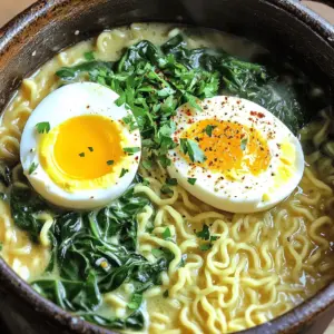 To make One-Pot Garlic Parmesan Ramen, you need simple and fresh ingredients. Here’s what you will need: - 4 cups vegetable broth - 2 packs of instant ramen noodles (discard seasoning packets) - 4 cloves garlic, finely minced - 1 tablespoon olive oil - ½ cup freshly grated Parmesan cheese - 1 cup baby spinach - 1 teaspoon crushed red pepper flakes (adjust according to your spice preference) - Salt and freshly ground black pepper to taste - Fresh parsley, chopped for garnish - Optional: Soft-boiled eggs for a protein boost You can switch things up for your ramen. Here are some ideas: - Protein Options: Add cooked chicken, shrimp, or tofu. - Veggies: Try mushrooms, carrots, or bok choy for extra flavor. - Cheese: Experiment with pecorino or mozzarella instead of Parmesan. - Spices: Use chili oil for a different heat or add ginger for zing. Using the right tools makes cooking easier. Here’s what you will need: - A large pot for cooking - A sharp knife to mince garlic - A cutting board for prep - Measuring cups and spoons for accuracy - A ladle for serving With these ingredients and tools, you’re ready to create a tasty meal that warms the soul! Start by heating 1 tablespoon of olive oil in a large pot over medium heat. Once the oil is hot, add 4 cloves of finely minced garlic. Sauté the garlic for 1-2 minutes. Stir it often until the garlic is fragrant and lightly golden. Be careful not to burn the garlic, as burnt garlic tastes bitter. Next, pour in 4 cups of vegetable broth. Stir to mix well and bring the broth to a gentle simmer. When the broth simmers, add 2 packs of instant ramen noodles. Make sure to discard the seasoning packets that come with the noodles. Cook the noodles according to the package instructions, usually around 4-5 minutes. Stir the noodles occasionally to keep them from sticking together. Once the noodles reach an al dente texture, they are ready for the next step. Now, sprinkle in ½ cup of freshly grated Parmesan cheese. Stir continuously until the cheese melts into the broth. This will create a creamy texture. Then, add 1 cup of baby spinach and 1 teaspoon of crushed red pepper flakes. Stir gently until the spinach wilts, which takes about 1-2 minutes. Taste the broth and season with salt and freshly ground black pepper to suit your taste. For an extra treat, top each bowl with a halved soft-boiled egg. Finally, garnish each serving with chopped fresh parsley for a bright finish. To get the best taste in your One-Pot Garlic Parmesan Ramen, focus on the garlic. Mince it finely to release its oils. Sauté it slowly in olive oil. This makes the garlic fragrant and sweet. Add your crushed red pepper flakes when you add the spinach. This allows the heat to blend into the dish. Taste the broth before serving. Adjust the salt and pepper to suit your taste buds. Cook the ramen noodles for just the right time. Follow the package instructions closely. Usually, four to five minutes will do. Stir the noodles gently as they cook. This keeps them from sticking together. When you add the Parmesan, stir until it melts. This gives a creamy texture to the broth. Adding baby spinach at the end helps keep it tender yet firm. Want to cook faster? Use pre-minced garlic from a jar. It saves time and still adds flavor. You can also boil the vegetable broth in a kettle first. Then, pour it into the pot when you sauté the garlic. For a quick meal, skip the soft-boiled eggs. Instead, serve the ramen plain. This keeps your cooking time under twenty minutes. {{image_4}} To make your ramen heartier, you can add proteins. Here are some great ideas: - Soft-boiled eggs: They add creaminess and richness to the dish. - Chicken: Cooked and shredded chicken breast adds good flavor. - Shrimp: Quickly cooked shrimp gives a nice touch and extra protein. - Tofu: For a plant-based option, use firm tofu for a filling meal. These proteins pair well with the garlic and Parmesan flavors, making each bite satisfying. If you want a vegetarian version, here are some easy swaps: - Vegetable broth: Use this as your base for a rich flavor. - Spinach: Feel free to swap it with kale or Swiss chard. - Noodles: Use egg-free noodles for a completely vegetarian dish. - Cheese: Try nutritional yeast instead of Parmesan for a dairy-free option. These changes keep the dish flavorful while catering to different diets. To control the heat in your ramen, adjust the spice levels: - Crushed red pepper flakes: Start with a small amount and add more to taste. - Chili oil: Drizzle some in for a spicy kick. - Sriracha: This sauce adds heat and a nice tang. Experiment with these options to find your perfect spice balance! After you enjoy your One-Pot Garlic Parmesan Ramen, store leftovers properly. Let the ramen cool to room temperature. Use an airtight container to keep it fresh. This helps avoid any bad smells in your fridge. It’s best to eat the leftovers within three days. If you wait too long, the noodles may become mushy. When you’re ready to eat the leftovers, reheat them on the stove. Pour the ramen into a pot. Add a splash of broth or water to help with moisture. Heat over medium until warm. Stir to keep it from sticking. You can also use the microwave. Place it in a microwave-safe bowl and cover it. Heat in short bursts, stirring in between, until hot. Freezing ramen is tricky but can be done. Do freeze the broth and noodles separately. This keeps the noodles from getting mushy. When freezing, use freezer-safe containers. Label them with the date. Don’t freeze cooked ramen with added spinach or cheese. These ingredients don’t freeze well and lose flavor. When ready to eat, thaw the broth overnight in the fridge. Cook fresh noodles and add them to the warm broth. Enjoy your tasty meal! Yes, you can use many types of noodles. Try udon, soba, or rice noodles. Each will change the taste and texture. Udon gives a thick and chewy bite. Soba adds a nutty flavor. Rice noodles are light and soft. Just adjust the cooking time based on the noodle type you choose. To make this ramen gluten-free, swap regular noodles for gluten-free options. Look for rice noodles or gluten-free ramen. Use gluten-free broth, too. Many brands offer tasty vegetable broths without gluten. Always check labels to ensure the products meet gluten-free standards. This way, everyone can enjoy this dish! Many side dishes pair well with ramen. Consider these options: - Edamame: Lightly salted and fun to eat. - Gyoza: Crispy dumplings filled with meat or veggies. - Seaweed salad: Refreshing and adds a crunch. - Pickled vegetables: Great for tangy flavor. These sides complement the creamy broth and garlic taste well. We covered everything you need to make delicious ramen. First, we went over the ingredients and tools you need. Then, we walked through the step-by-step cooking process. I shared tips for flavor and texture, plus speed tips. We also looked at ways to mix up the recipe with variations. Finally, I gave storage tips for leftovers and answered common questions. With this guide, you can create your perfect bowl of ramen every time. Enjoy your cooking and the tasty results!