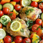 - 4 boneless, skinless chicken thighs - 2 tablespoons olive oil - 2 fresh lemons (one for juice and one sliced) - 3 cloves garlic, minced - 1 teaspoon dried oregano - 1 teaspoon dried thyme - Salt and black pepper to taste - 1 cup cherry tomatoes, halved - 1 medium zucchini, sliced into half-moons - 1 bell pepper (any vibrant color), diced into bite-sized pieces - Fresh parsley, finely chopped, for garnish Gather these ingredients to create a bright and fresh dish. The chicken thighs are juicy and full of flavor. Olive oil helps the herbs stick while adding richness. Fresh lemons give a zesty kick. Garlic, oregano, and thyme add depth to the meal. Salt and pepper are key to enhance all the flavors. For the veggies, I love using cherry tomatoes for sweetness. Zucchini adds a nice crunch, and colorful bell peppers make the dish pop. Fresh parsley brings a lovely finish. Feel free to mix and match with what you have at home! Use different veggies or herbs based on your taste. Each ingredient plays a role in making this one-pan meal a delight. - Preheat your oven to 400°F (200°C). This helps cook the chicken evenly. - In a large bowl, whisk together 2 tablespoons of olive oil, juice from one lemon, 3 minced garlic cloves, 1 teaspoon of oregano, 1 teaspoon of thyme, and a pinch of salt and pepper. This mix will be our tasty marinade. - Take 4 boneless, skinless chicken thighs and coat them in the marinade. Make sure every piece is covered well. Let them sit for 15 minutes. This time lets the flavors soak in. - Grab a large oven-proof skillet. Place the marinated chicken thighs in the center, leaving some space between them. - Next, surround the chicken with lemon slices, 1 cup of halved cherry tomatoes, sliced zucchini, and diced bell pepper. - Drizzle a little more olive oil over the veggies. Sprinkle with salt and pepper for extra flavor. - Carefully transfer the skillet to your preheated oven. Roast for 25-30 minutes. The chicken should be golden and reach an internal temperature of 165°F (75°C). - After cooking, take the skillet out and let it rest for 5 minutes. This helps keep the chicken juicy. Before serving, sprinkle fresh chopped parsley on top for a bright finish. To make the marinade just right, start with the lemon juice. You can add more or less juice to change the flavor. If you like herbs, try adding basil or rosemary. A touch of spice can also make it fun. Check the chicken for doneness using a meat thermometer. It should reach 165°F (75°C). This step ensures your chicken is safe to eat. I recommend using a cast iron skillet. It heats evenly and gives great flavor to your dish. You can serve the meal straight from the skillet for a cozy feel. If you prefer, plate individual portions to show off the colorful veggies and chicken. Don’t forget to add chopped parsley and lemon slices on top for a fresh look! {{image_4}} You can switch up the veggies in this dish. Use asparagus, broccoli, or carrots for fresh flavors. These choices give a nice crunch and color. For more greens, think about adding spinach or kale. These leafy veggies cook down nicely, adding nutrients and taste. If you prefer different proteins, swap chicken thighs for chicken breasts. They cook faster and are leaner. For a vegetarian option, try tofu. It absorbs the marinade well, making it tasty. You can also experiment with fish like salmon. It cooks quickly and provides a lighter meal option. To make this dish even more exciting, add new spices. Paprika gives a smoky flavor, while cumin adds warmth. You can also mix in a splash of white wine before roasting. This adds depth and richness to the overall taste. You can keep leftovers in an airtight container. This way, they stay fresh for up to 3 days. Make sure to let the dish cool before sealing it. If you want to save some for later, you can freeze it. Place it in a freezer-safe container. It can stay frozen for up to 2 months. When you're ready to eat, thaw it in the fridge overnight. To reheat, use an oven or a microwave. Heat it until it's hot all the way through. If using the microwave, add a splash of water. This helps to keep it moist and prevents drying out. Enjoy those vibrant flavors again! Total time is approximately 45 minutes, including prep and cooking. This dish comes together quickly, making it perfect for busy nights. You can spend about 15 minutes preparing the ingredients. The cooking will take around 25 to 30 minutes in the oven. This means you can serve a tasty meal in under an hour. Yes, marinate the chicken and chop the vegetables beforehand. Doing this will save you time later. You can marinate the chicken in the fridge for up to a day. Just remember to let it sit for at least 15 minutes before cooking. Pre-chopped veggies will also keep well. Simply store them in the fridge until you are ready to cook. Serve with rice, quinoa, or crusty bread for a complete meal. These sides will soak up the delicious juices from the chicken and veggies. Rice adds a nice texture, while quinoa offers a healthy option. Crusty bread is great for dipping and adds a rustic touch to your meal. Enjoy pairing these sides with your one-pan dish! This recipe for One-Pan Lemon Herb Chicken and Veggies is simple and tasty. You learned about the key ingredients, step-by-step instructions, and clever tips to enhance your dish. Feel free to adjust flavors or swap ingredients to suit your taste. Remember, cooking should be fun and creative. Try this meal with different veggies or proteins to keep it fresh. Enjoy every bite!