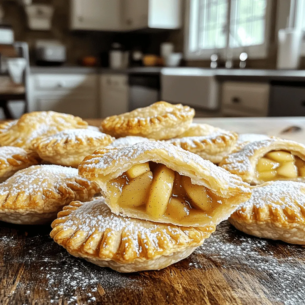 To make the perfect mini apple hand pies, you need a few key items. Here’s your list: - 2 cups all-purpose flour - 1/2 teaspoon salt - 1 tablespoon granulated sugar - 1/2 cup unsalted butter, cold and cut into small cubes - 6-8 tablespoons ice-cold water - 3 medium apples (like Granny Smith or Honeycrisp), peeled, cored, and diced - 1/4 cup packed brown sugar - 1 teaspoon ground cinnamon - 1/4 teaspoon ground nutmeg - 1 tablespoon freshly squeezed lemon juice - 1 egg, beaten (for egg wash) These ingredients combine to create a sweet, flaky treat that everyone will love. You can add a few optional items to enhance your hand pies: - Powdered sugar for a light dusting - A pinch of salt in the filling for extra flavor These choices allow you to make the treat your own. If you need to swap some ingredients, here are some good options: - Use whole wheat flour instead of all-purpose flour for a healthier dough. - Replace unsalted butter with coconut oil for a dairy-free option. - For the apples, any sweet variety works well; try Fuji or Gala. These substitutions keep the recipe flexible and fun. To start, gather your ingredients. You need flour, salt, sugar, butter, and cold water. In a large bowl, mix the flour, salt, and sugar. Stir well to blend them evenly. Next, add the cold butter. Use your fingers or a pastry cutter to mix until it looks like crumbs. Some pieces should be the size of peas for a flaky texture. Now, slowly add ice-cold water, one tablespoon at a time. Mix just until the dough forms. Avoid overworking it. Divide the dough into two discs, wrap them, and chill in the fridge for at least 30 minutes. While the dough chills, you can make the filling. For this, peel, core, and dice your apples. I like using Granny Smith or Honeycrisp for their perfect balance of sweet and tart. In a medium bowl, combine the diced apples with brown sugar, cinnamon, nutmeg, and lemon juice. Mix until all the apples are coated well. This mixture will give your hand pies a warm, spiced flavor. Preheat your oven to 400°F (200°C). Prepare a baking sheet by lining it with parchment paper. Roll out one chilled dough disc on a floured surface to about 1/8 inch thick. Use a round cutter to cut out 4-inch circles. Place about one tablespoon of apple filling in the center of each circle. Be careful not to overfill. Brush the edges with the beaten egg for a good seal. Fold the circle over the filling, press the edges, and crimp them with a fork. Repeat with the second disc. Arrange the pies on the baking sheet. Brush the tops with egg wash and make small slits for steam. Bake for 20-25 minutes. They should be golden brown and crispy when done. Let them cool on a wire rack, and enjoy! To make a flaky crust, keep your butter cold. This helps create layers. Cut the butter into small cubes and mix it with the flour quickly. Use your fingers or a pastry cutter. Aim for pea-sized pieces in the mixture. This gives your crust that perfect, flaky texture. Remember to chill your dough after mixing. This relaxes the gluten and helps the crust stay tender. Preheat your oven to 400°F (200°C) before baking. This helps your pies cook evenly. Line your baking sheet with parchment paper. This prevents sticking and makes for easy cleanup. Brush the tops of your hand pies with egg wash. This gives them a nice golden color. Make small slits in the tops for steam to escape. This keeps the pies from bursting open while baking. Bake for 20-25 minutes until golden brown. Serve your mini apple hand pies warm for the best taste. Arrange them on a rustic platter for a lovely display. Add a small bowl of caramel sauce or whipped cream for dipping. This adds fun and flavor. Dust with powdered sugar for a sweet touch right before serving. Enjoy these delightful treats with friends or family for a cozy gathering. {{image_4}} You can change the filling of mini apple hand pies to fit your taste. For a berry twist, use blueberries or raspberries. They add a nice tart flavor. If you prefer something sweeter, try a mix of strawberries and peaches. This blend brings bright colors and delicious tastes. You could even try a savory filling with cream cheese and spinach. The options are endless and fun! If you need gluten-free options, use almond flour or a gluten-free blend. Mix it with a little xanthan gum for the best results. This will help the dough stay together. You may also need to adjust the liquid amount in your dough. Just remember to keep the cold butter and ice water to ensure flakiness. These gluten-free pies will still taste great! Don't limit yourself to apples! You can use any fruit for these hand pies. Cherries and apricots work well. Just make sure to adjust the sugar based on the fruit's sweetness. Peaches and pears also make for juicy fillings. Each fruit gives a unique flavor and texture. So feel free to experiment and have fun with your fillings! To keep your mini apple hand pies fresh, place them in an airtight container. Line the container with paper towels to absorb moisture. This method helps maintain their crispness. Store them at room temperature for up to two days. If you want to keep them longer, refrigeration is an option. Just know that the crust may lose some flakiness. When you're ready to enjoy your hand pies again, preheat your oven to 350°F (175°C). Place the pies on a baking sheet lined with parchment paper. Heat them in the oven for about 10-15 minutes. This will restore their crispness and warmth. Avoid using the microwave, as it can make the crust soggy. Freezing mini apple hand pies is a great way to save some for later. First, let the baked hand pies cool completely. Then, wrap each pie in plastic wrap. Place them in a freezer-safe bag or container. You can freeze them for up to three months. To reheat, bake from frozen at 350°F (175°C) for about 20-25 minutes. Enjoy your tasty treat anytime! Yes, you can use store-bought pie crust. It saves time and effort. Just roll it out and cut it into circles. Then, fill and seal as you would with homemade dough. It’s a great shortcut for busy cooks. To make the filling less sweet, reduce the brown sugar. You can also use tart apples, like Granny Smith. Adding more lemon juice can balance sweetness, too. Taste the filling before sealing the pies. Adjust as needed. Mini apple hand pies last about 2 to 3 days at room temperature. Store them in an airtight container. If you want them to last longer, refrigerate them. They can stay good for up to a week when chilled. Yes, you can make these hand pies ahead of time. Prepare the dough and filling a day early. Keep the dough in the fridge and the filling in a separate container. You can assemble and bake them when ready to enjoy. In this article, we explored how to make mini apple hand pies. We covered the key ingredients and substitutions, and I walked you through step-by-step instructions for the dough and filling. You learned tips for a flaky crust, perfect baking, and serving ideas. We also discussed variations for different fruits and gluten-free options. Lastly, I shared storage and reheating tips. Now, you’re ready to impress with your own tasty treats! Enjoy baking these mini pies and get creative with fillings.