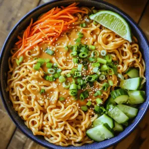 To make these spicy sesame peanut noodles, gather these key ingredients: - 8 oz. noodles (spaghetti, rice noodles, or soba) - 1/4 cup creamy peanut butter - 2 tablespoons soy sauce - 1 tablespoon sesame oil - 1 tablespoon rice vinegar - 2 tablespoons honey or maple syrup - 1 teaspoon chili garlic sauce - 2 cloves garlic, minced - 1/2 cup shredded carrots - 1/2 cup diced cucumber - 1/4 cup chopped green onions - 1 tablespoon sesame seeds - Fresh cilantro (optional) When choosing your noodles, you have options: - Spaghetti: Easy to find and cooks quickly. - Rice Noodles: Great for a gluten-free option. - Soba: Offers a nutty flavor and is rich in protein. Each type will soak up the sauce well and give great texture. For a pop of color and flavor, consider these garnishes: - Chopped green onions - Sesame seeds - Fresh cilantro - A wedge of lime for a zesty kick These extras make the dish look and taste even better. To start, fill a large pot with water and add salt. Bring the water to a boil. Once boiling, add 8 oz. of your chosen noodles. You can use spaghetti, rice noodles, or soba. Cook the noodles as per the package instructions. Aim for an al dente texture. This usually takes about 7 to 10 minutes. After cooking, drain the noodles in a colander. Rinse them under cold water to stop the cooking process. Set the noodles aside to cool for later use. Next, grab a medium mixing bowl. Add 1/4 cup of creamy peanut butter. Then, pour in 2 tablespoons of soy sauce. Add 1 tablespoon of sesame oil and 1 tablespoon of rice vinegar. For sweetness, mix in 2 tablespoons of honey or maple syrup. Spice it up with 1 teaspoon of chili garlic sauce. If you like more heat, feel free to add extra. Finally, add 2 cloves of minced garlic for a burst of flavor. Use a whisk to blend everything together until smooth. If the sauce seems thick, add a splash of warm water until it’s just right. In a large mixing bowl, combine the cooled noodles, 1/2 cup of shredded carrots, and 1/2 cup of diced cucumber. Pour the spicy sesame peanut sauce over the top. Gently toss everything together. Make sure the noodles get fully coated in the sauce. This is where the magic happens! The colorful veggies will not only add crunch but also bright flavors. To change the heat, start with less chili garlic sauce. Add more sauce after mixing if needed. This way, you control the spice. A good starting point is one teaspoon. If you enjoy heat, try two teaspoons or more. Remember, you can always add but cannot remove spice once mixed. For a smooth sauce, mix peanut butter, soy sauce, and sesame oil well. If the sauce feels thick, add warm water slowly. Just a little at a time will help. Aim for a silky texture that coats the noodles well. It should not be too runny or too thick. Adjust until it feels just right for you. Rinsing the noodles is key. Rinse them under cold water right after cooking. This stops the cooking and cools them down. It also removes extra starch. Rinsed noodles have a firmer bite and won’t stick together. This step helps keep your dish fresh and light. {{image_4}} You can easily add protein to your spicy sesame peanut noodles. Tofu is a great option for a vegetarian dish. Simply cube firm tofu and sauté it until golden brown. Chicken also works well. Cook it in a pan until it's fully done, then slice it into pieces. For a seafood twist, use shrimp. Cook the shrimp until they turn pink and opaque. Add your chosen protein to the noodles and sauce for a filling meal. Feel free to swap out veggies to suit your taste. Bell peppers add a nice crunch and sweetness. Slice them thin and toss them in with the noodles. Spinach is another good choice. It wilts down nicely, adding a vibrant green color. You can even mix in broccoli or snap peas for extra texture. Use what you have on hand to make this dish your own. If you need a gluten-free meal, choose rice noodles or gluten-free pasta. They work perfectly with the sauce. Check the label to ensure they meet your dietary needs. You can also use tamari instead of soy sauce for a gluten-free option. This will keep the flavors rich while sticking to your gluten-free plan. Enjoy this dish and feel good about your choices! To keep your spicy sesame peanut noodles fresh, store them in an airtight container. Make sure to let them cool to room temperature before sealing. Place them in the fridge. They will stay good for about three to four days. If you want to keep them longer, consider freezing them. When you are ready to eat your leftovers, take them out of the fridge. You can reheat them in the microwave or on the stove. If using a microwave, cover the container and heat for one to two minutes. If using a skillet, add a splash of water to prevent sticking. Heat over medium-low until warm. Always check that they are heated through before serving. If you want to freeze your spicy sesame peanut noodles, it is best to separate the noodles and the sauce. Place the noodles in one container and the sauce in another. They will freeze well for up to three months. When you’re ready to eat, thaw them in the fridge overnight. Then, reheat them as described above, or mix the sauce with fresh noodles. This way, you get a tasty meal anytime! Yes, you can make Spicy Sesame Peanut Noodles vegan. Just replace honey with maple syrup. This keeps the sweet taste while staying plant-based. Also, choose noodles made from rice or soba for a vegan option. These noodles work well with several dishes. You can serve them alongside a fresh cucumber salad. Spring rolls are another great choice. For a heartier meal, add some grilled tofu or a side of stir-fried vegetables. Leftovers of Spicy Sesame Peanut Noodles last about 3 to 5 days in the fridge. Store them in an airtight container to keep them fresh. If you want to enjoy them later, you can reheat in a pan or microwave until warm. In this post, we explored the making of Spicy Sesame Peanut Noodles. You learned about key ingredients, cooking steps, and useful tips. Variations let you customize every dish to your taste. Proper storage techniques ensure your leftovers last longer. Remember, you can easily adapt this recipe to fit your diet. Enjoy the flavors and have fun experimenting with new ideas. Dive back into the kitchen and create your version now!