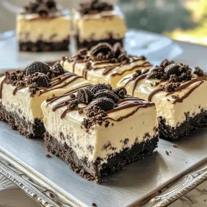 - 24 Oreo cookies - 1/4 cup unsalted butter - 1 (8 oz) package cream cheese - 1/2 cup granulated sugar - 1 teaspoon pure vanilla extract - 1 (8 oz) tub of whipped topping - 1/2 cup chocolate sauce When making No Bake Oreo Cheesecake Dream Bars, the ingredients are key. The 24 Oreo cookies form the base and add rich flavor. You need 1/4 cup of unsalted butter to bind the crust together. For the filling, use 1 (8 oz) package of softened cream cheese for a creamy texture. Add 1/2 cup of granulated sugar to sweeten the cheesecake. The 1 teaspoon of pure vanilla extract brings warmth to the mix. Fold in 1 (8 oz) tub of whipped topping for lightness. Lastly, the 1/2 cup of chocolate sauce gives a sweet finish. - Extra Oreo cookies for garnish - 2 tablespoons Oreo crumbs Garnishes can enhance your bars. Extra Oreo cookies on top make them look pretty. The 2 tablespoons of Oreo crumbs add texture and flavor. - Servings: 9 bars This recipe yields 9 bars. Each bar is a perfect treat for sharing. Enjoy them at a party or as a sweet snack at home. To start, you need to crush 24 Oreo cookies into fine crumbs. I love using a food processor for this; it makes the task quick and easy. If you don’t have one, you can place the cookies in a bag and crush them with a rolling pin. Once you have your crumbs, mix them with 1/4 cup of melted unsalted butter. Stir until all the crumbs feel moist. This mixture will become your crust. Next, take an 8 oz package of cream cheese. Make sure it’s softened at room temperature. In a large bowl, beat the cream cheese until it’s smooth and creamy. Then, add in 1/2 cup of granulated sugar and 1 teaspoon of pure vanilla extract. Mix these ingredients well until they are fully combined. The filling should taste sweet and rich. Now comes the fun part! Gently fold in an 8 oz tub of whipped topping. Use a spatula to keep the mixture light and fluffy. This is key to a creamy texture. Next, add in 1/2 cup of crushed Oreo cookies to the filling. Stir just enough to mix it in, then spread the cheesecake filling over your chilled crust. Use a spatula to smooth out the top. Cover the dish tightly with plastic wrap and refrigerate for at least 4 hours. This chilling time allows the filling to set. Once it's firm, you can cut it into bars. Enjoy your delicious No Bake Oreo Cheesecake Dream Bars! To make a great crust, press the mixture firmly into the dish. This gives it the strength it needs. A good crust keeps the filling from leaking. Make sure to chill it for at least 15 minutes. This helps it set and hold its shape. Use cream cheese that is at room temperature. This makes it easier to mix. Beat it until it's smooth and creamy. When you add sugar and vanilla, mix well until combined. Fold in the whipped topping slowly. This keeps the filling light and fluffy, which is key to a good texture. For an extra touch, garnish with more Oreos on top. Drizzle chocolate sauce over each bar for added sweetness. These bars taste best when served cold. The chill makes them refreshing and perfect for any occasion. {{image_4}} You can change the flavor of your cheesecake bars. Try making peanut butter Oreo cheesecake bars. Just add 1/2 cup of creamy peanut butter to the cream cheese filling. This twist adds a rich, nutty taste. You can also make mint Oreo cheesecake bars. Use mint-flavored Oreo cookies in the crust. Add a few drops of mint extract to the filling. Both flavors give a fun new spin. Toppings can make your bars even better. You can add whipped cream or chocolate shavings on top. This gives a nice, creamy contrast. Fresh fruit like strawberries or blueberries can add color and taste. These fruits also add a healthy touch. You can get creative with toppings to match your mood. You can serve these bars in different ways. Instead of cutting them into bars, try using individual cups. Just layer the crust and filling in small cups for a cute dessert. Another fun option is to layer the cheesecake in a trifle dish. This creates a beautiful dessert display. It’s perfect for parties or special occasions. To keep your No Bake Oreo Cheesecake Dream Bars fresh, store them in an airtight container. This keeps the bars moist and tasty. They can last up to five days in the fridge. Be sure to check for any signs of spoilage before serving. If they smell off or look different, it’s best to toss them. You can freeze these cheesecake bars for longer storage. To do this, cut the bars into pieces and wrap each piece tightly in plastic wrap. Then, place them in a freezer-safe container or bag. They can last up to three months in the freezer. When you're ready to enjoy, take them out and let them sit at room temperature for about 30 minutes before serving. This will help them soften up nicely. After refrigeration or freezing, serve the bars chilled for the best taste. If they look a bit flat, simply re-garnish them. Add extra Oreo crumbs or a drizzle of chocolate sauce on top. This makes them look fresh and fancy again. You can also use a chilled platter to enhance their appeal. Enjoy your delightful treat! Yes, you can use reduced-fat cream cheese. However, it may change the texture and taste. The bars may be less creamy and a bit denser. Full-fat cream cheese gives a richer flavor and creamier feel. If you prefer lighter options, reduced-fat works but expect a different treat. These bars will last about 5 days in the fridge. Make sure to cover them well. Use plastic wrap or an airtight container to keep them fresh. After a few days, the texture may change slightly, but they will still taste great! You can make these bars a day or two ahead of time. This makes them perfect for parties or gatherings. Just prepare them, chill them, and serve when needed. They need at least 4 hours to set in the fridge, so plan accordingly. Enjoy the ease of making them ahead! This blog post covered making delicious Oreo cheesecake bars. We discussed the key ingredients, including Oreo cookies, cream cheese, and whipped topping. You learned how to prepare the crust and creamy filling, along with tips to achieve the perfect texture. Variations, storage tips, and FAQs provided extra insight. These bars are not just tasty but also easy to customize. Enjoy experimenting with flavors and garnishes. For a fun treat, try these out at your next gathering!