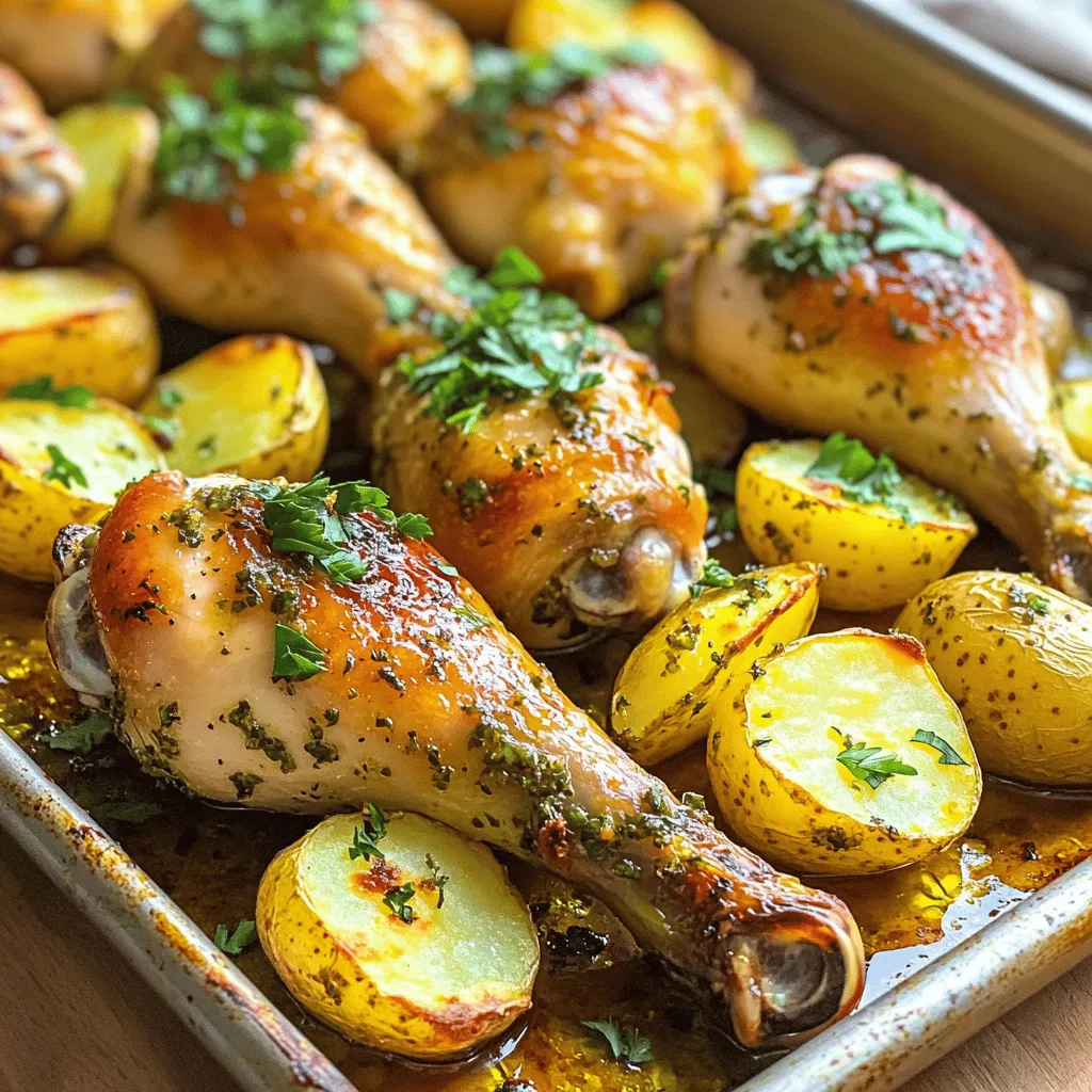 - 8 chicken drumsticks - 1 lb baby potatoes, halved - 4 cloves garlic, minced - 2 tablespoons fresh rosemary, finely chopped - 2 tablespoons fresh thyme, finely chopped Chicken drumsticks are the star of this dish. They cook up juicy and flavorful. Baby potatoes add a nice texture and soak up all the savory goodness. Fresh garlic, rosemary, and thyme bring bright flavors to the mix. Together, they create a simple yet tasty meal. - 1 tablespoon olive oil - 1 tablespoon fresh lemon juice - 1 teaspoon smoked paprika - Salt and freshly ground black pepper to taste The marinade is easy to make. Olive oil and lemon juice help the herbs stick to the chicken. Smoked paprika adds a warm flavor. Salt and pepper enhance everything. This blend makes each bite delicious. - Fresh parsley, chopped Chopped parsley adds a pop of color. It also gives a fresh taste to the dish. Sprinkle it on top right before serving. It makes the meal look even more inviting and bright. 1. First, preheat your oven to 425°F (220°C). This temperature helps the chicken cook well. 2. In a large bowl, mix minced garlic, chopped rosemary, chopped thyme, olive oil, lemon juice, smoked paprika, salt, and pepper. Stir it all together to make a tasty marinade. 3. Add the chicken drumsticks to the bowl. Make sure each drumstick is coated well in the marinade. Let them sit for about 15 minutes. This helps the chicken soak up the flavors. 1. While the chicken marinates, take another bowl and place the halved baby potatoes in it. 2. Drizzle some olive oil over the potatoes. Add salt and pepper. Toss the potatoes until they are fully coated. This step ensures each potato is seasoned well. 1. Grab a large sheet pan and arrange the marinated chicken drumsticks next to the seasoned baby potatoes. Make sure there is space between them for even cooking. 2. Place the sheet pan in the preheated oven. Bake for 35-40 minutes. Check that the chicken reaches an internal temperature of 165°F (75°C). The potatoes should be tender and golden brown. 3. For extra crispy skin, switch the oven to broil for the last 2-3 minutes. Watch closely to avoid burning. 4. Once done, take the sheet pan out of the oven. Let it rest for 5 minutes. Before serving, sprinkle chopped parsley over the chicken and potatoes for a fresh touch. To get that perfect crispy skin on your chicken drumsticks, broiling is key. After baking, switch your oven to broil for the last 2-3 minutes. This high heat will help the skin turn golden and crunchy. Keep a close watch while broiling. It can go from perfect to burnt very quickly! Marinating your chicken helps infuse great flavor. Let the drumsticks sit for at least 15 minutes. This allows the garlic and herbs to soak in. For even more flavor, you can marinate them for a few hours or overnight in the fridge. Just remember to bring them back to room temperature before cooking. To ensure the chicken is fully cooked, use a meat thermometer. The internal temperature should reach 165°F (75°C). This checks that the meat is safe to eat. If you don’t have a thermometer, cut into a drumstick. The juices should run clear, with no pink meat. Always let the chicken rest for about 5 minutes after cooking. This helps keep it juicy and flavorful. {{image_4}} You can change up the vegetables in this dish. Try using carrots, bell peppers, or zucchini. Each veggie adds its own flavor and texture, making the meal even more fun. If you want to swap chicken drumsticks, use bone-in chicken thighs or even breasts. Just remember that cooking time may change. Thighs may take a bit longer while breasts may cook faster. Adding different herbs and spices can boost the flavor. You might try dill, basil, or even a pinch of cayenne for heat. These changes can give the dish a new twist, keeping it exciting. You could also add a splash of balsamic vinegar or honey for added sweetness. These little changes can really elevate your meal. If you want to try a different cooking method, use a slow cooker. Just mix everything in the pot and let it cook on low for 6-8 hours. The chicken will be tender and full of flavor. An air fryer is another great option. Cook the chicken drumsticks and potatoes at 380°F for about 25-30 minutes. This will give you crispy skin and perfectly cooked potatoes in less time. You can keep leftover garlic herb chicken drumsticks and potatoes in the fridge. Place them in an airtight container. They will last for about 3 to 4 days. Make sure to let the food cool down before sealing it. This helps maintain freshness and flavor. To freeze the chicken and potatoes, let them cool completely. Place them in freezer-safe bags or containers. Remove as much air as possible to prevent freezer burn. They will last for about 2 to 3 months in the freezer. When ready to eat, simply thaw them in the fridge overnight. The best way to reheat your chicken and potatoes is in the oven. Preheat your oven to 350°F (175°C). Place the food on a baking sheet and cover it with foil. Heat for about 20 minutes or until warm. You can also use a microwave, but the oven keeps things crispy. Enjoy your meal! To know if your chicken is cooked, check its internal temperature. The safe temperature is 165°F (75°C). Use a meat thermometer for accuracy. Insert it into the thickest part of the drumstick. Avoid hitting the bone, as it can give a false reading. When the chicken reaches this temperature, it's safe to eat. Yes, you can use bone-in chicken thighs instead of drumsticks. They may need a bit more cooking time. Aim for about 40-45 minutes in the oven. Just ensure they also reach the internal temperature of 165°F (75°C). The thighs will have a richer flavor and stay juicy. For sides, consider serving a simple green salad. Steamed broccoli or sautéed green beans also work well. For a heartier meal, add crusty bread or a grain like quinoa. These sides balance the chicken's flavors and add texture to your meal. Enjoy your delicious dish! This blog post shared how to make a delicious garlic herb chicken with baby potatoes. We covered the key ingredients, easy steps to prepare, and tips for crispy skin. You learned about variations to keep your meals exciting and how to store leftovers safely. Cooking can be fun and simple! Remember, practice helps you improve. Enjoy creating tasty meals for yourself and others. Your kitchen adventures await!