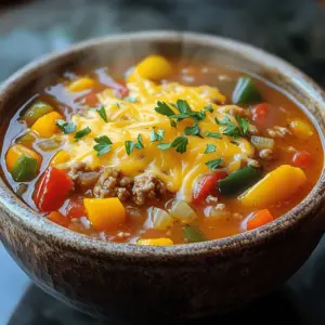 To create a tasty slow cooker stuffed pepper soup, gather these simple ingredients: - 4 large bell peppers (choose a mix of red, yellow, or green for color), diced - 1 pound ground turkey or lean beef, cooked and drained - 1 medium onion, finely chopped - 2 cloves garlic, minced - 1 can (14 oz) diced tomatoes with juices - 4 cups vegetable broth or chicken broth - 1 cup cooked quinoa or fluffy rice - 1 tablespoon Italian seasoning blend - 1 teaspoon smoked paprika for depth of flavor - Salt and freshly cracked black pepper to taste - 1 cup shredded cheese (cheddar or Monterey Jack), for topping - Fresh parsley or basil leaves, finely chopped, for garnish These ingredients bring color and flavor to your soup. The bell peppers add a sweet crunch. Ground turkey or lean beef gives it heartiness. Onion and garlic create a fragrant base. Diced tomatoes and broth form a rich, savory liquid. Quinoa or rice adds texture and makes the soup filling. Seasoning is key. The Italian blend and smoked paprika enhance the soup’s taste. Finally, top it with shredded cheese and fresh herbs for a beautiful finish. Enjoy the process of gathering these ingredients, as each one plays an important role in creating a flavorful dish. To start, you need to cook the meat. I like using ground turkey for a leaner choice. In a medium skillet, heat the pan over medium heat. Add the ground turkey and cook for about 5 to 7 minutes. Stir it often until it turns brown. Once it's cooked, drain off any fat. Set the meat aside on a plate to cool. Next, let’s sauté the onions and garlic. In the same skillet, if needed, add a splash of olive oil. Then, add the chopped onion and minced garlic. Sauté them over medium heat for about 3 to 4 minutes. You’ll know they are ready when the onion smells nice and turns translucent. Remove the skillet from heat. Now, it’s time to mix everything in the slow cooker. Start by adding the diced bell peppers. You can choose colorful ones like red, yellow, or green. Next, add the browned meat and the sautéed onions and garlic. Then, pour in a can of diced tomatoes with their juices and your choice of broth. I like using vegetable broth, but chicken broth works too. Don’t forget to add cooked quinoa or rice for texture. Sprinkle in the Italian seasoning and smoked paprika. Finally, add salt and pepper to taste. Stir everything together until well mixed. This will make sure each bite is full of flavor. Now it's time to cook the soup. You have two options for cooking. If you want a slow and steady approach, set the slow cooker to low for 6 to 8 hours. If you're short on time, you can set it to high for 3 to 4 hours. When the cooking time is up, the bell peppers should be soft. The flavors will blend beautifully. About 10 minutes before serving, stir the soup again. Taste it and adjust the salt and pepper if needed. This small step makes a big difference for flavor. To boost the taste of your soup, you can adjust the seasonings. If you like it spicy, add a pinch of red pepper flakes. For more depth, try a splash of balsamic vinegar. Always taste your soup before serving. This step helps you catch any bland spots. You want a well-balanced flavor that excites your palate. When serving, choose rustic bowls for a cozy feel. You can also use clear bowls to show off the colorful layers. A sprinkle of fresh herbs on top adds a nice touch. Fresh parsley or basil makes your dish pop. A sprinkle of cheese on top will melt beautifully in the warm soup. This enhances both taste and look. Using a slow cooker with a timer is very helpful. Look for one that has a locking lid to prevent spills. A large spoon is essential for mixing all your ingredients well. A cutting board and a sharp knife make prep easy. Having a ladle will help serve the soup without mess. These tools make cooking fun and smooth! {{image_4}} You can switch up the meat in this soup. Using chicken gives a lighter taste. Cooked, shredded rotisserie chicken works well. For a plant-based option, use lentils or chickpeas. They add protein and fiber without meat. You can also try ground pork or sausage for a richer flavor. Just remember to adjust the seasoning to match the meat choice. Feel free to mix in some beans or corn for extra texture. Black beans or kidney beans complement the flavors nicely. If you want a heartier soup, add corn for sweetness and crunch. You can also swap out bell peppers for zucchini or carrots if you prefer. Just chop them into small pieces. This gives you a chance to use what you have on hand. Do you like spice? Add jalapeños or crushed red pepper for a kick. Just be careful with the amount you use. Start with a little and taste as you go. If you want this soup to be kid-friendly, skip the spicy additions. Instead, focus on herbs for flavor, like oregano or basil. This way, you can please everyone at the table. To store your leftover soup, use airtight containers. Glass or plastic containers work great. Make sure to cool the soup first before sealing it. This helps keep it fresh. Store it in the fridge for up to 3-4 days. If you want to keep it longer, freezing is a good option. For freezing, let the soup cool completely. Then, pour it into freezer-safe bags or containers. Remove as much air as possible to prevent freezer burn. Label the bags with the date. You can freeze the soup for up to 3 months. To reheat, thaw it in the fridge overnight. Heat on the stove over medium heat until warm. Stir often to avoid sticking. There are many fun ways to reuse leftover soup. You can make a tasty pasta dish by adding cooked pasta. It can also be a filling for baked potatoes. Another idea is to blend it for a creamy soup. You can add some cream or cheese for a richer taste. Get creative and enjoy your leftovers! It takes about 6-8 hours on low or 3-4 hours on high. The slow cooker works magic here. The longer cooking time allows flavors to blend well. You want the bell peppers to be soft and tasty. Be sure to check for doneness. The soup is ready when everything is hot and the peppers are tender. Yes, you can make this soup ahead of time. This soup stores well in the fridge for up to five days. Just keep it in an airtight container. When you are ready to eat, reheat it on the stove or microwave. Stir it well to mix the flavors again. You may need to add a splash of broth to loosen it up. Absolutely! To make the soup vegetarian, swap the meat for plant-based options. You can use lentils, beans, or even chopped mushrooms. These add great texture and flavor. Also, make sure to use vegetable broth instead of chicken broth. This way, you still keep all the tasty goodness without meat. This blog post covered how to make a delicious Slow Cooker Stuffed Pepper Soup. We discussed the key ingredients, step-by-step instructions, and helpful tips for enhancing flavor. You can make it your own by using different proteins or adding vegetables. For storage, I shared how to keep leftovers fresh and even repurpose them. In closing, this recipe is fun and easy. It allows you to be creative in the kitchen. Enjoy crafting your perfect bowl of soup!