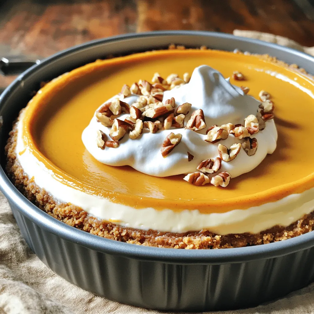 To make this no-bake pumpkin cheesecake, you will need: - 1 ½ cups graham cracker crumbs - ½ cup unsalted butter, melted - 1 cup cream cheese, softened to room temperature - 1 cup canned pumpkin puree - ¾ cup powdered sugar - 1 teaspoon pure vanilla extract - 1 teaspoon pumpkin pie spice - 1 cup heavy whipping cream - ½ cup chopped pecans (optional, for garnish) - Whipped cream (optional, for serving) You can easily swap ingredients to suit your taste. - For the crust, use crushed cookies like Oreos for a twist. - If you want a lighter filling, use low-fat cream cheese. - You can replace pumpkin puree with sweet potato puree for a different flavor. - Maple syrup can replace powdered sugar for a more natural sweetness. - If you do not have heavy cream, try using coconut cream for a dairy-free option. Choosing the right brands can make a big difference. - For cream cheese, I like Philadelphia. It gives a smooth texture. - Libby’s is my go-to for canned pumpkin puree. It has rich flavor. - Use Land O’Lakes unsalted butter for the best taste in the crust. - For heavy cream, I recommend Horizon Organic for a creamy filling. - If you choose pecans, look for Fisher or Diamond, as they are fresh and delicious. 1. In a medium bowl, combine 1 ½ cups of graham cracker crumbs and ½ cup of melted unsalted butter. Mix until it looks like wet sand. 2. Press this mixture firmly into the bottom of a 9-inch springform pan. Make sure it’s even. 3. Place the pan in the refrigerator while you make the filling. This helps the crust set well. 1. In a large mixing bowl, beat 1 cup of softened cream cheese with an electric mixer. Mix for about 2-3 minutes until it's smooth. 2. Add in 1 cup of canned pumpkin puree, ¾ cup of powdered sugar, 1 teaspoon of pure vanilla extract, and 1 teaspoon of pumpkin pie spice. Mix on low speed until silky smooth. 3. In a separate bowl, whip 1 cup of heavy cream. Use an electric mixer until soft peaks form, which takes about 3-4 minutes. 4. Carefully fold the whipped cream into the pumpkin mixture with a spatula. Mix until it is light and airy. 1. Pour the pumpkin cheesecake filling over the chilled crust in the springform pan. Smooth the top with a spatula. 2. Cover the pan with plastic wrap and refrigerate for at least 4 hours, or overnight if you can wait. This allows the cheesecake to set properly. 3. Once set, gently remove the outer walls of the springform pan. 4. For a nice touch, sprinkle the top with ½ cup of chopped pecans and serve with whipped cream if you like. To get the best texture, mix the cream cheese well. Beat it until it is smooth. This takes about 2-3 minutes. Add the pumpkin puree slowly. Mix on low speed to keep it creamy. Folding in the whipped cream is key. Do this gently to keep air in the mix. Serve your cheesecake chilled for the best taste. Use a sharp knife to cut clean slices. Top each slice with whipped cream for a fun touch. Chopped pecans add crunch and flavor. For extra flair, sprinkle pumpkin pie spice or drizzle caramel sauce on top. Do not skip chilling the cheesecake. It needs at least 4 hours to set. Overmixing the whipped cream will make it grainy. Avoid using warm cream cheese; it should be at room temperature. Lastly, be careful when pressing the crust; it must be firm but not too thick. {{image_4}} You can make a gluten-free crust. Use gluten-free graham crackers instead of regular ones. Crush them the same way. Mix with melted butter, and press it into the pan. Your cheesecake will still taste great! Spice it up! You can add more flavors. Try adding cinnamon or nutmeg to the filling. You can also use maple syrup for a sweeter taste. For toppings, consider chocolate shavings or caramel drizzle. Chopped nuts like pecans or walnuts also add texture and flavor. Make mini cheesecakes for a fun twist! Use small cups or muffin tins. Just adjust the crust and filling amounts. Each mini cheesecake will be a perfect single serving. They are great for parties or gatherings. Plus, they look cute on any dessert table! To keep your no-bake pumpkin cheesecake fresh, store it in the fridge. Place it in an airtight container or cover it tightly with plastic wrap. This helps prevent it from absorbing any strong fridge odors. Always check for any signs of spoilage before serving. You can freeze this cheesecake for later enjoyment. First, let it chill completely in the fridge. Then, wrap the cheesecake tightly in plastic wrap. After that, wrap it again in aluminum foil to protect it from freezer burn. For best taste, eat it within three months of freezing. In the fridge, your cheesecake will stay good for about 3 to 5 days. If you freeze it, let it thaw overnight in the fridge before serving. This helps the texture stay nice and creamy. Always serve it cold for the best flavor. No-bake pumpkin cheesecake lasts about 3 to 5 days in the fridge. Store it in an airtight container to keep it fresh. If you want to enjoy it longer, consider freezing it. You can use fresh pumpkin! Just cook and puree it first. Make sure it is smooth and not too watery. Canned pumpkin is often more convenient, but fresh gives a nice flavor. If you need a substitute for heavy cream, try coconut cream or whipped topping. For a lighter option, use half-and-half. Each will change the texture and taste slightly, so choose based on your needs. - Can I make this cheesecake dairy-free? Yes, use dairy-free cream cheese and coconut cream for the filling. - Is it safe to leave it out overnight? No, it's best to keep it refrigerated. - Can I add chocolate to the recipe? Yes, adding chocolate chips can enhance the flavor! This article covered how to make no-bake pumpkin cheesecake. We explored key ingredients, step-by-step instructions, and helpful tips. You learned about ingredient swaps and brands that work well. With storage info, you can keep your cheesecake fresh and tasty. In the end, making this dessert is fun and easy. Just follow the steps and suggestions. Enjoy your cheesecake creation and share it with others!