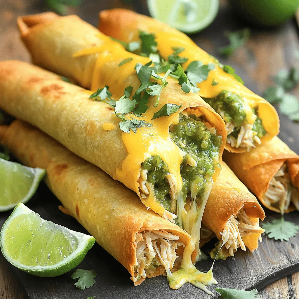 - 1.5 lbs boneless, skinless chicken breasts - 1 cup salsa verde - 1 teaspoon ground cumin - 1 teaspoon garlic powder - 1 teaspoon onion powder - 1/2 teaspoon chili powder - Salt and black pepper to taste - 1 cup shredded cheese (sharp cheddar or zesty pepper jack) - 12 small corn tortillas The main ingredients blend to create a flavorful filling. The chicken cooks in the salsa verde. The spices add depth and warmth. You can choose cheese based on your taste. Sharp cheddar adds a rich flavor. Pepper jack gives a spicy kick. - Cooking spray or olive oil for frying - Fresh cilantro for garnish - Lime wedges for serving Optional ingredients elevate your taquitos. Using cooking spray or olive oil helps achieve a crispy texture. Fresh cilantro adds brightness and freshness. Lime wedges offer a zesty finish. You can serve them to enhance every bite. - Place chicken breasts in the slow cooker. - Mix salsa verde with ground cumin, garlic powder, onion powder, chili powder, salt, and pepper. Pour this mix over the chicken. - Set the slow cooker on low for 6-7 hours or high for 3-4 hours. - Once cooked, shred the chicken with two forks. - Preheat a skillet over medium heat and grease it lightly. - Take a corn tortilla, add a few spoonfuls of chicken, and sprinkle cheese. Roll it tightly. - Fry the taquitos for 2-3 minutes on each side until golden brown. - Drain excess oil on paper towels before serving. - How to achieve the crispiest texture: To get that perfect crunch, start by using small corn tortillas. Make sure they are fresh, as older tortillas can tear easily. When frying, heat your oil well. If the oil is not hot enough, the taquitos will absorb too much oil and become soggy. Fry them in batches, and do not crowd the pan. This ensures even cooking and crispiness. - Tips for rolling tortillas without tearing: Warm your tortillas before rolling. You can do this by placing them in a dry skillet for a few seconds. This makes them more flexible. When you add the filling, don’t overstuff the tortillas. A few spoonfuls of chicken and cheese is enough. Start rolling from one end tightly but gently. This helps keep your filling in place and avoids tears. - Additional spices to consider: Besides the spices in the recipe, you can add smoked paprika for a smoky kick. A pinch of cayenne pepper can bring heat if you like spice. A touch of lime zest adds a fresh flavor that brightens the dish. - Using different salsas or sauces: Get creative with salsas! Try mango salsa for a sweet twist, or a smoky chipotle salsa for added depth. You can even use a creamy sauce like avocado crema to enhance the flavor and texture. Each option will give your taquitos a unique taste that you can enjoy. {{image_4}} You can switch the chicken for pork or beef. These meats work well with salsa verde. Pork shoulder cooks nicely in the slow cooker. Beef chuck is another great choice. Both meats bring rich flavors to your taquitos. Just remember to adjust cooking times. You want them tender enough to shred easily. If you prefer a meat-free meal, use beans or mushrooms. Black beans or pinto beans add protein and texture. Simply mash them slightly before mixing with salsa verde. For mushrooms, try using portobello or cremini. Cook them until tender, then mix them with the sauce. Your taquitos will still be delicious and filling. Want to make it spicy? Add jalapeños to the filling. You can mix in fresh jalapeños or pickled ones. They bring a nice kick to each bite. You can also toss in fresh veggies like bell peppers or corn. This adds crunch and flavor. Customize your heat level to suit your taste. After enjoying your taquitos, store any leftovers in the fridge. Place them in an airtight container. This keeps them fresh and tasty. The taquitos stay good in the fridge for about 3 to 4 days. Be sure to check for any signs of spoilage before eating. If you want to save some for later, freezing is a great option. First, let the taquitos cool down completely. Then, place them in a single layer on a baking sheet. Freeze them for about an hour. Once frozen, transfer the taquitos to a freezer-safe bag. This method helps prevent them from sticking together. When you're ready to eat, take out the frozen taquitos. Reheat them in the oven at 400°F (200°C) for about 15-20 minutes. This will make them hot and crispy again. You can also use an air fryer for quicker results. Enjoy your delicious taquitos anytime! Can I make these taquitos in an oven? Yes, you can bake taquitos. Preheat your oven to 425°F. Lay the rolled taquitos seam-side down on a baking sheet. Lightly spray them with cooking spray for a crisp texture. Bake for 15 to 20 minutes until golden brown. How do I prevent the tortillas from tearing? To avoid tearing, warm the tortillas first. You can heat them in a skillet for about 30 seconds on each side. This softens them. You can also wrap them in a damp paper towel and microwave for 30 seconds. This will make them flexible. What can I serve with taquitos? Serve taquitos with fresh salsa, guacamole, or sour cream. A side of rice and beans pairs nicely too. You can also add a simple salad for a fresh crunch. Lime wedges add a nice zest right before serving. We covered how to make delicious taquitos using simple ingredients and steps. From preparing the chicken to frying them until crispy, it's easy to create a great meal. Remember, you can customize these taquitos with different proteins or toppings to suit your taste. Don't forget about storage tips to enjoy your leftovers later. Now, get ready to impress your friends and family with your taquito skills. Happy cooking!