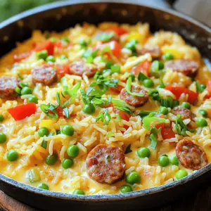 - 1 lb smoked sausage, sliced into coins - 1 cup long-grain white rice - 2 cups chicken broth - 1 cup heavy cream - 1 medium onion, diced - 2 cloves garlic, minced - 1 red bell pepper, diced - 1 green bell pepper, diced - 2 tablespoons Cajun seasoning - 1 teaspoon paprika - 1 cup frozen peas - 2 tablespoons olive oil - Salt and pepper to taste - Chopped green onions for garnish - Choosing the best sausage for flavor: Look for a good quality smoked sausage. It adds depth to the dish. A sausage with a spicy kick enhances the Cajun flavors well. - Selecting fresh vegetables: Always pick firm bell peppers and a crisp onion. Fresh veggies boost the taste and texture. Look for bright colors, as they indicate ripeness. - Importance of good quality chicken broth: Use low-sodium or homemade chicken broth for better control over saltiness. A rich broth adds layers of flavor to the creamy sauce, making every bite satisfying. First, heat two tablespoons of olive oil in a large skillet over medium heat. You want the oil to shimmer. Add one pound of sliced smoked sausage. Cook for 5 to 7 minutes. Stir it often so it browns evenly. Look for a nice, crispy edge. Once the sausage is browned, remove it from the skillet and set it on a plate for later. In the same skillet, add one medium onion, diced, two cloves of minced garlic, and one red bell pepper and one green bell pepper, both diced. Cook this mix for about 5 minutes. You want the onions to turn translucent and the peppers to soften. Stir frequently to keep them from burning. Now, add one cup of rinsed long-grain white rice to the skillet. Mix in two tablespoons of Cajun seasoning and one teaspoon of paprika. Cook this for 2 to 3 minutes. This step helps the rice toast a little. Stir constantly so the spices coat the rice well. Next, return the browned sausage to the skillet. Carefully pour in two cups of chicken broth and one cup of heavy cream. Stir gently to combine all the ingredients. Make sure everything is mixed well. Increase the heat to bring the mixture to a gentle boil. Once it boils, lower the heat to low. Cover the skillet with a lid. Let it simmer for 15 to 20 minutes. This timing is key for perfect rice texture. Check that the rice is tender and most of the liquid is absorbed. After the rice has cooked, stir in one cup of frozen peas. This adds color and sweetness. Let them heat through for about 5 minutes, uncovered, while stirring occasionally. Taste the dish and adjust with salt and pepper as needed. Remove the skillet from heat and let it rest for a few minutes before serving. - Rinse the rice before cooking. This helps remove excess starch. Starch can make rice sticky. - Cook the rice for the right amount of time. For long-grain rice, 15-20 minutes works well. - Add more spices! Try a pinch of cayenne for extra heat. It brings out the Cajun flavor. - Fresh herbs can boost the taste. Chopped parsley or thyme pairs well with this dish. - Serve the dish straight from the skillet. It looks rustic and inviting to guests. - Garnish with chopped green onions. They add color and a fresh taste. You can also sprinkle some paprika on top for a pop of color! {{image_4}} You can change up the veggies in this dish. If you want to skip bell peppers, try zucchini or corn. These options add great flavor and texture. Seasonal vegetables can also brighten your skillet. Use fresh tomatoes in summer or butternut squash in fall. These swaps keep your meal fun and fresh. This skillet works well with other proteins too. You can use diced chicken or shrimp instead of sausage. Cook them until they are just done before adding other ingredients. If you want a meatless meal, swap in chickpeas or lentils. These plant-based proteins make it hearty without meat. Adjusting the spice level can suit your taste. If you prefer less heat, use less Cajun seasoning. You can also mix in some Italian herbs for a milder flavor. If you love spice, add cayenne pepper or extra paprika. Play with the seasoning to make it just right for you. To keep your creamy Cajun sausage rice skillet safe, store it in the fridge. Wait for the dish to cool before placing it in an airtight container. Proper cooling helps prevent bacteria growth. This dish lasts about 3 to 4 days in the fridge. Just make sure to check for any off smells or changes in texture before eating. You can freeze this dish for later meals. First, let it cool completely. Then, transfer it to a freezer-safe container. It's best to use it within 2 to 3 months for the best flavor. When you're ready to eat, thaw it in the fridge overnight. To reheat, use a skillet or microwave, adding a splash of chicken broth for moisture. For the best taste when reheating, use a skillet on medium heat. Stir it often to avoid burning. You can also microwave it; just heat in short bursts. If it seems dry, add a little chicken broth or cream. This keeps the creamy texture and flavor intact. Enjoy your meal as if it were fresh! The cooking time for this dish is about 40 minutes. You will spend 10 minutes prepping ingredients. Cooking takes about 30 minutes. This includes browning the sausage, cooking the veggies, and simmering the rice. Yes, you can prepare this dish in advance. Cook it fully and let it cool. Store it in an airtight container in the fridge for up to three days. You can also prep the veggies and sausage ahead of time to save effort on busy days. This dish pairs well with several sides. You can serve a simple green salad for a fresh touch. Crusty bread is also great for soaking up the creamy sauce. Consider some roasted vegetables for added nutrition and flavor. To make it milder for kids, use less Cajun seasoning. You can start with half the amount. Also, add a bit of sugar to balance the heat. Another option is to add more cream. This will help tone down the spice. Yes, this dish is great for leftovers. The flavors meld together over time. Store any leftovers in the fridge for up to three days. Reheat gently on the stove or in the microwave. Add a splash of cream or broth to keep it creamy. This blog post detailed how to make a creamy Cajun sausage rice skillet. We covered key ingredients, cooking steps, and tips for perfect rice. You learned how to choose quality ingredients and adjust spice levels. Variations allowed for different proteins and vegetables, while storage tips ensure great leftovers. In cooking, small choices make big differences. Enjoy creating your own delicious version!