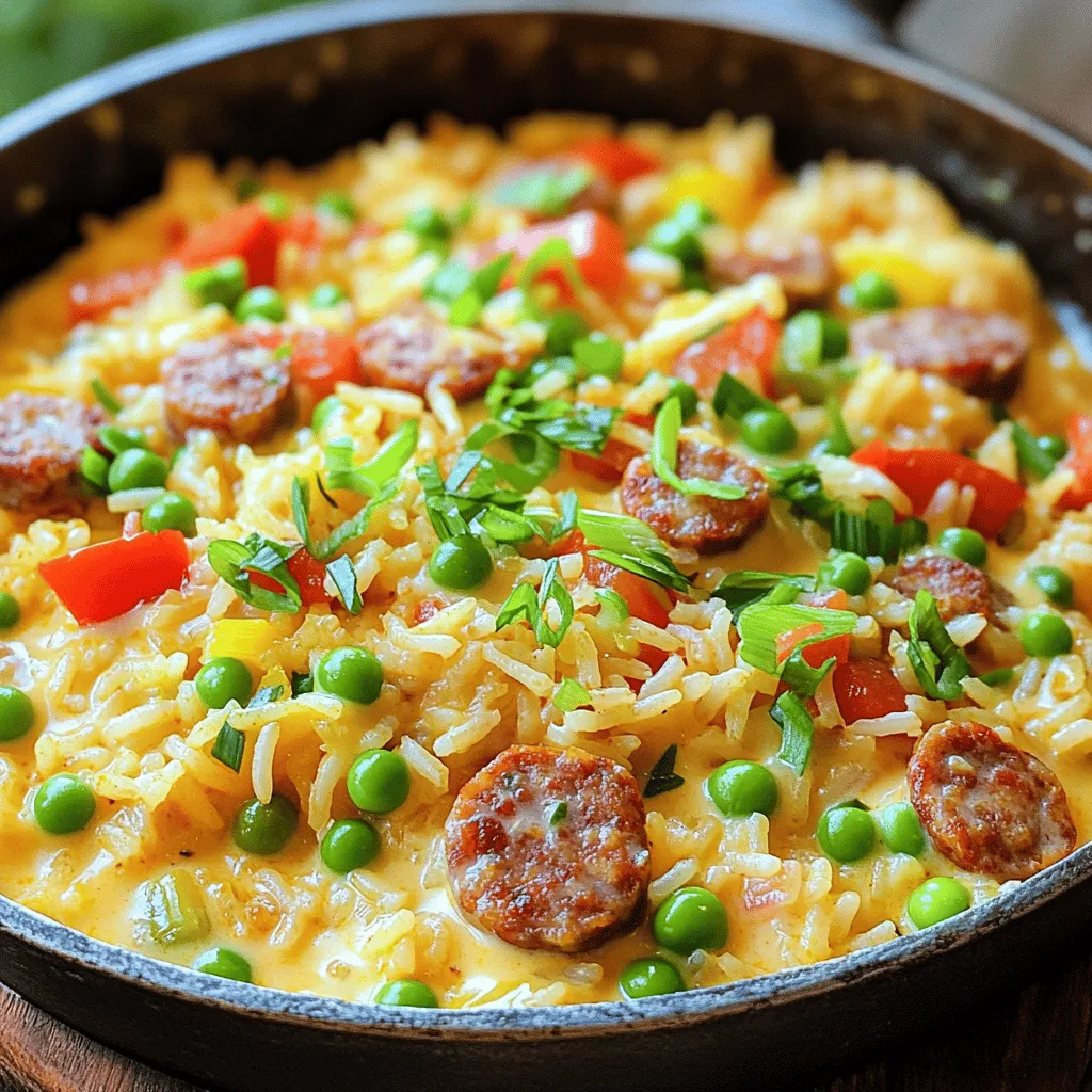 - 1 lb smoked sausage, sliced into coins - 1 cup long-grain white rice - 2 cups chicken broth - 1 cup heavy cream - 1 medium onion, diced - 2 cloves garlic, minced - 1 red bell pepper, diced - 1 green bell pepper, diced - 2 tablespoons Cajun seasoning - 1 teaspoon paprika - 1 cup frozen peas - 2 tablespoons olive oil - Salt and pepper to taste - Chopped green onions for garnish - Choosing the best sausage for flavor: Look for a good quality smoked sausage. It adds depth to the dish. A sausage with a spicy kick enhances the Cajun flavors well. - Selecting fresh vegetables: Always pick firm bell peppers and a crisp onion. Fresh veggies boost the taste and texture. Look for bright colors, as they indicate ripeness. - Importance of good quality chicken broth: Use low-sodium or homemade chicken broth for better control over saltiness. A rich broth adds layers of flavor to the creamy sauce, making every bite satisfying. First, heat two tablespoons of olive oil in a large skillet over medium heat. You want the oil to shimmer. Add one pound of sliced smoked sausage. Cook for 5 to 7 minutes. Stir it often so it browns evenly. Look for a nice, crispy edge. Once the sausage is browned, remove it from the skillet and set it on a plate for later. In the same skillet, add one medium onion, diced, two cloves of minced garlic, and one red bell pepper and one green bell pepper, both diced. Cook this mix for about 5 minutes. You want the onions to turn translucent and the peppers to soften. Stir frequently to keep them from burning. Now, add one cup of rinsed long-grain white rice to the skillet. Mix in two tablespoons of Cajun seasoning and one teaspoon of paprika. Cook this for 2 to 3 minutes. This step helps the rice toast a little. Stir constantly so the spices coat the rice well. Next, return the browned sausage to the skillet. Carefully pour in two cups of chicken broth and one cup of heavy cream. Stir gently to combine all the ingredients. Make sure everything is mixed well. Increase the heat to bring the mixture to a gentle boil. Once it boils, lower the heat to low. Cover the skillet with a lid. Let it simmer for 15 to 20 minutes. This timing is key for perfect rice texture. Check that the rice is tender and most of the liquid is absorbed. After the rice has cooked, stir in one cup of frozen peas. This adds color and sweetness. Let them heat through for about 5 minutes, uncovered, while stirring occasionally. Taste the dish and adjust with salt and pepper as needed. Remove the skillet from heat and let it rest for a few minutes before serving. - Rinse the rice before cooking. This helps remove excess starch. Starch can make rice sticky. - Cook the rice for the right amount of time. For long-grain rice, 15-20 minutes works well. - Add more spices! Try a pinch of cayenne for extra heat. It brings out the Cajun flavor. - Fresh herbs can boost the taste. Chopped parsley or thyme pairs well with this dish. - Serve the dish straight from the skillet. It looks rustic and inviting to guests. - Garnish with chopped green onions. They add color and a fresh taste. You can also sprinkle some paprika on top for a pop of color! {{image_4}} You can change up the veggies in this dish. If you want to skip bell peppers, try zucchini or corn. These options add great flavor and texture. Seasonal vegetables can also brighten your skillet. Use fresh tomatoes in summer or butternut squash in fall. These swaps keep your meal fun and fresh. This skillet works well with other proteins too. You can use diced chicken or shrimp instead of sausage. Cook them until they are just done before adding other ingredients. If you want a meatless meal, swap in chickpeas or lentils. These plant-based proteins make it hearty without meat. Adjusting the spice level can suit your taste. If you prefer less heat, use less Cajun seasoning. You can also mix in some Italian herbs for a milder flavor. If you love spice, add cayenne pepper or extra paprika. Play with the seasoning to make it just right for you. To keep your creamy Cajun sausage rice skillet safe, store it in the fridge. Wait for the dish to cool before placing it in an airtight container. Proper cooling helps prevent bacteria growth. This dish lasts about 3 to 4 days in the fridge. Just make sure to check for any off smells or changes in texture before eating. You can freeze this dish for later meals. First, let it cool completely. Then, transfer it to a freezer-safe container. It's best to use it within 2 to 3 months for the best flavor. When you're ready to eat, thaw it in the fridge overnight. To reheat, use a skillet or microwave, adding a splash of chicken broth for moisture. For the best taste when reheating, use a skillet on medium heat. Stir it often to avoid burning. You can also microwave it; just heat in short bursts. If it seems dry, add a little chicken broth or cream. This keeps the creamy texture and flavor intact. Enjoy your meal as if it were fresh! The cooking time for this dish is about 40 minutes. You will spend 10 minutes prepping ingredients. Cooking takes about 30 minutes. This includes browning the sausage, cooking the veggies, and simmering the rice. Yes, you can prepare this dish in advance. Cook it fully and let it cool. Store it in an airtight container in the fridge for up to three days. You can also prep the veggies and sausage ahead of time to save effort on busy days. This dish pairs well with several sides. You can serve a simple green salad for a fresh touch. Crusty bread is also great for soaking up the creamy sauce. Consider some roasted vegetables for added nutrition and flavor. To make it milder for kids, use less Cajun seasoning. You can start with half the amount. Also, add a bit of sugar to balance the heat. Another option is to add more cream. This will help tone down the spice. Yes, this dish is great for leftovers. The flavors meld together over time. Store any leftovers in the fridge for up to three days. Reheat gently on the stove or in the microwave. Add a splash of cream or broth to keep it creamy. This blog post detailed how to make a creamy Cajun sausage rice skillet. We covered key ingredients, cooking steps, and tips for perfect rice. You learned how to choose quality ingredients and adjust spice levels. Variations allowed for different proteins and vegetables, while storage tips ensure great leftovers. In cooking, small choices make big differences. Enjoy creating your own delicious version!