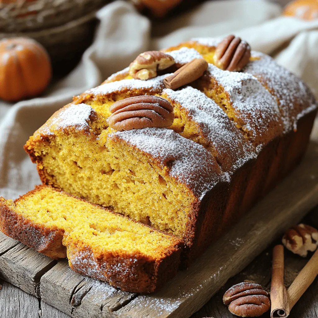 To make one-bowl pumpkin bread, you need simple, tasty items. Here is what you will need: - 1 ½ cups pumpkin puree (canned or homemade) - 1 cup granulated sugar - ½ cup brown sugar, tightly packed - ½ cup vegetable oil (or melted coconut oil) - 3 large eggs, at room temperature - 2 cups all-purpose flour - 1 teaspoon baking soda - ½ teaspoon baking powder - 1 teaspoon ground cinnamon - ½ teaspoon ground nutmeg - ½ teaspoon ground ginger - ½ teaspoon salt - ½ cup chopped walnuts or pecans (optional) - ½ cup chocolate chips (optional) These ingredients create a rich, moist bread that bursts with flavor. The pumpkin puree gives the bread its smooth texture and deep taste. The sugars add sweetness, while the spices bring warmth. You can personalize your pumpkin bread with fun add-ins. Try adding half a cup of nuts for crunch or mix in chocolate chips for extra sweetness. You can also use applesauce instead of oil for a lighter touch. If you want a different flavor, try adding dried fruits like cranberries or raisins. These will add a chewy texture and a hint of tartness. Quality matters when choosing ingredients for your pumpkin bread. Look for pure pumpkin puree without added sugars or fillers. This ensures you get the best flavor. Select fresh spices for the best taste. Spices lose their strength over time, so check the dates. For sugar, choose brands you trust. Lastly, use fresh eggs. They help your bread rise better and taste great. Using good ingredients makes your pumpkin bread even more delightful! First, set your oven to 350°F (175°C). This is the perfect temperature for baking. Next, grab a 9x5 inch loaf pan. Lightly grease it with butter or cooking spray. Make sure to coat all corners well. This helps the bread come out easily after baking. In a large mixing bowl, add 1 ½ cups of pumpkin puree. You can use canned or homemade. Then, add 1 cup of granulated sugar and ½ cup of brown sugar. Pour in ½ cup of vegetable oil. For a fun twist, you can use melted coconut oil. Whisk these ingredients together until they are smooth and creamy. This takes a minute or two. In another bowl, measure 2 cups of all-purpose flour. Add 1 teaspoon of baking soda, ½ teaspoon of baking powder, 1 teaspoon of ground cinnamon, ½ teaspoon of ground nutmeg, ½ teaspoon of ground ginger, and ½ teaspoon of salt. Sift these dry ingredients together. This helps mix the leavening agents and spices evenly. Now, gently fold the dry mix into the wet mix. Use a spatula or wooden spoon. Stir until just combined. It’s okay if some lumps remain. Avoid overmixing; this keeps the bread light. If you want extra flavor, fold in ½ cup of chopped walnuts or pecans and/or ½ cup of chocolate chips. These are optional but add great texture. Now, pour the batter into your prepared loaf pan. Smooth the top with a spatula. Bake in the preheated oven for 55-65 minutes. To check if it’s done, insert a toothpick into the center. It should come out clean or have a few moist crumbs. Once it’s baked, let the loaf cool in the pan for about 10 minutes. After that, move it to a wire rack to cool completely. This step helps prevent sogginess. To bake great pumpkin bread, avoid some common mistakes. First, measure your ingredients correctly. Use a kitchen scale or measuring cups. Too much flour can make your bread dense. Next, don’t skip the sifting step. Sifting helps mix the dry ingredients well and adds air. Also, always check your oven temperature with an oven thermometer. Ovens can be off by a lot. If yours is too hot, your bread might burn. Moisture is key for tasty bread. Use fresh pumpkin puree for the best flavor. If using canned, choose a high-quality brand. The oil you choose also matters. Vegetable oil keeps the bread moist, while coconut oil adds a nice twist. Don't forget the spices! Cinnamon, nutmeg, and ginger add warmth. If you want extra flavor, try adding more spices than the recipe calls for. Mixing your batter correctly is vital. After combining wet and dry ingredients, mix gently. Overmixing can make the bread tough. You want to see a few lumps; that’s okay! If you add nuts or chocolate chips, fold them in slowly. This helps keep the batter light and fluffy. When you pour the batter into the pan, smooth the top with a spatula for even baking. This helps your bread rise evenly too. {{image_4}} You can customize your pumpkin bread with nuts or seeds. I love using walnuts or pecans. They add a nice crunch. Just chop them into small pieces. You can also try sunflower seeds or pumpkin seeds for a different twist. Add about ½ cup to your batter. Mix them in gently for an even spread. If you want to skip the chocolate, there are many tasty options. Try adding dried fruit like cranberries or raisins. They give a sweet burst with each bite. You can also add spices like allspice or clove for warmth. For a citrus twist, stir in some orange or lemon zest. A teaspoon will brighten the flavor! You can make pumpkin bread gluten-free by changing the flour. Use a gluten-free all-purpose blend. This works well in most recipes. If you want a vegan version, replace the eggs. Use flaxseed meal mixed with water. Use 1 tablespoon of flaxseed meal and 2.5 tablespoons of water for each egg. This keeps the bread moist and fluffy. To keep your pumpkin bread fresh, wrap it tightly in plastic wrap or aluminum foil. Store it in an airtight container at room temperature. This method keeps the bread soft for up to four days. If your kitchen is warm or humid, refrigerate the bread to prevent mold. Just be aware that refrigeration can dry it out a bit. Freezing is a great option if you have extra bread. First, let the loaf cool completely. Then, slice it into pieces for easy access later. Wrap each slice in plastic wrap and place them in a freezer bag. Remove as much air as possible to prevent freezer burn. Properly wrapped, the bread can last up to three months in the freezer. When you're ready to enjoy it, just thaw slices at room temperature or pop them in the toaster for a quick warm-up. If your pumpkin bread has gone stale, don't worry! You can easily bring it back to life. Preheat your oven to 350°F (175°C). Wrap the loaf in aluminum foil and place it in the oven for about 10-15 minutes. This gentle heat will help restore moisture. If you want a crispy crust, unwrap it for the last few minutes. Enjoy your freshly revived pumpkin bread! One-Bowl Pumpkin Bread lasts about 4 to 5 days at room temperature. Store it in an airtight container. For longer storage, refrigerate it for up to a week. You can also freeze it for up to three months. Just wrap it well in plastic wrap before freezing. Yes, you can make this recipe without eggs. Use 1/4 cup of unsweetened applesauce for each egg. This will keep the bread moist and fluffy. You can also try using flaxseed meal mixed with water as a substitute. Mix 1 tablespoon of flaxseed meal with 2.5 tablespoons of water for each egg. Pumpkin bread pairs well with many toppings. Spread some cream cheese or butter for richness. You can also enjoy it with honey or maple syrup for sweetness. For a fun twist, try adding a scoop of vanilla ice cream on top. To check if the bread is done, insert a toothpick in the center. If it comes out clean or with a few moist crumbs, it is done. The top should look golden brown and slightly springy to the touch. If it still seems wet, give it a few more minutes in the oven. You now have a complete guide on making One-Bowl Pumpkin Bread. We discussed the key ingredients, step-by-step baking, useful tips, and fun variations. Each part helps you bake delicious bread without stress. Remember, fresh ingredients and quality mixing make a huge difference. Don’t hesitate to try new flavors or adaptations. Enjoy your baking journey, and savor the joy that comes with each slice of your homemade pumpkin bread!