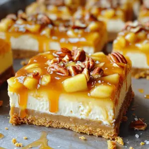 - 1 ½ cups graham cracker crumbs - ½ cup unsalted butter, melted - 2 tablespoons brown sugar - 3 (8 oz) packages cream cheese, softened - 1 cup granulated sugar - 3 large eggs - 1 teaspoon vanilla extract - 1 teaspoon ground cinnamon - 2 cups finely chopped Granny Smith apples (about 2-3 apples) - 1 cup caramel sauce (can be store-bought or homemade) These main ingredients create a rich and creamy cheesecake base. The graham cracker crumbs form a tasty crust. The cream cheese provides a smooth texture. The apples add a nice crunch and flavor. - ¼ cup chopped pecans (for added crunch) - A sprinkle of sea salt (for garnish) - Store-bought vs. homemade caramel sauce Chopped pecans bring a nutty flavor and texture. You can use store-bought caramel for ease or make your own for a fresh taste. Sea salt enhances the sweetness and adds a gourmet touch. - Mixing bowls - Electric mixer - Baking dish (9x13 inch) Having the right tools makes the process easier. A mixing bowl helps combine ingredients. An electric mixer ensures a smooth filling. A baking dish holds everything together while baking. First, preheat your oven to 325°F (160°C). This step is key for even baking. Next, grab a 9x13 inch baking dish. You can grease it with cooking spray or line it with parchment paper. If you use parchment, leave some hanging over the sides. This helps with easy removal later. In a medium bowl, mix together 1 ½ cups of graham cracker crumbs, ½ cup of melted unsalted butter, and 2 tablespoons of brown sugar. Stir until it feels like wet sand. Now, press this mixture firmly into the bottom of your prepared baking dish. Make sure it’s even and without gaps. This crust will hold everything together. In a large mixing bowl, use an electric mixer to beat 3 packages of softened cream cheese with 1 cup of granulated sugar. Mix until smooth, with no lumps. Then, add in 3 large eggs one at a time. Mix well after each egg. Follow this with 1 teaspoon of vanilla extract and 1 teaspoon of ground cinnamon. Stir until everything is well combined. Now, fold in 2 cups of finely chopped Granny Smith apples into the cream cheese mixture. Make sure to mix gently, so the apples are evenly distributed. Next, pour the cheesecake filling over the crust. Use a spatula to spread it out evenly. Drizzle 1 cup of caramel sauce on top and swirl it into the cheesecake using a knife or toothpick. This creates a beautiful marbled look. Bake the cheesecake bars in the preheated oven for about 40-45 minutes. You want the edges to be set, but the center should still jiggle a bit. This ensures a creamy texture. Once done, remove the dish from the oven and let it cool at room temperature on a wire rack. After it cools, refrigerate the dish for at least 3 hours. For the best results, chill overnight. This helps the flavors blend and makes slicing easier. When you are ready to serve, lift the bars out of the dish using the parchment overhang. Cut them into squares. For an extra treat, drizzle more caramel sauce on top of each bar. A light sprinkle of sea salt brings out the sweet flavors nicely. Enjoy your delicious caramel apple cheesecake bars! To keep your cheesecake bars smooth, avoid overmixing. Mix the cream cheese and sugar just until smooth. Add eggs one at a time, mixing gently after each. This helps keep air bubbles out. Bake at 325°F for 40-45 minutes. The edges should set, but the center can be jiggly. This gives you a creamy texture. Chill the bars for at least three hours. This step lets the bars firm up and slice cleanly. To boost flavor, try adding a pinch of nutmeg along with cinnamon. You can also mix in a splash of lemon juice for a fresh taste. For a deeper caramel flavor, use dark brown sugar instead of light. You could even add a dash of vanilla extract to the caramel sauce. These small changes can take your bars to the next level! Make your bars look amazing with simple garnishes. Use a decorative platter to serve them. Drizzle extra caramel sauce over each slice. A sprinkle of sea salt on top adds a nice touch. For color, add thin apple slices around the bars. This not only looks good but also invites guests to enjoy this sweet treat. {{image_4}} You can mix things up with different fruits. Try using pears or peaches instead of apples. Both fruits add a lovely sweetness. You can also change the cheesecake flavor. Swap regular cream cheese for flavored ones, like cinnamon or pumpkin spice. This adds a fun twist to the bars. For gluten-free bars, use gluten-free graham cracker crumbs. These make a great base. If you want a vegan option, use non-dairy cream cheese and a flax egg. To make a flax egg, mix one tablespoon of ground flaxseed with three tablespoons of water. Let it sit for five minutes to thicken. Seasonal fruits can take your bars to the next level. In fall, use fresh cranberries for a tart flavor. In summer, add berries like strawberries or blueberries. Each season brings new tastes, so feel free to experiment! To keep your caramel apple cheesecake bars fresh, store them in the fridge. Place the bars in an airtight container. This will prevent them from drying out. You can also cover the dish with plastic wrap. Keep them cool for up to five days. If you slice the bars, use wax paper between layers. This keeps them from sticking together. Always let them cool completely before storing. This helps maintain their creamy texture. You can freeze these bars too! Start by cutting them into squares. Wrap each square tightly in plastic wrap. Then, place them in a freezer-safe bag. They can stay frozen for up to three months. To thaw, move the bars to the fridge overnight. This way, they defrost slowly and taste great. You can also leave them out at room temperature for about an hour. Enjoy your sweet treat later without losing flavor! You can make these bars a day before serving. After baking, let them cool. Then, cover the dish with plastic wrap. Place it in the fridge overnight. This helps the flavors blend and the bars set well. Just remember to slice them before serving. Yes, you can use different apples. Fuji, Honeycrisp, or Braeburn apples work well. Each type adds its unique taste. Granny Smith apples are tart, which balances the sweet caramel. Choose apples based on your taste. If you want a lighter option, use Greek yogurt. It creates a creamy texture with less fat. You can also try mascarpone cheese. It provides a rich flavor but is still creamy. Adjust sugar to taste if you make a substitution. These bars stay fresh for about five days in the fridge. Keep them tightly covered to avoid drying out. If you want to save them longer, freeze them. They can last up to three months in the freezer. Just thaw them in the fridge before serving. In this article, we explored how to make delicious caramel apple cheesecake bars. We detailed essential and optional ingredients, tools to use, and step-by-step instructions. You learned tips for the perfect texture and how to enhance flavors. We also discussed variations for dietary needs and seasonal fruits. Now, you have the tools to create your own tasty bars. Enjoy your baking and serving adventures!